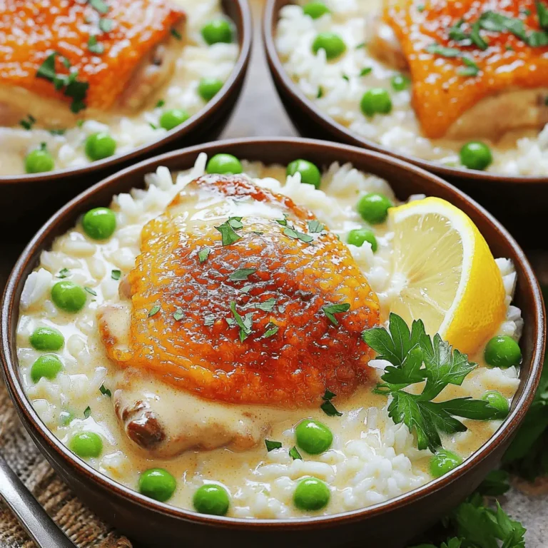 - 4 boneless, skinless chicken thighs - 1 cup white rice - 2 cups chicken broth - 1 cup heavy cream - 1 medium onion, diced - 3 cloves garlic, minced - 1 teaspoon dried thyme - 1 teaspoon smoked paprika - 1 cup frozen peas - 2 tablespoons olive oil - Salt and pepper to taste - Fresh parsley, finely chopped, for garnish