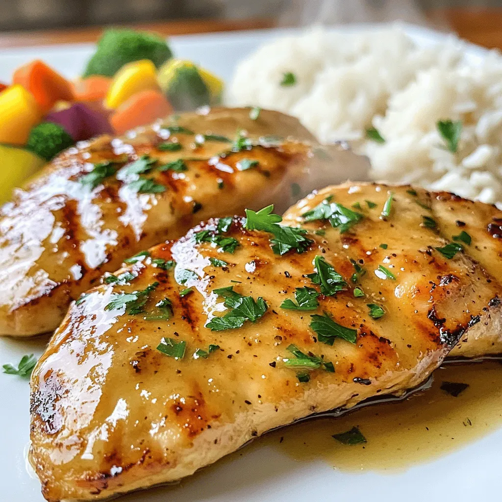- 4 boneless, skinless chicken breasts - 4 tablespoons of unsalted butter, divided - 6 cloves of garlic, finely minced - 1 teaspoon dried thyme - 1 teaspoon smoked paprika - 1 teaspoon onion powder - Salt and freshly ground black pepper, to taste - 1 cup chicken broth - 1 tablespoon fresh lemon juice - Fresh parsley, chopped (for garnish) For this recipe, I use boneless, skinless chicken breasts. They cook fast and stay juicy. The unsalted butter adds a rich flavor. Fresh garlic brings a bold taste that everyone loves. I like to mix dried herbs, like thyme and smoked paprika, to give it warmth. Onion powder adds depth. Don't forget salt and pepper to bring it all together. - Fresh parsley for garnish - Chicken broth - Fresh lemon juice To make the dish even better, I suggest adding fresh parsley. It brightens the look and taste. Chicken broth boosts the flavor of the sauce. A splash of fresh lemon juice adds a nice zing that balances the richness. - Steamed vegetables - Rice or quinoa - Salad options For sides, I love steamed vegetables. They add color and nutrients. Rice or quinoa are great for soaking up the sauce. You can also serve a fresh salad. These pairings make the meal complete. For the full recipe, check out Garlic Butter Chicken Delight! To start, pat the chicken breasts dry. Use paper towels to soak up any moisture. This step helps the chicken sear well. Next, season both sides with salt, pepper, thyme, smoked paprika, and onion powder. Make sure the seasonings cover the chicken evenly. This adds great flavor. Heat a large skillet over medium heat. Add 2 tablespoons of butter and let it melt. Once it bubbles, place the seasoned chicken breasts in the skillet. Cook for about 5-7 minutes on each side. The chicken should turn golden brown and reach an internal temperature of 165°F (75°C). Remove the chicken from the skillet and set it aside on a plate. In the same skillet, add the remaining 2 tablespoons of butter. Once melted, add the minced garlic. Sauté the garlic for 1-2 minutes. Keep an eye on it to avoid burning. Burning garlic will make it taste bitter. After that, pour in the chicken broth and lemon juice. Stir well to mix all the ingredients. Use a wooden spoon to scrape any bits stuck to the bottom of the skillet. This adds rich flavor to your sauce. Let it simmer for about 3-5 minutes to reduce slightly. Return the cooked chicken breasts to the skillet. Make sure they are well-coated with the garlic butter sauce. Use a spoon to baste the chicken with the sauce. Cook for an additional 2-3 minutes. This helps the chicken absorb all those wonderful flavors. Before serving, sprinkle the chicken with freshly chopped parsley for a pop of color and freshness. For the full recipe, refer to the Garlic Butter Chicken Delight. Searing chicken gives a nice brown crust. It locks in juices and adds flavor. To sear, heat your pan and use butter. Place the chicken in the hot pan and don’t move it for a few minutes. This helps form a crust. Baking is another great option. It cooks the chicken evenly. Use lower heat for a longer time. This makes the chicken juicy and tender. A meat thermometer helps with both methods. Aim for 165°F (75°C) for safe eating. This ensures your chicken is fully cooked. Herbs and spices boost flavor. You can try fresh rosemary or basil for a twist. These pair well with garlic and butter. For a spicy kick, add red pepper flakes. This gives the dish a nice heat. You can also add vegetables to your garlic butter chicken. Think about using bell peppers or broccoli. They add color and nutrients. Just sauté them in the garlic butter for a few minutes before adding the chicken. This way, they soak up all that delicious flavor. Plating is key for a great meal. Start with a clean plate. Place the chicken in the center. Drizzle extra garlic butter sauce over the top. This makes it look appealing. For a pop of color, sprinkle fresh parsley on top. You can also add lemon wedges on the side. They add brightness and freshness to the dish. Serve with rice or steamed veggies to complete the meal. Enjoy your beautiful garlic butter chicken! For the complete process, check out the Full Recipe. {{image_4}} You can switch chicken for shrimp or tofu in this dish. Shrimp cooks fast and brings a sweet flavor. Sauté shrimp for about 2-3 minutes per side. For tofu, use firm or extra-firm tofu. Press the tofu to remove moisture and cut it into cubes. Cook the tofu in butter until it’s golden brown, about 5-7 minutes. Each protein brings a unique taste to garlic butter sauce. Adding cream can make the sauce richer and creamier. Simply stir in half a cup of heavy cream after cooking the garlic. This will give a smooth texture. If you like heat, add red pepper flakes. Start with a pinch and adjust to your taste. This will spice up your garlic butter chicken and add extra depth. Use seasonal vegetables to brighten your dish. In spring, try asparagus or peas. In fall, add roasted squash or Brussels sprouts. Fresh herbs also change with the season. Use basil in summer, or thyme in winter. Adjusting your recipe with these ingredients keeps it fresh and exciting. For the full recipe, check out the Garlic Butter Chicken Delight. After you enjoy your garlic butter chicken, store leftovers in an airtight container. This keeps the chicken fresh and tasty. Place it in the fridge within two hours of cooking. For best results, eat leftovers within 3-4 days. If you want to save it longer, freeze it. Wrap the chicken tightly in plastic wrap before placing it in a freezer-safe bag. This helps prevent freezer burn. When you’re ready to eat your leftovers, use the oven or a skillet. These methods keep the chicken juicy. If using an oven, preheat it to 350°F (175°C). Place the chicken in a dish and cover it with foil. Heat for about 15-20 minutes. In a skillet, add a splash of chicken broth and reheat over low heat. This helps maintain flavor and moisture. Avoid using a microwave if you can. It can dry out the chicken. Garlic butter chicken lasts about 3-4 days in the fridge. Check for any bad smells or changes in color or texture. If you see any signs of spoilage, it’s best to throw it away. When frozen, garlic butter chicken can last up to three months. Just remember to label your containers, so you know when to use them. Cook garlic butter chicken for about 15-20 minutes. Start with 5-7 minutes per side. Use medium heat to get a nice golden color. Always check the internal temperature. It should reach 165°F (75°C). This ensures the chicken is safe to eat. The cooking time may vary based on thickness. Thicker pieces may take a bit longer. Yes, you can use frozen chicken. Just remember to adjust your cooking time. Start by thawing the chicken in the fridge overnight. If you are in a rush, you can cook it straight from frozen. Increase the cooking time by 5-10 minutes. Check the internal temperature to ensure it is safe to eat. If you need a garlic substitute, try garlic powder or garlic salt. You can also use shallots for a milder flavor. Onion powder can add some depth as well. If you want a different taste, consider using fresh herbs like basil or thyme. They won't taste the same but will still add flavor. Garlic butter chicken can fit into a healthy diet. It has protein from chicken and healthy fats from butter. However, it is high in calories due to the butter. You can lighten it by using less butter or swapping in olive oil. Serve it with veggies or whole grains for balanced meals. Always watch portion sizes to maintain good health. For more details, check the Full Recipe. Garlic butter chicken is a simple dish with rich flavors. We covered the basic ingredients, key cooking techniques, and tips for perfecting the recipe. You can enhance flavors with fresh herbs or try different proteins. Leftovers can be stored and reheated easily, making this a practical choice. Overall, this dish is versatile and satisfying. With these steps, you can create a delightful meal for any occasion. Enjoy cooking, experimenting, and serving your garlic butter chicken!
