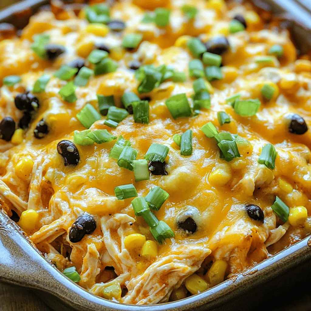 - 2 cups cooked chicken, shredded - 1 cup buffalo sauce - 1 cup cooked rice - 1 cup black beans - 1 cup corn - 1 cup shredded cheddar cheese - 1 cup cream cheese, softened - 1/2 cup ranch dressing - 1 teaspoon garlic powder - 1 teaspoon onion powder - 1/2 teaspoon smoked paprika - 1/2 teaspoon salt - 1/4 teaspoon black pepper - 1/4 cup green onions, chopped When you make Loaded Buffalo Chicken Casserole, you need quality ingredients. Start with cooked chicken. You can use leftover rotisserie chicken or cook your own. Shredded chicken gives the best texture. Next, choose your buffalo sauce. I love using a spicy, tangy sauce. Adjust the heat to fit your taste. If you want a milder dish, use less sauce. For the rice, you can select white or brown. Both work well here and add great texture. Black beans add protein and fiber. They also balance out the flavors. Corn is a must for sweetness. You can use fresh, frozen, or canned. Each option adds a unique taste. Cream cheese adds a creamy base. Make sure it is softened. This helps it mix easily. Ranch dressing brings in a cool flavor. Spices like garlic powder and onion powder enhance the dish. Smoked paprika adds depth. Don’t skip the salt and pepper. They bring out all the flavors. Finally, garnish with green onions. They add a fresh touch. You can also sprinkle more cheese on top before baking for extra gooeyness. For the full recipe, check the details in the earlier section. - Choosing the right buffalo sauce: Look for sauces with good flavor and spice. This is key for a tasty casserole. - Opting for homemade vs store-bought ranch dressing: Homemade can be fresher. But store-bought is easier and still tasty. - Alternatives for shredded chicken: Try turkey or even tofu for a twist. You can also use canned chicken for a quick option. 1. Preheat your oven to 350°F (175°C). This step is key for even cooking. 2. In a large bowl, mix the shredded chicken, buffalo sauce, cooked rice, black beans, corn, softened cream cheese, ranch dressing, garlic powder, onion powder, smoked paprika, salt, and black pepper. Stir well until everything blends smoothly. 3. Grease a 9x13 inch baking dish with cooking spray or a bit of oil. This keeps the casserole from sticking. 1. Pour the chicken mixture into your greased baking dish. Spread it out evenly to ensure every bite is tasty. 2. Top the mixture with shredded cheddar cheese. If you love cheese, feel free to add more! 3. Bake in the preheated oven for 25-30 minutes. Look for cheese that is melted, bubbly, and slightly golden. 1. After baking, let the casserole sit for about 5 minutes. This helps it set and makes serving easier. 2. Just before you serve, sprinkle chopped green onions on top for a fresh taste. 3. For fun, consider serving it in individual ramekins. It makes for a great presentation and easy serving! For the complete process, check the Full Recipe for Loaded Buffalo Chicken Casserole. To make your loaded buffalo chicken casserole shine, start with the cream cheese. Ensure it is fully mixed into the chicken and sauce. This gives you a creamy base that holds everything together. If you like heat, adjust the spice level in your buffalo sauce. Add more sauce for extra kick or less for a milder flavor. After baking, let the casserole sit for about five minutes. This helps it set, making it easier to serve. Watch out for overbaking your casserole. Check it at 25 minutes. If the cheese is golden and bubbly, it’s done! Also, don’t skip greasing the dish. A little spray or oil prevents sticking and makes cleanup easy. Finally, use enough cheese on top. Cheese adds flavor and keeps the casserole moist. You want a nice, cheesy crust to enjoy! {{image_4}} You can easily switch out proteins in this recipe. Try using ground turkey or tofu for a different taste. Both options work well with the buffalo sauce. If you need a gluten-free dish, use quinoa or cauliflower rice instead of regular rice. For those who avoid dairy, replace cream cheese with a dairy-free alternative, like cashew cream or avocado. These substitutions keep the dish tasty while fitting different diets. Adding veggies boosts the flavor and nutrition. Bell peppers, spinach, or even diced tomatoes can enhance your casserole. If you want more heat, add jalapeños or crushed red pepper to the mix. You can also switch up the cheese. Try pepper jack for a spicy kick or mozzarella for a milder flavor. Each change gives your casserole a new twist. Get creative with how you serve this dish. You can make it a dip by serving it warm with tortilla chips. For a fun twist, create a burrito bowl with rice, beans, and your casserole on top. You can even layer the casserole with tortillas to make a unique baked dish. Each serving style makes it fun and fresh. For the full recipe, check out the detailed instructions above! Store any leftover loaded buffalo chicken casserole in the fridge. Use airtight containers to keep it fresh. Glass or plastic containers work well. Make sure to let the casserole cool first. Cover it tightly to avoid drying out. Leftovers should last about four days in the fridge. To freeze the casserole, place it in a freezer-safe dish. Make sure it has cooled down. Cover it tightly with foil or plastic wrap. You can also use an airtight container. It will keep in the freezer for about three months. When you're ready to eat, thaw it in the fridge overnight. Reheat in the oven at 350°F (175°C) until hot. In the fridge, your loaded buffalo chicken casserole lasts about four days. Check for any signs of spoilage. If it smells off or has a strange color, throw it away. Always trust your senses. When stored properly, this dish remains delicious for days! Loaded Buffalo Chicken Casserole is a creamy, spicy dish. It combines shredded chicken, rice, and cheese with zesty buffalo sauce. You bake it until bubbly, then serve it warm. This meal is perfect for family dinners or game days. It takes about 15 minutes to prep and 25-30 minutes to cook. So, in total, you need about 55 minutes from start to finish. This makes it a quick and satisfying meal option. Yes, you can make it ahead! Prepare the casserole and cover it tightly. Store it in the fridge for up to 24 hours before baking. When you are ready to cook, just pop it in the oven. You may need to add a few extra minutes to the baking time. The level of spice depends on the buffalo sauce you choose. If you want less heat, use a milder sauce. You can also mix in some cream cheese or ranch dressing to tone it down. Adjust the spice to fit your taste! This loaded buffalo chicken casserole combines simple, tasty ingredients into a satisfying dish. You have chicken, rice, beans, and cheese, all layered with delicious flavors. Remember to avoid common mistakes, like overbaking. Feel free to try variations, like different proteins or spices. Proper storage will keep your leftovers fresh. With this guide, you can create a meal that delights friends and family. Enjoy the cooking process and make it your own!