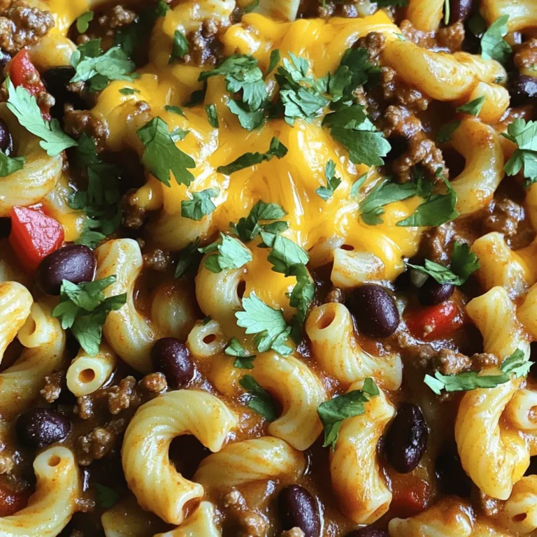 To make a tasty Skillet Chili Mac, gather these key ingredients: - 1 lb ground beef or turkey - 1 medium onion, finely chopped - 3 cloves garlic, minced - 1 red bell pepper, diced - 1 can (15 oz) kidney beans, drained and rinsed - 1 can (15 oz) black beans, drained and rinsed - 1 can (14.5 oz) diced tomatoes, including juice - 2 cups beef broth (or vegetable broth for a lighter option) - 2 cups elbow macaroni - 3 tablespoons chili powder - 1 teaspoon ground cumin - 1 teaspoon smoked paprika - Salt and freshly ground black pepper to taste - 1 cup shredded sharp cheddar cheese - Fresh cilantro, chopped, for garnish These ingredients bring rich flavors and textures to your Skillet Chili Mac. The ground meat adds protein, while the beans give fiber and heartiness. The diced tomatoes and broth form a savory base. The spices create warmth and depth. Finally, the cheese and cilantro add the finishing touch, making each bite a delight. For the full recipe, check out the Skillet Chili Mac Delight . 1. Start by heating a large skillet over medium heat. 2. Add the ground beef or turkey and cook. Stir until the meat is brown, about 5 to 7 minutes. 3. If there is extra fat, drain it off. 4. Toss in the chopped onion, minced garlic, and diced red bell pepper. 5. Sauté for about 5 minutes until the veggies soften. 6. Next, add in the spices. Sprinkle chili powder, cumin, smoked paprika, salt, and pepper. 7. Stir well to coat the meat and veggies with the spices. 1. Pour in the diced tomatoes with their juice. 2. Add the beef broth, kidney beans, black beans, and elbow macaroni. 3. Mix everything well to combine. 4. Increase the heat to bring it to a gentle boil. 5. Once boiling, reduce the heat and cover the skillet. 6. Let it simmer for about 15 minutes. Stir occasionally until the pasta is cooked al dente. 1. After 15 minutes, remove the lid. 2. Stir in half of the shredded cheddar cheese until it melts into the dish. 3. Taste your skillet chili mac. Adjust seasoning with more salt or pepper if needed. 4. Serve hot with the remaining cheese on top. 5. Garnish with fresh cilantro for a burst of flavor. For the complete recipe, check the [Full Recipe]. To make your skillet chili mac shine, you need the right tools. A large skillet or Dutch oven works best. A wooden spoon helps mix your ingredients well. A can opener is handy for the beans and tomatoes. Use a knife and cutting board for chopping. Here are some tips to boost flavor: - Sauté the onion, garlic, and bell pepper until soft. This adds depth. - Use fresh spices whenever possible. They give a stronger taste. - Taste as you cook. Adjust salt and pepper for your liking. Presentation matters! Serve your chili mac in deep bowls. Top each serving with extra cheese. Add a sprinkle of cilantro for color. A drizzle of olive oil or a dollop of sour cream can enhance the look and flavor. For sides, consider: - A fresh green salad with a light vinaigrette. - Cornbread for a sweet contrast. - Tortilla chips for some crunch. You can easily change the spice level. Add more chili powder for heat. Want it milder? Cut back on the spices. If you prefer vegetarian or vegan options, swap the meat for lentils or mushrooms. Use vegetable broth instead of beef broth. You can also use vegan cheese for a dairy-free dish. Making these adjustments lets you create a chili mac that suits your taste. For the full recipe, check out the complete details. {{image_4}} You can easily change the meat in this dish. Ground chicken or turkey work well. If you prefer plant-based options, try lentils or a meat substitute. These swaps keep the dish tasty while catering to different diets. You can also switch up the pasta. Instead of elbow macaroni, use penne or shells. You can also try grains like quinoa or farro for a unique twist. These options add a different texture and flavor to your Skillet Chili Mac. Want to spice things up? Add more chili powder or a dash of cayenne. You can also mix in fresh herbs like basil or oregano. These flavors brighten up the dish and make it more complex. For a fun twist, toss in corn for sweetness or jalapeños for heat. Both add great texture and flavor. You can also try adding cream cheese. It makes the dish creamy and rich. Different cultures have their own versions of chili mac. For a Tex-Mex style, add black olives or avocado. You can serve it with tortilla chips for crunch. If you want an Italian spin, try adding Italian sausage and using marinara sauce instead of broth. Top it with mozzarella cheese for a cheesy finish. These regional takes add fun flavors to your meal. For the full recipe, be sure to check out the Skillet Chili Mac Delight. Store leftover Skillet Chili Mac in an airtight container. It keeps well in the fridge for up to three days. Make sure to let it cool first before sealing the container. This helps prevent moisture build-up, which can spoil the dish. I recommend using glass containers for better heat retention and easy microwave use. You can freeze Skillet Chili Mac for longer storage. First, let it cool completely. Then, place it in a freezer-safe container. Try to remove as much air as possible to prevent freezer burn. When you're ready to eat, thaw it in the fridge overnight. To reheat, use the microwave or heat it in a skillet on low. Stir often to heat evenly. Enjoy the warmth and comfort of this dish even on busy nights! For the full recipe, check out the Skillet Chili Mac Delight. How long does Skillet Chili Mac last in the fridge? Skillet Chili Mac lasts about 3 to 5 days in the fridge. Store it in an airtight container. Make sure to cool it down first before sealing. Can I make Skillet Chili Mac ahead of time? Yes, you can make this dish ahead of time. It is easy to reheat, and the flavors deepen overnight. Just keep it in the fridge until you're ready to serve. What can I substitute for elbow macaroni? You can use any short pasta like penne or fusilli. Gluten-free pasta works too! Just adjust the cooking time based on the type of pasta you choose. Is it possible to make this dish gluten-free? Yes, it is simple to make Skillet Chili Mac gluten-free. Use gluten-free pasta and ensure your broth is gluten-free as well. How do I know when the pasta is cooked perfectly? Check the pasta for a tender yet firm texture, known as "al dente." It should have a slight bite when you taste it. Can I use canned chili instead of making my own? Absolutely! Canned chili can save time. Just heat it in the skillet before adding pasta and beans. Adjust spices to fit your taste. For more details on preparing and enjoying this dish, refer to the Full Recipe. In this blog post, we explored how to make a delicious Skillet Chili Mac. We covered the key ingredients and detailed step-by-step instructions for preparation and cooking. I shared tips to perfect the dish and even suggested fun variations and storage methods. Remember, you can adjust flavors to your liking. Try different meats, spices, or pasta to make it your own. Enjoy creating this tasty dish that suits your taste and preferences. Happy cooking!