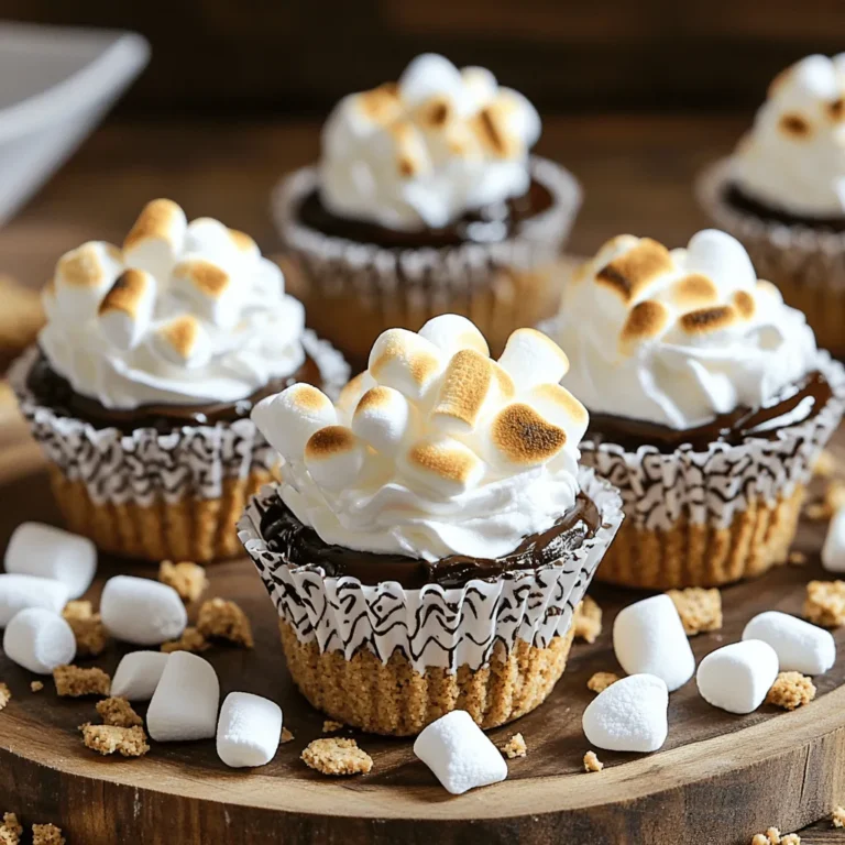 - 1 cup graham cracker crumbs - 1/4 cup unsalted butter, melted - 2 tablespoons granulated sugar - 1 cup milk chocolate chips - 1 cup mini marshmallows - 1/2 cup whipped cream - 1/4 teaspoon pure vanilla extract - Optional: chocolate syrup for drizzling When you make Frosty S'more Cups, you need simple ingredients. The graham cracker crumbs give a nice crunch. Melted butter binds the crumbs together for a solid crust. A bit of sugar adds extra sweetness. You will need milk chocolate chips for that classic s'mores taste. Mini marshmallows top the chocolate and bring that fluffy texture. Whipped cream adds a light, creamy touch. A splash of vanilla extract boosts the flavor. If you want, drizzle some chocolate syrup to make it extra special. - Gluten-free graham crackers - Dairy-free chocolate chips - Alternative sweeteners If you need to swap ingredients, it's easy. Use gluten-free graham crackers if you have a gluten issue. Dairy-free chocolate chips work well for a dairy-free option. You can use honey or maple syrup instead of granulated sugar. - Caloric breakdown per serving - Macronutrient details Each serving of Frosty S'more Cups is around 200 calories. You get carbs from the graham crackers and sugar. The chocolate and whipped cream add some fat. Each cup has a nice mix of sweet and creamy flavors. Enjoy this treat in moderation to balance your diet! - Preheat the oven to 350°F (175°C). - Prepare the graham cracker crust. In a bowl, mix graham cracker crumbs, melted butter, and sugar. Stir until it looks like wet sand. - Bake crusts until golden, about 5-7 minutes. They should be firm. - Melt the chocolate chips by sprinkling them on the warm crusts. Return to the oven for 2-3 minutes. Watch closely so they don’t burn. - Top with marshmallows, filling each cup to the edge. - Broil the marshmallows for 1-2 minutes. Keep an eye on them. You want them golden brown. - Prepare whipped cream by whisking it with vanilla until smooth. - Add a generous scoop of whipped cream to each cup. - Drizzle chocolate syrup over the whipped cream for extra flavor. - Chill in the fridge for about 30 minutes. This makes the cups frosty and refreshing. For the full recipe, check the detailed instructions above and enjoy your treat! To make a firm crust, combine graham cracker crumbs, melted butter, and sugar well. Mix until it feels like wet sand. Press this mix into muffin liners. This step helps keep the cups strong. A muffin liner makes it easy to remove the cups later. Broiling marshmallows adds a nice touch. Set your oven to broil and watch closely. Place the cups in the oven for just 1-2 minutes. This way, they become golden brown without burning. Always keep an eye on them to avoid any mishaps. For a great presentation, serve the cups in their liners. Arrange them on a fun platter. You can sprinkle crushed graham crackers on top for flair. A few whole marshmallows add extra charm. Pair these cups with milk or hot cocoa for a classic treat. Enjoy every bite! {{image_4}} You can easily change the flavor of your Frosty S'more Cups. Adding peanut butter or Nutella gives a rich taste. Spread either on top of the chocolate layer before adding marshmallows. This twist adds creaminess and depth. Using dark chocolate instead of milk chocolate also works well. Dark chocolate has a bold flavor that pairs nicely with marshmallows. It adds a unique touch to this classic dessert. If you want vegan alternatives, swap milk chocolate for dairy-free chocolate chips. Use coconut cream instead of whipped cream for a delightful vegan topping. For low-sugar variations, explore using sugar substitutes. Stevia or monk fruit sweetener can replace granulated sugar in the crust. Adjust the amount based on your preferred sweetness level. These options make the dessert fit various dietary needs without losing taste. Serving your s'more cups in a bowl can be fun and playful. Layer the crust, chocolate, and marshmallows in a small cup for a lovely treat. You can also incorporate fruit toppings like sliced strawberries or bananas. The fruit adds freshness and color, making the dessert even more attractive. These creative serving ideas will impress your guests and elevate your dessert experience. For the full recipe, check out the details above. To store leftovers, place them in an airtight container. This keeps them fresh. You can refrigerate the cups for up to four days. If you want to freeze them, wrap each cup tightly in plastic wrap. Then, place them in a freezer bag. They can last for up to three months in the freezer. When freezing, make sure the cups are fully cooled first. This helps prevent ice crystals. Thaw them in the fridge overnight before enjoying them again. The shelf life of Frosty S'more Cups is important for taste. They can stay fresh in the fridge for up to four days. Look for signs of spoilage. If the whipped cream looks watery or the chocolate appears dull, it’s time to toss them. Keep an eye on the marshmallows too. If they become hard or sticky, they are no longer good to eat. To properly reheat your Frosty S'more Cups, use the oven for the best results. Preheat the oven to 350°F (175°C). Place the cups on a baking sheet and heat for about 5 minutes. This warms them without making them soggy. You can also use a microwave for a quick fix. Heat them for about 10-15 seconds. Be careful not to overheat, as this can ruin the texture. Enjoy your delicious treat warm or cold! Frosty S'more Cups are a fun twist on the classic s'more. They feature a crunchy graham cracker crust, rich chocolate, and fluffy marshmallows. Each cup is a perfect bite of sweet goodness. You bake the crust, melt the chocolate, and top it with toasted marshmallows. Finally, you add whipped cream for an extra treat. These cups are a delightful way to enjoy s'mores, especially in warm weather. Yes, you can prep Frosty S'more Cups ahead of time. Follow the steps to bake the crust and add the chocolate. You can store the cups in the fridge after adding the marshmallows. Just broil them right before serving for the best taste. This makes it easy when you have guests or want a quick dessert. You can easily customize your Frosty S'more Cups. Try using different chocolate types, like dark or white chocolate. You can also mix in peanut butter or Nutella for a creamy twist. If you want a fruity flavor, add a layer of fresh berries. Get creative and use what you love to make it your own! Absolutely! You can make a no-bake version of Frosty S'more Cups. Instead of baking the crust, mix graham cracker crumbs with melted butter and press them into cups. Chill them in the fridge until firm. Then, layer chocolate and marshmallows on top. This will give you a similar treat without the oven. Enjoy your Frosty S'more Cups with ease! Frosty S'more Cups are a fun treat you can make easily at home. We covered the ingredients needed, including graham cracker crumbs and chocolate chips. I shared step-by-step instructions to help you create the perfect dessert. Tips for perfecting the crust and creative variations add personal flair. Remember to store leftovers properly for the best taste. Enjoy this tasty treat anytime and feel free to customize it to your liking! Now, get started on your Frosty S'more Cups and enjoy the delicious results.