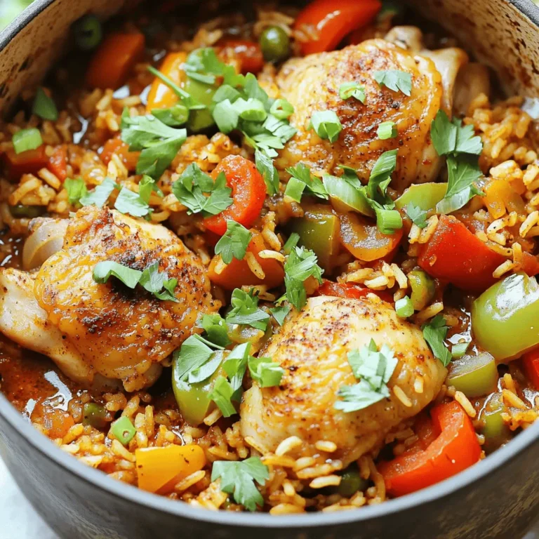 - 1.5 lbs chicken thigh fillets, diced - 1 cup long-grain rice, rinsed - 1 medium onion, finely chopped - 2 cloves garlic, minced - 1 teaspoon smoked paprika - 1 teaspoon Cajun seasoning - 1/2 teaspoon dried thyme - Salt and black pepper to taste - 2 green onions, chopped - Fresh parsley, chopped When making One Pot Chicken and Dirty Rice, using the right ingredients is key. I love chicken thighs because they stay juicy as they cook. Dice them into bite-sized pieces for even cooking. Rinsing the rice helps remove excess starch, keeping the dish from getting sticky. Onions and garlic form the base of flavors. They add sweetness and depth. Don't skip the spices! Smoked paprika gives a rich, smoky taste. Cajun seasoning adds a kick of heat. Dried thyme brings a lovely earthy note. For garnish, green onions and parsley not only add color but also freshness. They brighten the dish right before serving. For the full recipe, you can refer to the detailed instructions above. First, heat olive oil in a large pot over medium heat. Once hot, add the diced chicken. Season it with salt and black pepper. Sear the chicken for about 5 to 7 minutes. Stir occasionally until it’s browned on all sides. After cooking, transfer the chicken to a plate and set it aside. In the same pot, add the chopped onion and diced bell pepper. Cook for about 3 to 4 minutes. You want the onions to turn translucent and the peppers to soften. Then, add the minced garlic. Sauté for another minute until it smells fragrant. Now, stir in the rinsed rice, smoked paprika, Cajun seasoning, and dried thyme. Toast the rice with spices for about 1 minute. This helps the rice absorb the flavors. Next, pour in the diced tomatoes and chicken broth. Don’t forget to return the browned chicken to the pot. Stir everything to combine well. Bring the mixture to a gentle boil. Once it starts boiling, reduce the heat to low. Cover the pot with a lid. Simmer for 25 to 30 minutes. The rice should be tender and have absorbed most of the liquid. Avoid lifting the lid during cooking for even steam. After cooking, remove the pot from heat. Let it sit, covered, for an additional 5 minutes. This resting time helps the flavors meld together. Afterward, use a fork to fluff the rice gently. Adjust the seasoning with more salt or pepper as needed. Serve the chicken and dirty rice hot. Garnish it with freshly chopped green onions and parsley for a pop of color. Enjoy your flavorful meal! For the full recipe, check out the detailed instructions included. To get the best rice, avoid lifting the lid while it cooks. Each time you lift the lid, steam escapes. This steam helps cook the rice fully and evenly. Follow the recipe's liquid amounts for the right texture. If you want softer rice, add a bit more broth. For firmer rice, use a bit less. If you don’t have chicken thighs, you can try chicken breasts or drumsticks. Just remember that drumsticks take a bit longer to cook. For chicken breasts, reduce the cooking time by a few minutes. Always check that the chicken is cooked through before serving. Want to kick up the flavor? Add more spices or herbs to the mix. Fresh thyme, basil, or even a touch of cayenne can give it a nice kick. You can also throw in extra vegetables like carrots, celery, or green beans. These add color and nutrition, making the dish even better. {{image_4}} You can switch up the protein in this dish easily. If you want a seafood twist, use shrimp. Just add them during the last few minutes of cooking. They will cook quickly and add a nice flavor. You could also try sausage. Slice it up and add it with the chicken. The sausage will lend a smoky taste to the rice. For a vegetarian option, consider using beans. Black beans or kidney beans work great. They add protein and fiber. Just stir them in when you add the rice. This way, you keep the dish hearty and satisfying without meat. To change the flavor profile, play with spices. Try adding cumin or coriander for a warm kick. You can also mix in some cayenne pepper for heat. Fresh herbs like cilantro or parsley can brighten the dish. Add them right before serving for a fresh touch. You can also incorporate tropical fruits, like pineapple or mango. Dice them and stir them in during cooking. The sweetness from the fruit balances the savory chicken and spices. It’s a fun twist that will surprise your taste buds. If you want a healthier option, switch to brown rice. It has more fiber and nutrients. However, it will need more cooking time, so adjust the broth as needed. This will keep your dish flavorful and nutritious. Another great alternative is quinoa. It cooks faster than rice and adds a nutty flavor. Rinse the quinoa before adding it to the pot. Use the same amount as rice, but cut back on the broth slightly. This will keep the dish from getting too watery. Feel free to mix and match these variations to create your perfect One Pot Chicken and Dirty Rice. For the full recipe, check out the earlier section! After enjoying your One Pot Chicken and Dirty Rice, store leftovers in the fridge. Use airtight containers to keep them fresh. Glass or BPA-free plastic containers work well. Make sure to let the food cool before sealing it. This helps avoid moisture buildup inside the container. Leftovers can last for about 3 to 4 days in the refrigerator. To enjoy your leftovers, you can reheat them in several ways. The microwave is quick and easy. Place the food in a microwave-safe bowl and cover it with a damp paper towel. Heat it in 1-minute intervals, stirring in between, until hot. You can also use the stovetop. Heat a pan over low heat, add a splash of broth or water, and stir in the chicken and rice. This method ensures even heating and keeps the dish moist. For long-term storage, you can freeze your One Pot Chicken and Dirty Rice. Allow it to cool completely before freezing. Portion the food into freezer-safe bags or containers. Squeeze out as much air as possible before sealing. This helps prevent freezer burn. When you want to eat it, thaw the dish overnight in the fridge. Reheat it on the stovetop or microwave until hot. Enjoy your meal again with great flavor! Yes, you can make this dish ahead of time. To prep, cook the chicken and rice as usual. Once cooked, let it cool. Then, store it in an airtight container in the fridge. This method keeps the flavors locked in. You can reheat it on the stove or in the microwave. Just add a splash of chicken broth to keep it moist. For this dish, long-grain rice works best. It cooks evenly and stays fluffy. Short-grain rice can become sticky and mushy. If you use brown rice, increase the cooking time and liquid. This change will give you a heartier texture. Yes, you can easily add heat. Use more Cajun seasoning or add hot sauce. Fresh jalapeños or crushed red pepper also work well. Start with a small amount and taste as you go. It’s easier to add than to take away. Leftovers can last up to three days in the fridge. Store them in a sealed container. For longer storage, freeze the dish for up to three months. Just thaw it overnight before reheating. This way, you keep the flavors fresh for later enjoyment. This blog covered ingredients, steps, and tips for making One Pot Chicken and Dirty Rice. We explored the main components, cooking techniques, and helpful variations. You learned how to enhance flavors and how to store leftovers smartly. Cooking this dish is easy and fun, with room for your own twist. I hope you feel excited to try it. Enjoy creating a delicious meal that brings joy to your table!