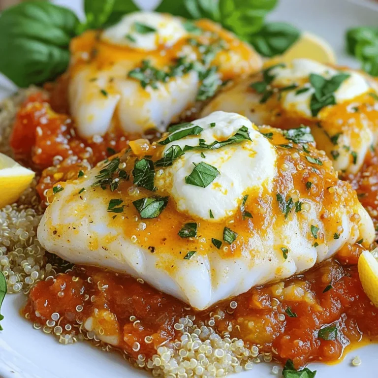 - Cod fillets - Crushed tomatoes - Olive oil - Onion and garlic - Dried herbs and spices - Fresh basil and lemon - Optional toppings For this dish, you need fresh and simple ingredients. First, we start with cod fillets. I recommend using skinless fillets that are about 6 ounces each. They cook well and are tasty. Next, grab a can of crushed tomatoes. This helps create the rich sauce we love. The tomatoes add a sweet and tangy flavor that pairs perfectly with the fish. You will also need olive oil. Extra virgin olive oil gives a nice depth to the sauce. Use about two tablespoons for the best taste. We can’t forget onion and garlic. A small onion, finely chopped, brings sweetness. Two minced garlic cloves add great aroma and flavor to the dish. For seasoning, you will want some dried herbs and spices. I use one teaspoon each of dried oregano and smoked paprika. These spices add warmth and a hint of smokiness. Freshness is key, so include fresh basil and lemon. You will need about a quarter cup of chopped basil and the zest and juice of one lemon. These ingredients brighten the dish and enhance the flavors. Lastly, consider some optional toppings. Slices of fresh mozzarella can be a delightful addition. They melt beautifully on top of the cod, adding creaminess. Now you have a full list of ingredients for your Mediterranean cod with tomato basil sauce. When you gather these items, you are ready to create a delicious meal. Check the Full Recipe for all the steps to follow! - Sautéing onion and garlic Start by heating the olive oil in a medium saucepan over medium heat. Add the finely chopped onion and sauté for about five minutes. You want it to turn soft and clear. Then, add the minced garlic and cook for one more minute. The garlic should smell great. - Adding tomatoes and seasonings Next, stir in the crushed tomatoes, dried oregano, smoked paprika, sea salt, and black pepper. Bring this mix to a light boil. Let it simmer for 10 to 15 minutes. This helps the sauce thicken and blend the flavors well. Afterward, remove it from the heat. Stir in the chopped basil, lemon zest, and lemon juice. Taste it to see if it needs more salt or pepper. - Seasoning the fillets While the sauce cools, preheat your oven to 375°F (190°C). In a baking dish, take your cod fillets and season both sides with sea salt and black pepper. Don't be shy; a good amount helps the fish shine. - Preheating the oven Make sure your oven is fully heated before you bake the cod. This step ensures even cooking. - Applying the sauce to cod Pour half of your tomato-basil sauce over the seasoned cod fillets. Make sure each fillet gets a nice coating. If you want, add a slice of fresh mozzarella on top of each piece. It melts into a delicious topping. - Covering and baking instructions Cover your baking dish with aluminum foil. Bake it in the preheated oven for 20 minutes. After this, carefully take off the foil. Bake for another 10 to 15 minutes. The cod should be opaque and flake easily with a fork. - Final touches before serving When the cod is done, spoon the remaining sauce over the fish. This lets the flavors soak in. Garnish with more fresh basil for a pop of color and taste. Serve it over quinoa or couscous for a complete meal. Enjoy your Mediterranean Cod with Tomato Basil Sauce! For the complete recipe details, check out the Full Recipe. - Choose fresh, firm cod fillets. Look for a bright, clean smell. - Avoid fillets that feel mushy or have dark spots. - Do not overcook the cod. It cooks quickly, so watch it closely. - Bake it just until it flakes easily with a fork. - Use fresh herbs like parsley and thyme for added taste. - A pinch of red pepper flakes can bring heat. - Try topping the cod with feta cheese for a salty kick. - Grated Parmesan can add a nice crust when baked. - Pair the cod with fluffy quinoa or couscous for a complete meal. - Serve with a side of steamed vegetables for color and crunch. - A lemon wedge on the plate adds brightness and freshness. - For a beautiful look, drizzle olive oil on top before serving. Explore the [Full Recipe] for more details on making this dish! {{image_4}} You may want to change the fish. Here are some great options: - Haddock: Similar texture and flavor. - Tilapia: A mild fish that cooks quickly. For a vegetarian twist, try this: - Eggplant: Roast slices until soft and flavorful. - Chickpeas: Use canned chickpeas for a hearty texture. You can serve the cod with various grains. Here are a few ideas: - Quinoa: Light and nutty, it pairs well. - Couscous: Quick-cooking and fluffy, it absorbs sauce. Try creating a Mediterranean platter. Include: - Olives: Add a briny bite for contrast. - Feta cheese: Crumble over the dish for creaminess. To give the sauce a twist, add vegetables. Consider these: - Bell peppers: Sweet and colorful, they enhance flavor. - Zucchini: Sauté until tender for extra texture. If you like heat, make a spicier version by: - Adding red pepper flakes: Start with a pinch and adjust. - Mixing in diced jalapeños: For bold flavor and kick. You can find the Full Recipe to explore more ideas! - Refrigerating tips: Place leftover Mediterranean cod in an airtight container. Make sure to cover it well. Store it in the fridge. Consume within three days for best taste. - Freezing instructions: If you want to freeze it, wrap the cod in plastic wrap, then place it in a freezer bag. Label the bag with the date. It can last up to three months in the freezer. - Best methods to reheat the cod: To reheat, the oven is best. Preheat it to 350°F (175°C). Place the cod in an oven-safe dish. Cover it with foil to keep it moist. Heat for about 15 minutes. - Avoiding texture changes: Avoid using the microwave. It can make the cod rubbery. If you must use it, heat in short bursts. Check often to prevent overcooking. Enjoy your meal as fresh as possible! Cooking cod takes about 30 to 35 minutes in total. First, you bake it for 20 minutes covered, then 10 to 15 minutes uncovered. This method helps keep the fish moist while allowing it to develop a nice texture. Yes, you can use fresh tomatoes! Just chop about 4 to 5 medium tomatoes. Cook them down like the canned ones. This adds a bright flavor to your sauce. I love serving Mediterranean cod with fluffy quinoa or tender couscous. You can also pair it with a fresh salad for a light touch. Lemon wedges add a nice zing, while extra virgin olive oil gives richness. Check if the cod is opaque and flakes easily with a fork. Use a food thermometer if you like; it should reach 145°F (63°C). This means your fish is safe and ready to eat. Absolutely! You can prepare the cod and sauce ahead of time. Just store them in separate containers in the fridge. When you're ready to eat, simply reheat and enjoy. For the full recipe, check out the detailed instructions above. This blog post covered a delicious Mediterranean cod recipe. We discussed ingredients, preparing the sauce, and baking the cod to perfection. I shared cooking tips and variations to make the dish your own. Remember to store leftovers properly and reheat to keep the flavors intact. Enjoy experimenting with this easy recipe and impress your family. Healthy and tasty meals are just a bake away. You can enjoy this dish in many ways! Make it your own, and happy cooking!