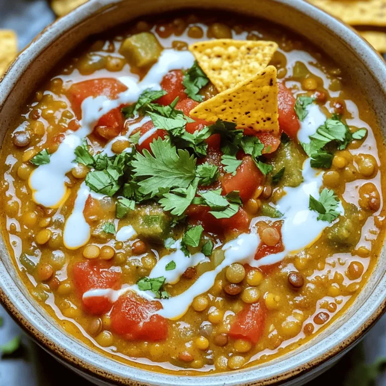 - 1 cup green or brown lentils, thoroughly rinsed - 1 medium onion, finely chopped - 2 cloves garlic, minced - 1 bell pepper (any color), diced - 2 medium ripe tomatoes, diced - 4 cups vegetable broth - 1 can (15 oz) full-fat coconut milk - 1 teaspoon ground cumin - 1 teaspoon smoked paprika - ½ teaspoon chili powder - Sea salt and freshly cracked black pepper, to taste - 1 tablespoon extra virgin olive oil - Juice of 1 lime - Fresh cilantro leaves, chopped, for garnish - Tortilla chips, for crunchy topping For a twist, try using red lentils instead of green. They cook faster and add a lovely hue. You can also swap coconut milk for cashew cream for a nutty flavor. This creamy vegan lentil tortilla soup is packed with nutrients. Each serving contains about 300 calories. You’ll get around 15 grams of protein and 10 grams of fiber. This soup also offers a good dose of vitamins A and C from the tomatoes and bell pepper. Lentils are a powerhouse of nutrition. They are high in protein and fiber, which aid digestion. They also help keep you full longer. Coconut milk adds creaminess and healthy fats. It can boost your energy and improve heart health. Fresh cilantro not only adds flavor but also provides vitamins K and C. It can help combat inflammation and aid digestion. Plus, it brightens up your soup, making it more appealing. 1. Heat the Oil: Start by heating the olive oil in a large pot over medium heat. Wait until it is hot. 2. Sauté the Onion: Add the chopped onion. Stir it for about 5 minutes until it is soft and clear. 3. Add Garlic: Toss in the minced garlic. Cook for one more minute while stirring. This makes the kitchen smell great. 4. Mix in Bell Pepper and Tomatoes: Add the diced bell pepper and tomatoes next. Cook for another 5 minutes to soften them. 5. Prepare the Lentils: Rinse your lentils well. Once the veggies are soft, stir in the lentils. 6. Combine Ingredients: Add the vegetable broth, coconut milk, cumin, smoked paprika, chili powder, and salt and pepper. Mix everything well. - Bring to Boil: Turn up the heat to bring the soup to a boil. Once bubbling, lower the heat. - Simmering: Cover the pot and let it simmer for 30-35 minutes. Check the lentils; they should be tender but not mushy. - Taste and Adjust: After simmering, taste the soup. You may want to add more salt or pepper. - Create Creaminess: Use an immersion blender to blend part of the soup. This gives it a creamy texture while keeping some lentils whole. - Garnish: Serve the soup in warm bowls. Add fresh cilantro on top. Finish with crispy tortilla chips for extra crunch. For a complete guide, check the Full Recipe. When making creamy vegan lentil tortilla soup, watch out for a few common mistakes. First, do not overcook the lentils. If they cook too long, they turn mushy and lose texture. Aim for tender lentils that still hold their shape. Second, avoid blending the soup too much. You want a mix of creamy and whole lentils for a great mouthfeel. Lastly, never skip steps that build flavor. Each ingredient adds depth, so take your time with the sautéing and seasoning. To boost the flavor of your soup, use spices and herbs wisely. Ground cumin and smoked paprika add warmth and depth. You might also try adding a pinch of cayenne for heat or oregano for an earthy touch. Fresh cilantro is a must for garnish—it brightens the dish! Layering flavors is key. Start by sautéing your onions and garlic, then build up with peppers and tomatoes. Each step should enhance the next, creating a rich, flavorful base. A few kitchen tools make this recipe easier. An immersion blender is essential for achieving that creamy texture. It lets you blend the soup right in the pot. If you don’t have one, a regular blender works too, but blend in small batches to avoid splashes. A heavy-bottomed pot is also important. It helps distribute heat evenly and prevents burning. Make sure you have a good knife and cutting board for chopping your veggies, too. {{image_4}} You can easily boost the protein in this creamy vegan lentil tortilla soup. Try adding tofu or beans. - Tofu: Use firm or extra-firm tofu. Cut it into small cubes and sauté until golden. Stir it into the soup before serving. - Beans: You can add black beans or kidney beans. Canned beans work well and save time. Rinse and drain them before adding. Both options keep the soup vegan. They add great texture and flavor without losing the dish's charm. Want to change the taste of your soup? Here are some ideas: - Spicy Version: Add more chili powder or some diced jalapeños. This will give your soup a kick. - Milder Version: Reduce the chili powder. You can also use sweet bell peppers to balance the heat. Feel free to mix in different veggies too. Carrots, zucchini, or corn can all add color and taste. For grains, quinoa or rice can also make the soup heartier. How you serve this soup can make it even better. Here are some fun ideas: - Sides: Pair it with a fresh salad or some warm bread. These sides can give a nice contrast to the soup. - Toppings: Top with avocado slices, a dollop of vegan sour cream, or more cilantro. You can also add more crispy tortilla chips for crunch. If you have leftovers, get creative! Use the soup as a sauce for grain bowls or over baked potatoes. The possibilities are endless. For the full recipe, check out the previous section. To keep your creamy vegan lentil tortilla soup fresh, follow these steps. First, let the soup cool down before storing. Use airtight containers to prevent air from getting in. Glass or BPA-free plastic containers work best. Make sure to label your containers with the date. This way, you’ll know how long they’ve been stored. When you’re ready to enjoy leftovers, reheat gently. You can use a saucepan over low heat or a microwave. If using the microwave, stir every minute to heat evenly. Check the texture as you go; it may thicken after sitting. If it’s too thick, add a splash of vegetable broth or water to adjust. This soup lasts in the fridge for about 4 to 5 days. If you freeze it, it can stay good for up to 3 months. Always check for signs of spoilage before eating. Look for changes in color or smell. If it smells off or looks strange, toss it. Enjoy your creamy vegan lentil tortilla soup with confidence! For the full recipe, check the earlier section. Yes, you can make this soup ahead of time. It tastes even better the next day! Here are some tips: - Cook and chill: Make the soup and let it cool down. - Store properly: Place it in an airtight container in the fridge. - Reheat gently: Warm the soup on the stove over low heat. Add a splash of water if it is too thick. Yes, this recipe can be gluten-free! When choosing tortilla chips, look for these options: - Corn tortilla chips: These are naturally gluten-free. - Check labels: Always read the package to be sure. You can still get a creamy texture without coconut milk. Here are some alternatives: - Cashew cream: Soak cashews and blend with water until smooth. - Silken tofu: Blend silken tofu into the soup for creaminess. - Blended potatoes: Cook and blend peeled potatoes into the soup. The right toppings can make this soup even better! Try these: - Fresh cilantro: Adds a nice pop of flavor and color. - Avocado slices: Creamy and rich, they pair well with the soup. - Lime wedges: Squeeze fresh lime juice for a zingy taste. - Tortilla chips: Crush them on top for a delightful crunch. For the full recipe, check out the details above! This blog post covered how to make a delicious soup with handy tips. You learned about key ingredients, nutritional benefits, and step-by-step cooking instructions. I shared common mistakes to avoid and how to enhance flavors, too. With variations and storage tips, you can tailor this dish to your taste. Remember, the right techniques and tools matter for a great result. Enjoy your cooking journey as you create the perfect soup!