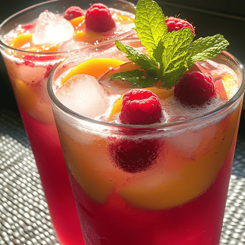 To make a fresh and tasty Raspberry Peach Lemonade, you need these simple ingredients: - 1 cup fresh raspberries - 2 ripe peaches, pitted and sliced - 4 cups cold water - 1 cup fresh lemon juice (about 4-6 lemons) - 1/2 cup granulated sugar (adjust for sweetness) - Fresh mint leaves for garnish - Ice cubes Each ingredient in this drink offers its own health perks. - <strong>Raspberries</strong>: These berries are full of vitamins and antioxidants. They help boost your immune system and fight inflammation. – <strong>Peaches</strong>: They are juicy and full of vitamins A and C. Peaches also support skin health and digestion. – <strong>Lemon Juice</strong>: This adds a zesty flavor and is high in vitamin C. It can help with hydration and digestion. – <strong>Mint</strong>: This herb adds freshness and may aid in digestion as well. You can switch out some ingredients if you need to. Here are some ideas: – Use frozen raspberries if fresh ones are not available. – Swap peaches for nectarines for a similar taste. – Replace granulated sugar with honey or agave nectar for a natural sweetener. – For a sugar-free version, try a sugar substitute like stevia. For the full recipe, refer to the section above. Enjoy your delightful and refreshing summer drink! To make your Raspberry Peach Lemonade, start with fresh fruit. Measure 1 cup of raspberries and slice 2 ripe peaches. Place them in your blender. Add half a cup of cold water to help them blend well. Blend on high speed until the mix is smooth. This should take about 30 seconds. Once it’s smooth, pour the mixture through a fine mesh sieve into a large pitcher. Use the back of a spoon to press the juice out. This helps remove seeds and pulp. After straining, add the remaining 3.5 cups of cold water to the pitcher. Next, pour in 1 cup of fresh lemon juice. This is about 4 to 6 lemons, depending on their size. Then add 1/2 cup of granulated sugar. Stir until the sugar dissolves completely. When blending, make sure the fruit is ripe. Ripe fruit gives the best flavor. If your blender struggles, add a bit more cold water. This helps it blend smoothly. While straining, be gentle but firm. Press lightly with the spoon to get more juice. Avoid rushing this step. If you skip straining, your lemonade may end up grainy. After mixing, taste your lemonade. If it’s too tart, add more sugar slowly. Stir and taste again until it’s just right. If it’s too sweet, add a splash more lemon juice or water. This balances the flavor perfectly. For a fun twist, try adding fresh mint leaves. They not only taste great but also look nice. Enjoy your refreshing Raspberry Peach Lemonade! For the full recipe, check the earlier section. To get the best flavor from your Raspberry Peach Lemonade, start with ripe fruit. Fresh raspberries and peaches bring sweetness and brightness. Make sure to taste your mixture as you go. If it needs more sweetness, add sugar slowly. Remember, you can always add more sugar, but you can’t take it out. Chill your lemonade before serving. This helps all the flavors mix and become refreshing. Garnishing your drinks adds a nice touch. Use fresh mint leaves for color and aroma. You can also add thin peach slices or a few whole raspberries for a pop of color. For a fun twist, consider a lemon wheel on the rim of the glass. This simple step makes your drink look fancy and inviting. This recipe serves about 4 to 6 people. If you are hosting a party, feel free to double the recipe. Just make sure to adjust the size of your pitcher. Serve in tall glasses filled with ice. This keeps the drink cold and refreshing. If you want a fun twist, offer a variety of drink sizes. Some may want a small taste while others prefer a full glass. {{image_4}} You can easily make a fun adult drink with this lemonade. Just add vodka, rum, or gin. Start with 1 to 2 ounces of your chosen spirit per glass. Mix it in after you pour the lemonade over ice. For a fruity twist, use peach vodka or raspberry liqueur. This adds a lovely depth of flavor. Make sure to serve it with fresh fruit slices for a nice touch. If you want a lighter drink, try using sugar substitutes. Stevia, erythritol, or monk fruit sweetener work well. Start with small amounts and taste as you go. You can also use sparkling water instead of regular water. This adds fizz without extra calories. A splash of soda water gives the drink a refreshing zing. Get creative with your lemonade! You can add herbs like basil or rosemary for a unique twist. Try muddling them with the fruit before blending. Add a splash of coconut water for a tropical feel. You can even mix in other fruits like strawberries or blueberries. Each change gives you a new flavor to enjoy. Store any leftover Raspberry Peach Lemonade in a clean pitcher. Cover it tightly with plastic wrap or a lid. This keeps out air and unwanted smells. Place it in the fridge. Always serve chilled for the best taste. Keep your fresh raspberries and peaches in the fridge. Store them in a paper bag or a vented container. This helps them breathe and stay fresh longer. Use them within a few days for the best flavor. Lemon juice should also be kept in the fridge. It can last about a week if sealed tight. Prepared Raspberry Peach Lemonade lasts about 3-5 days in the fridge. After that, the flavor starts to fade. Always check for any changes in taste or smell before drinking. If it looks cloudy, it’s better to toss it. Enjoy your lemonade while it’s fresh for the best experience! For the complete recipe, check the Full Recipe. You can use honey or agave syrup as a sweetener. Both options add a nice flavor. If you want a sugar-free option, try using stevia or monk fruit sweetener. These options are great for lowering calories while keeping the drink sweet. Adjust the amount based on your taste. Yes, you can make it ahead of time! I recommend making it a few hours before you plan to serve. This allows the flavors to mix well. Store it in the fridge in a sealed pitcher. Just remember to stir it well before serving. Visit local farmers’ markets for fresh fruit. They often have the ripest and sweetest options. If you can’t find a market, check your local grocery store. Look for bright colors and firm texture when choosing your fruit. For the best taste, pick fruit that is in season. You will love the flavor in your lemonade. This blog post walked you through making Raspberry Peach Lemonade. We started with the key ingredients and their health benefits. Then, I shared step-by-step instructions for preparation. You learned tips for flavor, serving sizes, and even variations, including alcoholic options and sugar-free ideas. In closing, enjoy this refreshing drink with your friends and family. It’s perfect for any occasion. You can customize it to fit your taste. Search for fresh ingredients, and you’ll make a great drink every time.” /></p>
</p>
<h2>Variations</h2>
</p>
<h3>Alcoholic Versions of Raspberry Peach Lemonade</h3>
<p>You can easily make a fun adult drink with this lemonade. Just add vodka, rum, or gin. Start with 1 to 2 ounces of your chosen spirit per glass. Mix it in after you pour the lemonade over ice. For a fruity twist, use peach vodka or raspberry liqueur. This adds a lovely depth of flavor. Make sure to serve it with fresh fruit slices for a nice touch.</p>
</p>
<h3>Sugar-Free and Low-Calorie Options</h3>
<p>If you want a lighter drink, try using sugar substitutes. Stevia, erythritol, or monk fruit sweetener work well. Start with small amounts and taste as you go. You can also use sparkling water instead of regular water. This adds fizz without extra calories. A splash of soda water gives the drink a refreshing zing.</p>
</p>
<h3>Creative Add-Ins and Flavor Combinations</h3>
<p>Get creative with your lemonade! You can add herbs like basil or rosemary for a unique twist. Try muddling them with the fruit before blending. Add a splash of coconut water for a tropical feel. You can even mix in other fruits like strawberries or blueberries. Each change gives you a new flavor to enjoy.</p>
</p>
<h2>Storage Info</h2>
</p>
<h3>How to Store Leftover Lemonade</h3>
<p>Store any leftover Raspberry Peach Lemonade in a clean pitcher. Cover it tightly with plastic wrap or a lid. This keeps out air and unwanted smells. Place it in the fridge. Always serve chilled for the best taste.</p>
</p>
<h3>Best Practices for Keeping Ingredients Fresh</h3>
<p>Keep your fresh raspberries and peaches in the fridge. Store them in a paper bag or a vented container. This helps them breathe and stay fresh longer. Use them within a few days for the best flavor. Lemon juice should also be kept in the fridge. It can last about a week if sealed tight.</p>
</p>
<h3>Shelf Life of Prepared Lemonade</h3>
<p>Prepared Raspberry Peach Lemonade lasts about 3-5 days in the fridge. After that, the flavor starts to fade. Always check for any changes in taste or smell before drinking. If it looks cloudy, it’s better to toss it. Enjoy your lemonade while it’s fresh for the best experience! For the complete recipe, check the Full Recipe.</p>
</p>
<h2>FAQs</h2>
</p>
<h3>What can I substitute for granulated sugar?</h3>
<p>You can use honey or agave syrup as a sweetener. Both options add a nice flavor. If you want a sugar-free option, try using stevia or monk fruit sweetener. These options are great for lowering calories while keeping the drink sweet. Adjust the amount based on your taste.</p>
</p>
<h3>Can I make Raspberry Peach Lemonade ahead of time?</h3>
<p>Yes, you can make it ahead of time! I recommend making it a few hours before you plan to serve. This allows the flavors to mix well. Store it in the fridge in a sealed pitcher. Just remember to stir it well before serving.</p>
</p>
<h3>Where can I find the best raspberries and peaches?</h3>
<p>Visit local farmers’ markets for fresh fruit. They often have the ripest and sweetest options. If you can’t find a market, check your local grocery store. Look for bright colors and firm texture when choosing your fruit. For the best taste, pick fruit that is in season. You will love the flavor in your lemonade.</p>
</p>
<p>This blog post walked you through making Raspberry Peach Lemonade. We started with the key ingredients and their health benefits. Then, I shared step-by-step instructions for preparation. You learned tips for flavor, serving sizes, and even variations, including alcoholic options and sugar-free ideas.</p>
</p>
<p>In closing, enjoy this refreshing drink with your friends and family. It’s perfect for any occasion. You can customize it to fit your taste. Search for fresh ingredients, and you’ll make a great drink every time.</p>
<div id=