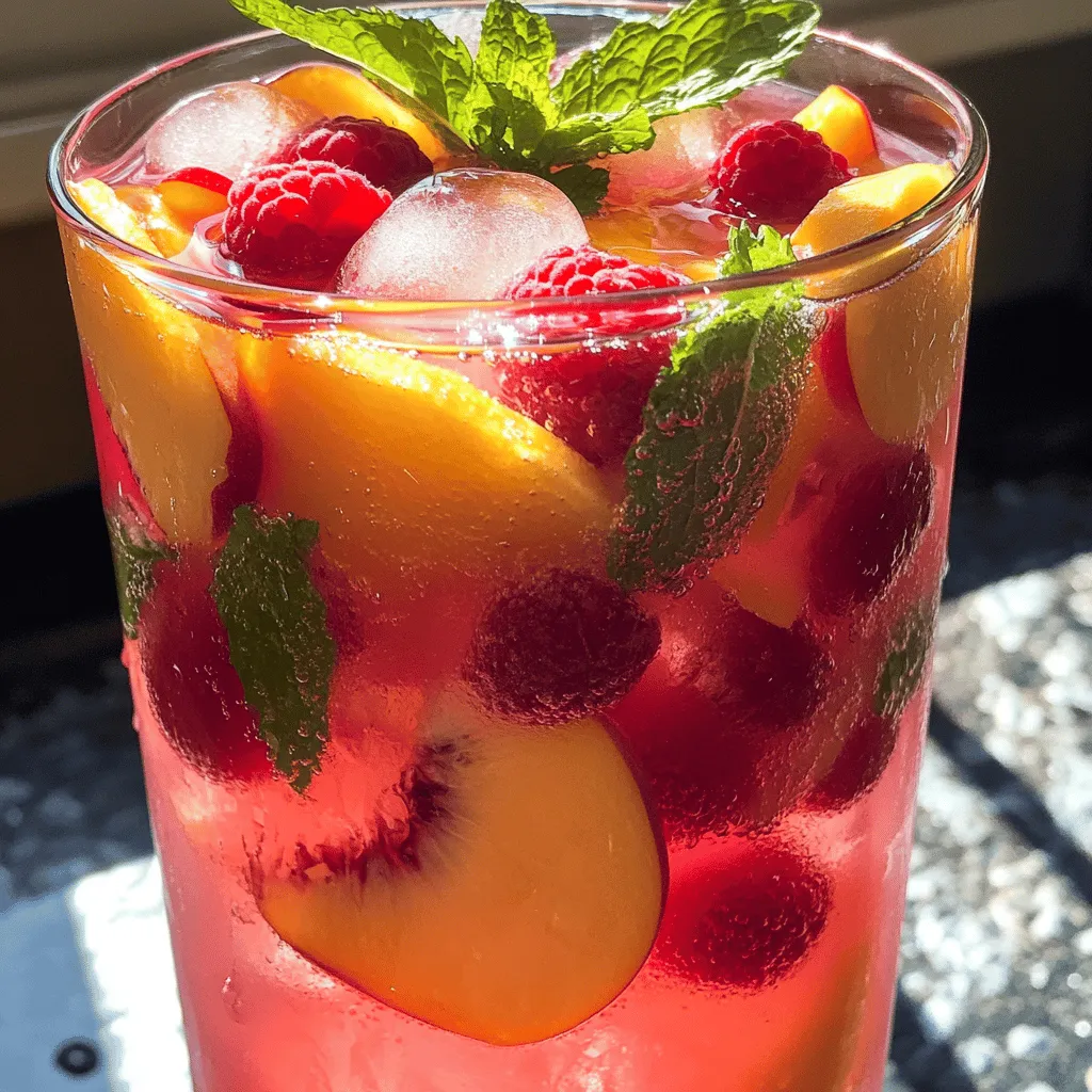 To make a fresh and tasty Raspberry Peach Lemonade, you need these simple ingredients: - 1 cup fresh raspberries - 2 ripe peaches, pitted and sliced - 4 cups cold water - 1 cup fresh lemon juice (about 4-6 lemons) - 1/2 cup granulated sugar (adjust for sweetness) - Fresh mint leaves for garnish - Ice cubes Each ingredient in this drink offers its own health perks. - Raspberries: These berries are full of vitamins and antioxidants. They help boost your immune system and fight inflammation. - Peaches: They are juicy and full of vitamins A and C. Peaches also support skin health and digestion. - Lemon Juice: This adds a zesty flavor and is high in vitamin C. It can help with hydration and digestion. - Mint: This herb adds freshness and may aid in digestion as well. You can switch out some ingredients if you need to. Here are some ideas: - Use frozen raspberries if fresh ones are not available. - Swap peaches for nectarines for a similar taste. - Replace granulated sugar with honey or agave nectar for a natural sweetener. - For a sugar-free version, try a sugar substitute like stevia. For the full recipe, refer to the section above. Enjoy your delightful and refreshing summer drink! To make your Raspberry Peach Lemonade, start with fresh fruit. Measure 1 cup of raspberries and slice 2 ripe peaches. Place them in your blender. Add half a cup of cold water to help them blend well. Blend on high speed until the mix is smooth. This should take about 30 seconds. Once it's smooth, pour the mixture through a fine mesh sieve into a large pitcher. Use the back of a spoon to press the juice out. This helps remove seeds and pulp. After straining, add the remaining 3.5 cups of cold water to the pitcher. Next, pour in 1 cup of fresh lemon juice. This is about 4 to 6 lemons, depending on their size. Then add 1/2 cup of granulated sugar. Stir until the sugar dissolves completely. When blending, make sure the fruit is ripe. Ripe fruit gives the best flavor. If your blender struggles, add a bit more cold water. This helps it blend smoothly. While straining, be gentle but firm. Press lightly with the spoon to get more juice. Avoid rushing this step. If you skip straining, your lemonade may end up grainy. After mixing, taste your lemonade. If it’s too tart, add more sugar slowly. Stir and taste again until it’s just right. If it’s too sweet, add a splash more lemon juice or water. This balances the flavor perfectly. For a fun twist, try adding fresh mint leaves. They not only taste great but also look nice. Enjoy your refreshing Raspberry Peach Lemonade! For the full recipe, check the earlier section. To get the best flavor from your Raspberry Peach Lemonade, start with ripe fruit. Fresh raspberries and peaches bring sweetness and brightness. Make sure to taste your mixture as you go. If it needs more sweetness, add sugar slowly. Remember, you can always add more sugar, but you can't take it out. Chill your lemonade before serving. This helps all the flavors mix and become refreshing. Garnishing your drinks adds a nice touch. Use fresh mint leaves for color and aroma. You can also add thin peach slices or a few whole raspberries for a pop of color. For a fun twist, consider a lemon wheel on the rim of the glass. This simple step makes your drink look fancy and inviting. This recipe serves about 4 to 6 people. If you are hosting a party, feel free to double the recipe. Just make sure to adjust the size of your pitcher. Serve in tall glasses filled with ice. This keeps the drink cold and refreshing. If you want a fun twist, offer a variety of drink sizes. Some may want a small taste while others prefer a full glass. {{image_4}} You can easily make a fun adult drink with this lemonade. Just add vodka, rum, or gin. Start with 1 to 2 ounces of your chosen spirit per glass. Mix it in after you pour the lemonade over ice. For a fruity twist, use peach vodka or raspberry liqueur. This adds a lovely depth of flavor. Make sure to serve it with fresh fruit slices for a nice touch. If you want a lighter drink, try using sugar substitutes. Stevia, erythritol, or monk fruit sweetener work well. Start with small amounts and taste as you go. You can also use sparkling water instead of regular water. This adds fizz without extra calories. A splash of soda water gives the drink a refreshing zing. Get creative with your lemonade! You can add herbs like basil or rosemary for a unique twist. Try muddling them with the fruit before blending. Add a splash of coconut water for a tropical feel. You can even mix in other fruits like strawberries or blueberries. Each change gives you a new flavor to enjoy. Store any leftover Raspberry Peach Lemonade in a clean pitcher. Cover it tightly with plastic wrap or a lid. This keeps out air and unwanted smells. Place it in the fridge. Always serve chilled for the best taste. Keep your fresh raspberries and peaches in the fridge. Store them in a paper bag or a vented container. This helps them breathe and stay fresh longer. Use them within a few days for the best flavor. Lemon juice should also be kept in the fridge. It can last about a week if sealed tight. Prepared Raspberry Peach Lemonade lasts about 3-5 days in the fridge. After that, the flavor starts to fade. Always check for any changes in taste or smell before drinking. If it looks cloudy, it’s better to toss it. Enjoy your lemonade while it’s fresh for the best experience! For the complete recipe, check the Full Recipe. You can use honey or agave syrup as a sweetener. Both options add a nice flavor. If you want a sugar-free option, try using stevia or monk fruit sweetener. These options are great for lowering calories while keeping the drink sweet. Adjust the amount based on your taste. Yes, you can make it ahead of time! I recommend making it a few hours before you plan to serve. This allows the flavors to mix well. Store it in the fridge in a sealed pitcher. Just remember to stir it well before serving. Visit local farmers' markets for fresh fruit. They often have the ripest and sweetest options. If you can’t find a market, check your local grocery store. Look for bright colors and firm texture when choosing your fruit. For the best taste, pick fruit that is in season. You will love the flavor in your lemonade. This blog post walked you through making Raspberry Peach Lemonade. We started with the key ingredients and their health benefits. Then, I shared step-by-step instructions for preparation. You learned tips for flavor, serving sizes, and even variations, including alcoholic options and sugar-free ideas. In closing, enjoy this refreshing drink with your friends and family. It’s perfect for any occasion. You can customize it to fit your taste. Search for fresh ingredients, and you’ll make a great drink every time.
