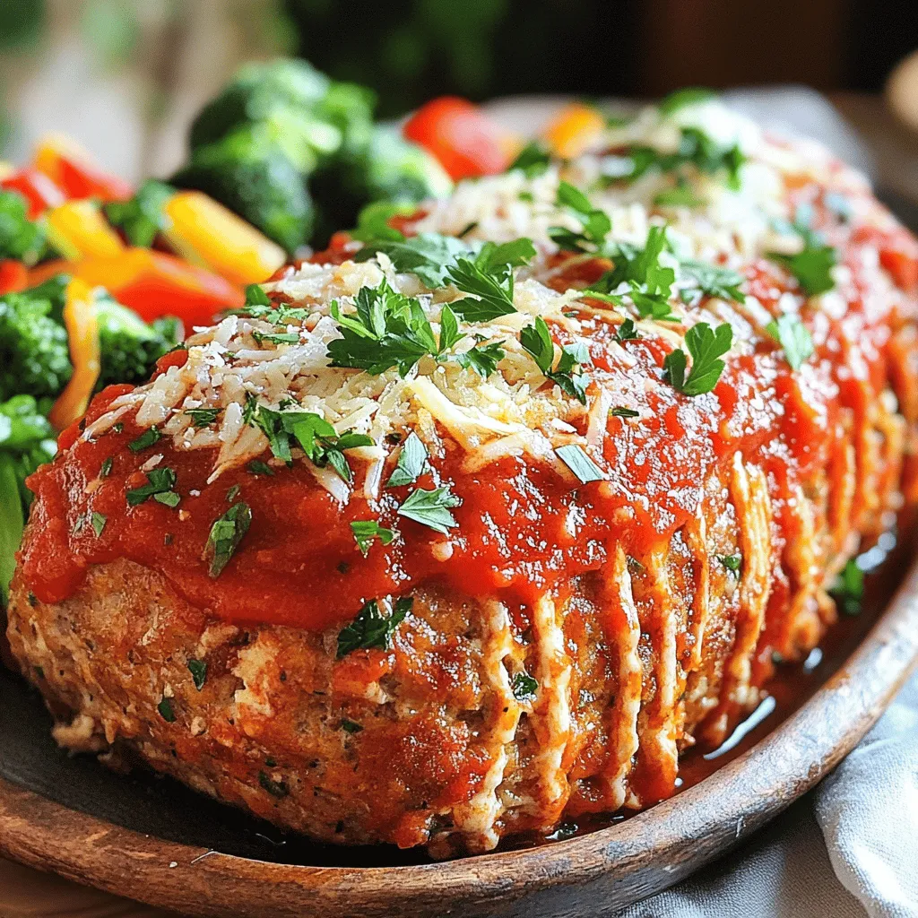 - 1 lb ground chicken - 1/2 cup Italian-style breadcrumbs - 1/3 cup freshly grated Parmesan cheese - 2 cloves garlic, minced - 1/4 cup fresh parsley, finely chopped - 1/4 cup milk - 1 large egg - 1 tsp onion powder - 1 tsp dried oregano - 1/2 tsp salt - 1/4 tsp black pepper - 1/2 cup marinara sauce (for topping) - Additional Parmesan cheese for garnish (optional) When you pick your ingredients, freshness matters. Look for ground chicken that feels moist but not sticky. Check the breadcrumbs; they should be dry and crumbly. Grab a block of Parmesan cheese instead of pre-grated for better flavor. The garlic should smell strong and fresh. Fresh parsley should look bright and green, with no yellow leaves. Using fresh ingredients helps your meatloaves taste their best. You will need a large mixing bowl to combine the ingredients. A baking sheet lined with parchment paper makes cleanup easy. Use a spatula for mixing, but your hands can work wonders too. A meat thermometer helps check if the meatloaves are done. For serving, have a platter ready to show off your delicious creations. First, set your oven to 375°F (190°C). This is the right temperature for cooking the meatloaves evenly. Then, take a baking sheet and line it with parchment paper. You can also use cooking spray to prevent sticking. This makes cleanup easy and keeps the meatloaves from sticking. In a large bowl, mix the following ingredients: - 1 lb ground chicken - 1/2 cup Italian-style breadcrumbs - 1/3 cup freshly grated Parmesan cheese - 2 cloves garlic, minced - 1/4 cup fresh parsley, finely chopped - 1/4 cup milk - 1 large egg - 1 tsp onion powder - 1 tsp dried oregano - 1/2 tsp salt - 1/4 tsp black pepper Use your hands or a spatula to blend everything together. Make sure not to overmix. This will help keep your meatloaf tender and juicy. Next, divide the mixture into four equal portions. Shape each portion into a small loaf, about 1.5 inches thick. Place the loaves on the baking sheet. Leave some space between each loaf. This ensures they cook evenly and brown nicely. Now, take about a tablespoon of marinara sauce and spoon it on top of each meatloaf. Spread it gently to cover the surface. This adds flavor and keeps the meatloaf moist. Then, place the baking sheet in the oven. Bake for 25-30 minutes. You will know they are done when they reach 165°F (74°C) inside and are golden brown on top. After baking, remove the meatloaves from the oven. Let them rest for 5 minutes. This helps the juices settle. If you want, sprinkle extra grated Parmesan cheese on top for added flavor before serving. Enjoy your delicious Garlic Parmesan Chicken Meatloaves! For more details, check the Full Recipe. To keep your meatloaf moist, use ground chicken that contains some fat. The fat adds flavor and moisture. Mixing in milk helps, too. Do not overmix your meatloaf. This keeps it tender. When shaping your loaves, make them thick but not too tight. This allows them to cook evenly and stay juicy. Bake your meatloaves at 375°F (190°C) for 25-30 minutes. Use a meat thermometer to check the internal temperature. It should reach 165°F (74°C) for safe eating. If you want a crispy top, broil them for a few minutes after baking. Watch closely to avoid burning. Adding fresh herbs can lift the taste of your meatloaves. Try basil or thyme for a fresh twist. You can also mix in some chopped bell peppers or onions for added crunch. Spice lovers can add red pepper flakes for heat. For more depth, a bit of smoked paprika works wonders. These enhancements make your Garlic Parmesan Chicken Meatloaves even more special. {{image_4}} You can easily make Garlic Parmesan Chicken Meatloaves healthier. Start by using ground turkey instead of chicken. Turkey is leaner and cuts fat. For gluten-free options, swap the Italian-style breadcrumbs with gluten-free breadcrumbs. This makes it safe for those with gluten issues. You can also use oats instead of breadcrumbs for a healthy twist. They add fiber and help bind the meatloaf well. To change up the taste, add different types of cheese. Try mozzarella for a gooey center or feta for a tangy kick. You can also mix in veggies like spinach or bell peppers. Finely chop them and add to the meat mixture. This adds color and nutrients to your meal. Experimenting with spices can also bring new life to the dish. Consider adding smoked paprika for a smoky flavor or crushed red pepper for heat. I love making mini meatloaf bites for quick snacks or parties. Simply shape the meat mixture into small balls, about one inch in size. Place them on a baking sheet and bake until they are golden brown. These bites cook faster and are perfect for dipping in marinara sauce. They are fun to eat and easy to serve at gatherings. Plus, kids love them! You can find the full recipe for Garlic Parmesan Chicken Meatloaves to guide you in making these fun variations. To keep your Garlic Parmesan Chicken Meatloaves fresh, store them in an airtight container. Place the meatloaves in the fridge within two hours of cooking. They can last up to three days in the fridge. If you want to keep them longer, consider freezing. When reheating, use the oven for best results. Preheat your oven to 350°F (175°C). Place the meatloaves on a baking sheet and cover them with foil. Heat for about 15-20 minutes until they are warm. You can also use a microwave. Heat each meatloaf for 1-2 minutes. For freezing, wrap each meatloaf tightly in plastic wrap. Then, place them in a freezer bag. This helps prevent freezer burn. They can last up to three months in the freezer. When ready to eat, thaw them in the fridge overnight before reheating. Enjoy your flavorful meal even later! To boost flavor, add more garlic or fresh herbs. Try basil or thyme for a twist. You can also mix in some chopped sun-dried tomatoes or olives. These add depth and a fun taste. Don't forget to season well with salt and pepper. A touch of lemon zest can brighten it up, too. Yes, you can use ground turkey. It works well and is a lighter option. The texture may change slightly, but it will still taste great. If you use turkey, ensure it's moist. You may want to add a bit more milk or an extra egg to keep it juicy. Some great sides include mashed potatoes, green beans, or a fresh salad. Garlic bread is a yummy choice, too. For a healthy twist, pair it with roasted veggies. They add color and nutrients to your meal. You can also serve it with pasta for a hearty feast. To keep meatloaves together, avoid overmixing the ingredients. Mix just until combined. The egg and breadcrumbs help bind everything. If you find it too loose, add a bit more breadcrumbs. Also, make sure to shape them well and space them out on the baking sheet. Yes, you can prepare the mixture the night before. Cover it and keep it in the fridge. This allows the flavors to meld. You can also shape the loaves and store them. Just remember to bake them fresh when ready. This makes dinner quick and easy. For the full recipe, check out Garlic Parmesan Chicken Meatloaves. Let’s dive into the delicious world of Garlic Parmesan Chicken Meatloaves. This recipe is simple yet packed with flavor. Here’s how to make it: <strong>Ingredients:</strong> – 1 lb ground chicken – 1/2 cup Italian-style breadcrumbs – 1/3 cup freshly grated Parmesan cheese – 2 cloves garlic, minced – 1/4 cup fresh parsley, finely chopped – 1/4 cup milk – 1 large egg – 1 tsp onion powder – 1 tsp dried oregano – 1/2 tsp salt – 1/4 tsp black pepper – 1/2 cup marinara sauce (for topping) – Additional Parmesan cheese for garnish (optional) <strong>Instructions:</strong> 1. <strong>Preheat the Oven:</strong> Start by heating your oven to 375°F (190°C). Line a baking sheet with parchment paper or grease it to prevent sticking. 2. <strong>Combine Ingredients:</strong> In a large bowl, mix the ground chicken, breadcrumbs, Parmesan cheese, garlic, parsley, milk, egg, onion powder, oregano, salt, and pepper. Use your hands or a spatula to blend well, but don’t overmix. 3. <strong>Shape the Loaves:</strong> Divide the mixture into four equal parts. Form each part into a small loaf, about 1.5 inches thick. Place them on the baking sheet with space in between. 4. <strong>Top with Marinara Sauce:</strong> Spoon a tablespoon of marinara sauce on each meatloaf, spreading it gently. 5. <strong>Bake:</strong> Put the baking sheet in the oven. Bake for 25-30 minutes. The meatloaves are ready when they reach 165°F (74°C) and are golden on top. 6. <strong>Garnish and Serve:</strong> Once cooked, take them out and let rest for 5 minutes. If you like, sprinkle more Parmesan cheese on top before serving. This recipe serves four, and it takes just 15 minutes to prep and 40 minutes in total. For a great look, serve these meatloaves on a platter with fresh parsley. Pair them with steamed veggies or a salad for a complete meal. Enjoy your cooking adventure with this tasty dish! You now have a clear guide to making Garlic Parmesan Chicken Meatloaves. We covered the ingredients needed, tips for fresh choices, and step-by-step instructions. You learned ways to keep your meatloaf moist and flavorful. We also explored tasty variations and storage tips. Cooking can be simple and fun. Enjoy making this dish, and remember to experiment with your flavors! Your kitchen adventures will surely impress.” /></p>
</p>
<h2>Variations</h2>
</p>
<h3>Healthier Alternatives: Low-fat and Gluten-free Options</h3>
</p>
<p>You can easily make Garlic Parmesan Chicken Meatloaves healthier. Start by using ground turkey instead of chicken. Turkey is leaner and cuts fat. For gluten-free options, swap the Italian-style breadcrumbs with gluten-free breadcrumbs. This makes it safe for those with gluten issues. You can also use oats instead of breadcrumbs for a healthy twist. They add fiber and help bind the meatloaf well.</p>
</p>
<h3>Flavor Variations: Adding Different Cheeses or Vegetables</h3>
</p>
<p>To change up the taste, add different types of cheese. Try mozzarella for a gooey center or feta for a tangy kick. You can also mix in veggies like spinach or bell peppers. Finely chop them and add to the meat mixture. This adds color and nutrients to your meal. Experimenting with spices can also bring new life to the dish. Consider adding smoked paprika for a smoky flavor or crushed red pepper for heat.</p>
</p>
<h3>Mini Meatloaf Bites for Easy Serving</h3>
</p>
<p>I love making mini meatloaf bites for quick snacks or parties. Simply shape the meat mixture into small balls, about one inch in size. Place them on a baking sheet and bake until they are golden brown. These bites cook faster and are perfect for dipping in marinara sauce. They are fun to eat and easy to serve at gatherings. Plus, kids love them! You can find the full recipe for Garlic Parmesan Chicken Meatloaves to guide you in making these fun variations.</p>
</p>
<h2>Storage Info</h2>
</p>
<h3>Proper Storage and Refrigeration Techniques</h3>
<p>To keep your Garlic Parmesan Chicken Meatloaves fresh, store them in an airtight container. Place the meatloaves in the fridge within two hours of cooking. They can last up to three days in the fridge. If you want to keep them longer, consider freezing.</p>
</p>
<h3>Reheating Guidelines for Best Results</h3>
<p>When reheating, use the oven for best results. Preheat your oven to 350°F (175°C). Place the meatloaves on a baking sheet and cover them with foil. Heat for about 15-20 minutes until they are warm. You can also use a microwave. Heat each meatloaf for 1-2 minutes.</p>
</p>
<h3>Freezing Meatloaves: Tips and Shelf Life</h3>
<p>For freezing, wrap each meatloaf tightly in plastic wrap. Then, place them in a freezer bag. This helps prevent freezer burn. They can last up to three months in the freezer. When ready to eat, thaw them in the fridge overnight before reheating. Enjoy your flavorful meal even later!</p>
</p>
<h2>FAQs</h2>
</p>
<h3>How to make Garlic Parmesan Chicken Meatloaves more flavorful?</h3>
<p>To boost flavor, add more garlic or fresh herbs. Try basil or thyme for a twist. You can also mix in some chopped sun-dried tomatoes or olives. These add depth and a fun taste. Don’t forget to season well with salt and pepper. A touch of lemon zest can brighten it up, too.</p>
</p>
<h3>Can I use ground turkey instead of chicken?</h3>
<p>Yes, you can use ground turkey. It works well and is a lighter option. The texture may change slightly, but it will still taste great. If you use turkey, ensure it’s moist. You may want to add a bit more milk or an extra egg to keep it juicy.</p>
</p>
<h3>What sides pair well with Garlic Parmesan Chicken Meatloaves?</h3>
<p>Some great sides include mashed potatoes, green beans, or a fresh salad. Garlic bread is a yummy choice, too. For a healthy twist, pair it with roasted veggies. They add color and nutrients to your meal. You can also serve it with pasta for a hearty feast.</p>
</p>
<h3>How do I prevent meatloaves from falling apart?</h3>
<p>To keep meatloaves together, avoid overmixing the ingredients. Mix just until combined. The egg and breadcrumbs help bind everything. If you find it too loose, add a bit more breadcrumbs. Also, make sure to shape them well and space them out on the baking sheet.</p>
</p>
<h3>Is it possible to make this recipe ahead of time?</h3>
<p>Yes, you can prepare the mixture the night before. Cover it and keep it in the fridge. This allows the flavors to meld. You can also shape the loaves and store them. Just remember to bake them fresh when ready. This makes dinner quick and easy. For the full recipe, check out Garlic Parmesan Chicken Meatloaves.</p>
</p>
<h2>Full Recipe Reference</h2>
</p>
<h3>Complete Recipe Overview</h3>
</p>
<p>Let’s dive into the delicious world of Garlic Parmesan Chicken Meatloaves. This recipe is simple yet packed with flavor. Here’s how to make it:</p>
</p>
<p><strong>Ingredients:</strong></p>
<p>– 1 lb ground chicken</p>
<p>– 1/2 cup Italian-style breadcrumbs</p>
<p>– 1/3 cup freshly grated Parmesan cheese</p>
<p>– 2 cloves garlic, minced</p>
<p>– 1/4 cup fresh parsley, finely chopped</p>
<p>– 1/4 cup milk</p>
<p>– 1 large egg</p>
<p>– 1 tsp onion powder</p>
<p>– 1 tsp dried oregano</p>
<p>– 1/2 tsp salt</p>
<p>– 1/4 tsp black pepper</p>
<p>– 1/2 cup marinara sauce (for topping)</p>
<p>– Additional Parmesan cheese for garnish (optional)</p>
</p>
<p><strong>Instructions:</strong></p>
<p>1. <strong>Preheat the Oven:</strong> Start by heating your oven to 375°F (190°C). Line a baking sheet with parchment paper or grease it to prevent sticking.</p>
</p>
<p>2. <strong>Combine Ingredients:</strong> In a large bowl, mix the ground chicken, breadcrumbs, Parmesan cheese, garlic, parsley, milk, egg, onion powder, oregano, salt, and pepper. Use your hands or a spatula to blend well, but don’t overmix.</p>
</p>
<p>3. <strong>Shape the Loaves:</strong> Divide the mixture into four equal parts. Form each part into a small loaf, about 1.5 inches thick. Place them on the baking sheet with space in between.</p>
</p>
<p>4. <strong>Top with Marinara Sauce:</strong> Spoon a tablespoon of marinara sauce on each meatloaf, spreading it gently.</p>
</p>
<p>5. <strong>Bake:</strong> Put the baking sheet in the oven. Bake for 25-30 minutes. The meatloaves are ready when they reach 165°F (74°C) and are golden on top.</p>
</p>
<p>6. <strong>Garnish and Serve:</strong> Once cooked, take them out and let rest for 5 minutes. If you like, sprinkle more Parmesan cheese on top before serving.</p>
</p>
<p>This recipe serves four, and it takes just 15 minutes to prep and 40 minutes in total. For a great look, serve these meatloaves on a platter with fresh parsley. Pair them with steamed veggies or a salad for a complete meal. Enjoy your cooking adventure with this tasty dish!</p>
</p>
<p>You now have a clear guide to making Garlic Parmesan Chicken Meatloaves. We covered the ingredients needed, tips for fresh choices, and step-by-step instructions. You learned ways to keep your meatloaf moist and flavorful. We also explored tasty variations and storage tips.</p>
</p>
<p>Cooking can be simple and fun. Enjoy making this dish, and remember to experiment with your flavors! Your kitchen adventures will surely impress.</p>
<div id=