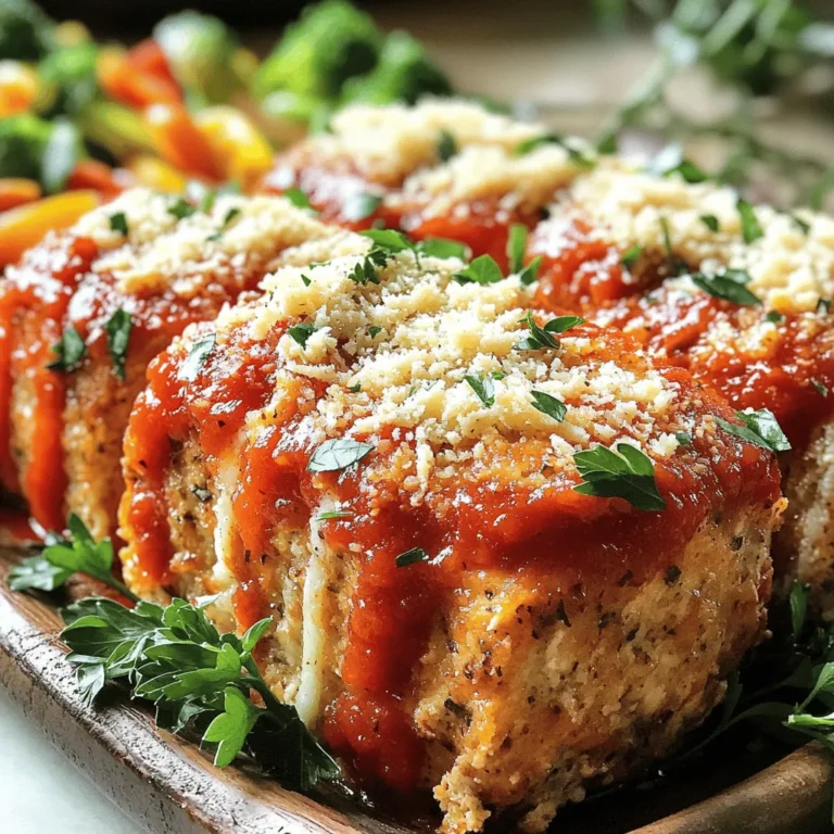 - 1 lb ground chicken - 1/2 cup Italian-style breadcrumbs - 1/3 cup freshly grated Parmesan cheese - 2 cloves garlic, minced - 1/4 cup fresh parsley, finely chopped - 1/4 cup milk - 1 large egg - 1 tsp onion powder - 1 tsp dried oregano - 1/2 tsp salt - 1/4 tsp black pepper - 1/2 cup marinara sauce (for topping) - Additional Parmesan cheese for garnish (optional) When you pick your ingredients, freshness matters. Look for ground chicken that feels moist but not sticky. Check the breadcrumbs; they should be dry and crumbly. Grab a block of Parmesan cheese instead of pre-grated for better flavor. The garlic should smell strong and fresh. Fresh parsley should look bright and green, with no yellow leaves. Using fresh ingredients helps your meatloaves taste their best. You will need a large mixing bowl to combine the ingredients. A baking sheet lined with parchment paper makes cleanup easy. Use a spatula for mixing, but your hands can work wonders too. A meat thermometer helps check if the meatloaves are done. For serving, have a platter ready to show off your delicious creations. First, set your oven to 375°F (190°C). This is the right temperature for cooking the meatloaves evenly. Then, take a baking sheet and line it with parchment paper. You can also use cooking spray to prevent sticking. This makes cleanup easy and keeps the meatloaves from sticking. In a large bowl, mix the following ingredients: - 1 lb ground chicken - 1/2 cup Italian-style breadcrumbs - 1/3 cup freshly grated Parmesan cheese - 2 cloves garlic, minced - 1/4 cup fresh parsley, finely chopped - 1/4 cup milk - 1 large egg - 1 tsp onion powder - 1 tsp dried oregano - 1/2 tsp salt - 1/4 tsp black pepper Use your hands or a spatula to blend everything together. Make sure not to overmix. This will help keep your meatloaf tender and juicy. Next, divide the mixture into four equal portions. Shape each portion into a small loaf, about 1.5 inches thick. Place the loaves on the baking sheet. Leave some space between each loaf. This ensures they cook evenly and brown nicely. Now, take about a tablespoon of marinara sauce and spoon it on top of each meatloaf. Spread it gently to cover the surface. This adds flavor and keeps the meatloaf moist. Then, place the baking sheet in the oven. Bake for 25-30 minutes. You will know they are done when they reach 165°F (74°C) inside and are golden brown on top. After baking, remove the meatloaves from the oven. Let them rest for 5 minutes. This helps the juices settle. If you want, sprinkle extra grated Parmesan cheese on top for added flavor before serving. Enjoy your delicious Garlic Parmesan Chicken Meatloaves! For more details, check the Full Recipe. To keep your meatloaf moist, use ground chicken that contains some fat. The fat adds flavor and moisture. Mixing in milk helps, too. Do not overmix your meatloaf. This keeps it tender. When shaping your loaves, make them thick but not too tight. This allows them to cook evenly and stay juicy. Bake your meatloaves at 375°F (190°C) for 25-30 minutes. Use a meat thermometer to check the internal temperature. It should reach 165°F (74°C) for safe eating. If you want a crispy top, broil them for a few minutes after baking. Watch closely to avoid burning. Adding fresh herbs can lift the taste of your meatloaves. Try basil or thyme for a fresh twist. You can also mix in some chopped bell peppers or onions for added crunch. Spice lovers can add red pepper flakes for heat. For more depth, a bit of smoked paprika works wonders. These enhancements make your Garlic Parmesan Chicken Meatloaves even more special. {{image_4}} You can easily make Garlic Parmesan Chicken Meatloaves healthier. Start by using ground turkey instead of chicken. Turkey is leaner and cuts fat. For gluten-free options, swap the Italian-style breadcrumbs with gluten-free breadcrumbs. This makes it safe for those with gluten issues. You can also use oats instead of breadcrumbs for a healthy twist. They add fiber and help bind the meatloaf well. To change up the taste, add different types of cheese. Try mozzarella for a gooey center or feta for a tangy kick. You can also mix in veggies like spinach or bell peppers. Finely chop them and add to the meat mixture. This adds color and nutrients to your meal. Experimenting with spices can also bring new life to the dish. Consider adding smoked paprika for a smoky flavor or crushed red pepper for heat. I love making mini meatloaf bites for quick snacks or parties. Simply shape the meat mixture into small balls, about one inch in size. Place them on a baking sheet and bake until they are golden brown. These bites cook faster and are perfect for dipping in marinara sauce. They are fun to eat and easy to serve at gatherings. Plus, kids love them! You can find the full recipe for Garlic Parmesan Chicken Meatloaves to guide you in making these fun variations. To keep your Garlic Parmesan Chicken Meatloaves fresh, store them in an airtight container. Place the meatloaves in the fridge within two hours of cooking. They can last up to three days in the fridge. If you want to keep them longer, consider freezing. When reheating, use the oven for best results. Preheat your oven to 350°F (175°C). Place the meatloaves on a baking sheet and cover them with foil. Heat for about 15-20 minutes until they are warm. You can also use a microwave. Heat each meatloaf for 1-2 minutes. For freezing, wrap each meatloaf tightly in plastic wrap. Then, place them in a freezer bag. This helps prevent freezer burn. They can last up to three months in the freezer. When ready to eat, thaw them in the fridge overnight before reheating. Enjoy your flavorful meal even later! To boost flavor, add more garlic or fresh herbs. Try basil or thyme for a twist. You can also mix in some chopped sun-dried tomatoes or olives. These add depth and a fun taste. Don't forget to season well with salt and pepper. A touch of lemon zest can brighten it up, too. Yes, you can use ground turkey. It works well and is a lighter option. The texture may change slightly, but it will still taste great. If you use turkey, ensure it's moist. You may want to add a bit more milk or an extra egg to keep it juicy. Some great sides include mashed potatoes, green beans, or a fresh salad. Garlic bread is a yummy choice, too. For a healthy twist, pair it with roasted veggies. They add color and nutrients to your meal. You can also serve it with pasta for a hearty feast. To keep meatloaves together, avoid overmixing the ingredients. Mix just until combined. The egg and breadcrumbs help bind everything. If you find it too loose, add a bit more breadcrumbs. Also, make sure to shape them well and space them out on the baking sheet. Yes, you can prepare the mixture the night before. Cover it and keep it in the fridge. This allows the flavors to meld. You can also shape the loaves and store them. Just remember to bake them fresh when ready. This makes dinner quick and easy. For the full recipe, check out Garlic Parmesan Chicken Meatloaves. Let’s dive into the delicious world of Garlic Parmesan Chicken Meatloaves. This recipe is simple yet packed with flavor. Here’s how to make it: Ingredients: - 1 lb ground chicken - 1/2 cup Italian-style breadcrumbs - 1/3 cup freshly grated Parmesan cheese - 2 cloves garlic, minced - 1/4 cup fresh parsley, finely chopped - 1/4 cup milk - 1 large egg - 1 tsp onion powder - 1 tsp dried oregano - 1/2 tsp salt - 1/4 tsp black pepper - 1/2 cup marinara sauce (for topping) - Additional Parmesan cheese for garnish (optional) Instructions: 1. Preheat the Oven: Start by heating your oven to 375°F (190°C). Line a baking sheet with parchment paper or grease it to prevent sticking. 2. Combine Ingredients: In a large bowl, mix the ground chicken, breadcrumbs, Parmesan cheese, garlic, parsley, milk, egg, onion powder, oregano, salt, and pepper. Use your hands or a spatula to blend well, but don’t overmix. 3. Shape the Loaves: Divide the mixture into four equal parts. Form each part into a small loaf, about 1.5 inches thick. Place them on the baking sheet with space in between. 4. Top with Marinara Sauce: Spoon a tablespoon of marinara sauce on each meatloaf, spreading it gently. 5. Bake: Put the baking sheet in the oven. Bake for 25-30 minutes. The meatloaves are ready when they reach 165°F (74°C) and are golden on top. 6. Garnish and Serve: Once cooked, take them out and let rest for 5 minutes. If you like, sprinkle more Parmesan cheese on top before serving. This recipe serves four, and it takes just 15 minutes to prep and 40 minutes in total. For a great look, serve these meatloaves on a platter with fresh parsley. Pair them with steamed veggies or a salad for a complete meal. Enjoy your cooking adventure with this tasty dish! You now have a clear guide to making Garlic Parmesan Chicken Meatloaves. We covered the ingredients needed, tips for fresh choices, and step-by-step instructions. You learned ways to keep your meatloaf moist and flavorful. We also explored tasty variations and storage tips. Cooking can be simple and fun. Enjoy making this dish, and remember to experiment with your flavors! Your kitchen adventures will surely impress.