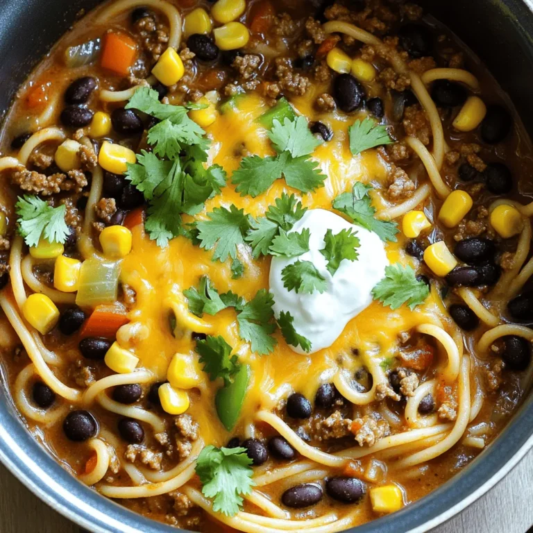 To make One Pot Taco Pasta, you need a few key items. Here’s the list: - 1 lb ground beef (or ground turkey) - 1 medium onion, diced - 2 cloves garlic, minced - 1 bell pepper, diced - 1 packet of taco seasoning (about 1 oz) - 1 can (14 oz) diced tomatoes with green chilies - 2 cups beef broth (or chicken broth) - 8 oz pasta (shells or rotini) - 1 can (15 oz) black beans, rinsed and drained - 1 cup corn (frozen or canned) - 1 cup shredded cheddar cheese - Salt and pepper, to taste - Fresh cilantro, chopped (for garnish) - Sour cream (for serving) You can make this dish your own by adding some optional items. Consider these: - Jalapeños for heat - Avocado for creaminess - Lime juice for brightness - Extra veggies like zucchini or spinach - Different cheese types like Monterey Jack or pepper jack The quality of your ingredients matters. Use fresh vegetables for the best flavor. Opt for good quality meat, as it impacts the dish. I prefer using low-sodium broth to control salt levels. For beans and tomatoes, choose brands with no added sugar or preservatives. Fresh herbs, like cilantro, will elevate the dish and add a burst of freshness. Enjoy your cooking! To make One Pot Taco Pasta, start by cooking the meat. Use a large pot or Dutch oven. Heat it over medium heat. Add 1 pound of ground beef or turkey. Cook until it turns brown. Break it apart with a wooden spoon. If there's extra fat, drain it. Next, add 1 diced onion, 2 minced garlic cloves, and 1 diced bell pepper. Cook for 3-4 minutes until soft and fragrant. Sprinkle 1 packet of taco seasoning over the mixture. Stir well and let it cook for 1 minute. This helps the flavors blend. Then, pour in 1 can of diced tomatoes and 2 cups of beef broth. Add 8 ounces of pasta. Stir to make sure the pasta is covered in liquid. Bring everything to a boil. Once boiling, reduce the heat to low. Cover the pot and let it simmer for 10-12 minutes. Stir occasionally until the pasta is al dente. If it gets too dry, add a splash of broth or water. After the pasta cooks, mix in 1 can of drained black beans and 1 cup of corn. Cook for an extra 3-5 minutes until warm. Remove the pot from heat and add 1 cup of shredded cheddar cheese on top. Cover the pot for a couple of minutes, letting the cheese melt. Finally, taste and add salt and pepper as needed. Garnish with chopped cilantro and serve with sour cream. The total cooking time is about 30 minutes. Prep takes 10 minutes, while cooking takes about 20 minutes. Cook on medium heat until boiling, then lower to a simmer. Keep the pot covered during cooking to lock in heat and flavor. To keep the flavors bright, use fresh ingredients. Fresh herbs boost taste. Taste as you go; adjust seasoning if needed. If you want more spice, add hot sauce or jalapeños. For extra creaminess, mix in more sour cream before serving. To make your One Pot Taco Pasta perfect, follow these tips: - Brown the meat well for deep flavor. - Use fresh veggies for the best taste. - Stir often to prevent sticking. - Adjust the liquid based on pasta type. - Let the dish rest after cooking to blend flavors. Many cooks make simple mistakes. Here are some to watch for: - Not draining excess fat from the meat can make the dish greasy. - Skipping the sauté step for veggies can lead to dull flavors. - Adding too much liquid can make it soupy. - Overcooking the pasta will result in mushy noodles. - Forgetting to taste before serving can leave the dish bland. For the best experience, try these serving ideas: - Serve the pasta straight from the pot for a rustic feel. - Use bowls for individual servings, topping with extra cheese. - Add fresh cilantro for a pop of color and flavor. - Offer sour cream on the side for added creaminess. - Pair with tortilla chips for a fun crunch. For the full recipe, check out the One Pot Taco Pasta Delight. {{image_4}} You can easily make this dish meat-free. Swap the ground beef with lentils or mushrooms. These ingredients add great texture and flavor. Use vegetable broth instead of beef broth for a lighter touch. You can also add more veggies, like zucchini or spinach. This makes the dish even more colorful and healthy. For a gluten-free meal, choose gluten-free pasta. There are many great options made from rice or chickpeas. Ensure that your taco seasoning is gluten-free as well. Many brands offer gluten-free blends. This way, you can enjoy the same great taste without the gluten. Want to spice things up? Add some diced jalapeños or a splash of hot sauce. You can also mix in some salsa for extra flavor. If you love cheese, try different types like pepper jack or queso fresco. For a fresh twist, add lime juice and zest before serving. This brightens the dish and adds a nice zing. Check out the Full Recipe for more ideas! To keep your One Pot Taco Pasta fresh, let it cool first. Once cool, place it in an airtight container. Store it in the fridge for up to three days. Make sure to label your container with the date. This helps you track freshness. When reheating, use a microwave or stovetop. If using a microwave, heat in 30-second intervals. Stir between intervals to ensure even heating. If using the stovetop, add a splash of broth to keep it moist. Heat over low until warm. For longer storage, freeze your One Pot Taco Pasta. Use a freezer-safe container or bag. It can last up to three months in the freezer. Thaw in the fridge overnight before reheating. This keeps the texture and flavor intact. For the full recipe, visit the main article. To make One Pot Taco Pasta spicier, add extra taco seasoning or diced jalapeños. You can also mix in hot sauce or crushed red pepper flakes. Start with small amounts, then taste as you go. This way, you can find the perfect heat level for you. Yes, you can use any pasta you like! Shells, rotini, or even penne work well. Just adjust cooking time based on the pasta shape. Follow the package directions to ensure it cooks perfectly in the pot. For a lighter option, use ground turkey or chicken. You can also try lentils or chopped mushrooms for a vegetarian twist. Each substitute will add a unique taste and texture to the dish. One Pot Taco Pasta can last in the fridge for about 3 to 5 days. Store it in an airtight container to keep it fresh. Reheat it on the stove or in the microwave before serving. Yes, to make it dairy-free, skip the cheese and sour cream. Use a dairy-free cheese alternative if you want some creaminess. You can also add avocado slices for a rich flavor and texture. For the best results, check the labels on all ingredients to ensure they are dairy-free. For the full recipe, check out the detailed steps and ingredients list! In this post, we covered the essential ingredients for One Pot Taco Pasta and how to customize it. You learned the cooking steps, timing, and tips to keep flavors bold. We shared tricks to perfect your dish and discussed variations for different diets. Finally, we provided storage info and FAQs to help you enjoy it longer. One Pot Taco Pasta is fun to make and easy to enjoy. With these tips, you're ready to create a tasty meal!
