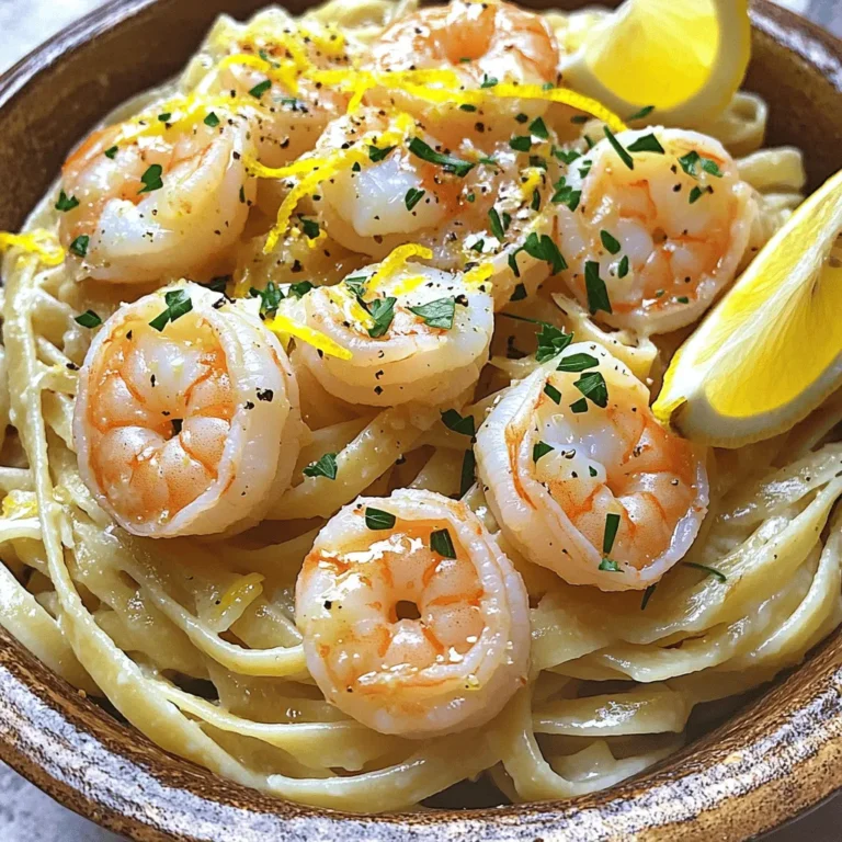 - 1 pound large shrimp, peeled and deveined - 8 oz linguine or spaghetti - 4 tablespoons unsalted butter - 2 tablespoons extra virgin olive oil - 4 cloves garlic, finely minced - 1 teaspoon red pepper flakes - Juice and zest of 1 fresh lemon - 1/4 cup fresh parsley, finely chopped - Salt and freshly ground black pepper Shrimp scampi is simple to make and full of flavor. The main ingredients are shrimp, pasta, butter, and olive oil. When you cook these together, you create a quick and tasty meal. The flavor enhancers really make a difference. Fresh garlic adds a rich taste, while red pepper flakes bring a little heat. The lemon juice and zest brighten the dish up, making it fresh and zesty. Finally, the parsley and seasonings tie everything together. You can use salt and black pepper to make it just right for your taste. These ingredients make shrimp scampi easy and delicious. Check out the Full Recipe to see how to put it all together! To start, fill a large pot with salted water. Bring it to a boil. Add 8 oz of linguine or spaghetti. Cook it according to the package directions, usually about 8 to 10 minutes. Once done, reserve 1 cup of the pasta water before draining. Set the pasta aside in a colander. Next, grab a large skillet. Heat 2 tablespoons of olive oil and 2 tablespoons of butter over medium heat. Let the butter melt fully and mix with the oil. Then, add 4 cloves of finely minced garlic and 1 teaspoon of red pepper flakes. Sauté this mix for about 1 to 2 minutes. Stir often until the garlic smells great and softens. Be sure not to let it brown; that can make it bitter. Now it's time to cook the shrimp. Increase the heat to medium-high. Add 1 pound of peeled and deveined shrimp to the skillet. Season them with salt and black pepper. Cook the shrimp for 3 to 4 minutes. Stir occasionally until they turn pink and opaque. This shows they are fully cooked. Once the shrimp are ready, pour in the juice and zest of 1 fresh lemon. Next, add the cooked pasta to the skillet along with the reserved pasta water. Toss everything gently in the skillet. Make sure the pasta is evenly coated with the lemony buttery sauce. Finally, remove the skillet from the heat. Add the remaining 2 tablespoons of butter and 1/4 cup of finely chopped parsley. Stir well until the butter melts and mixes with the dish. Taste it and adjust the seasoning if needed, adding more salt, pepper, or red pepper flakes based on your preference. For the full recipe, check out the Easy Shrimp Scampi Delight section. To avoid overcooking shrimp, watch the time closely. Cook them for just 3-4 minutes. They will turn pink and opaque when done. If they curl up tightly, they are likely overcooked. For seasoning, use salt and fresh black pepper. They enhance the shrimp's natural taste. You can also sprinkle some red pepper flakes for a kick. Try adding fresh herbs like basil or thyme. Chopped parsley also adds a nice touch. You can mix in a pinch of Italian seasoning for extra depth. Pair shrimp scampi with garlic bread or a light salad. A crisp white wine like Sauvignon Blanc works well too. It complements the lemon and garlic flavors nicely. Serve shrimp scampi in a large pasta bowl. This makes it look inviting and generous. You can add a sprinkle of parsley on top for freshness. For added color, place lemon wedges around the dish. A light dusting of black pepper on top adds a nice finishing touch. Check out the Full Recipe for more details! {{image_4}} You can easily swap linguine for spaghetti. Other types of pasta work too. Try penne, fettuccine, or even bowtie pasta. If you need gluten-free options, look for gluten-free pasta made from rice or corn. These alternatives taste great and cook well in the dish. If you want a change from shrimp, try scallops or chicken. Scallops cook quickly and add a sweet flavor. Chicken provides a heartier option. For a vegan twist, use plant-based protein like tofu or tempeh. You can also try chickpeas for added texture. Adjust the heat to suit your taste. Start with less red pepper flakes if you prefer mild. You can add fresh chili peppers for more heat. Sliced jalapeños or serrano peppers bring a nice kick. Just remember to taste as you go and find your perfect balance! For the full recipe to make this dish, check the Easy Shrimp Scampi Delight section above. To store leftovers, first let the shrimp scampi cool. Place it in an airtight container. This helps keep it fresh. I recommend using glass or plastic containers with tight lids. Your dish will stay good for 2-3 days in the fridge. If you want to freeze shrimp scampi, use a freezer-safe container. Make sure to leave some space at the top for expansion. It’s best to freeze it within one day of cooking for the best taste. To thaw, place the container in the fridge overnight. This keeps the shrimp tender and juicy. To reheat shrimp scampi, use the stovetop. Heat it on low to avoid overcooking the shrimp. Stir gently to warm it through. You can also use a microwave. Heat it in short bursts, about 30 seconds at a time. Check often to make sure the shrimp don’t cook too long. Enjoy your delicious dish again! Shrimp scampi stays good in the fridge for about 2 to 3 days. Make sure to store it in an airtight container. This keeps the dish fresh and tasty. Yes, you can use frozen shrimp! Just make sure to thaw them first. Rinse them under cold water until they are no longer icy. This helps them cook evenly. There are many tasty sides to pair with shrimp scampi. Some great options include: - Garlic bread - A fresh garden salad - Steamed broccoli - Rice or couscous Each of these adds a nice touch to the meal. Shrimp scampi can be made gluten-free. Use gluten-free pasta instead of regular pasta. Check the labels to ensure all ingredients are gluten-free. You can prepare shrimp scampi ahead of time. Cook the pasta and shrimp separately. Store them in the fridge, and combine them just before serving. This keeps the dish fresh. Shrimp scampi uses garlic, lemon, and butter for flavor. Shrimp alfredo is creamy and rich, made with heavy cream and cheese. Both are delicious, but they have different taste profiles. In this blog post, we explored how to make delicious shrimp scampi using simple ingredients. We covered the main components, cooking methods, and added tips to enhance flavor and presentation. I hope this guide inspires you to try making shrimp scampi at home. It's easy, tasty, and can be customized to suit your taste. Enjoy cooking and savor your meal!