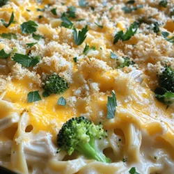 To make a tasty chicken noodle casserole, you need simple ingredients. Here’s the list: - 2 cups cooked rotini pasta - 2 cups cooked chicken, shredded - 1 cup fresh or frozen broccoli florets - 1 cup shredded carrots - 1 can (10.5 oz) cream of chicken soup - 1 cup sour cream - 1 cup shredded cheddar cheese (plus extra for topping) - 1 teaspoon garlic powder - 1 teaspoon onion powder - 1 teaspoon dried thyme - Salt and pepper, to taste - 1 cup panko breadcrumbs - 2 tablespoons butter, melted These ingredients blend well to create a creamy and savory dish. You can easily swap out some ingredients if you want. Here are a few ideas: - For pasta, use any short pasta like penne or fusilli. - Instead of chicken, you can use turkey or even tofu for a vegetarian option. - If you don’t have cream of chicken soup, try using cream of mushroom soup. - For a healthier touch, add spinach or bell peppers instead of broccoli. These changes can keep the dish fresh and exciting. When picking chicken, think about flavor and texture. You can use: - Roasted chicken: This adds great flavor. - Poached chicken: It keeps the meat juicy and tender. - Canned chicken: A quick option if you're short on time. Make sure the chicken is cooked well and shredded into small pieces. This helps it mix nicely with the pasta and sauce. First, I set my oven to 350°F (175°C). This temperature is perfect for baking. Next, I grab a 9x13 inch casserole dish and lightly grease it with cooking spray or butter. This step helps prevent sticking later. I fill a large pot with water and add a pinch of salt. Once the water boils, I add the rotini pasta. I cook it according to the package instructions until it reaches al dente. After cooking, I drain the pasta and let it cool slightly in the pot. In a large mixing bowl, I whisk together the cream of chicken soup and sour cream. I mix until smooth and creamy. Then, I add garlic powder, onion powder, dried thyme, salt, and pepper. I stir everything together until it’s well mixed. This sauce brings all the flavors together. Now it’s time to mix the casserole. I gently fold in the shredded chicken, cooked rotini pasta, broccoli florets, and shredded carrots into the sauce. I make sure all the ingredients are well coated. This step ensures that every bite is full of flavor. Once combined, I pour the mixture into the greased casserole dish. I spread it out evenly to create a nice, even layer. For the full recipe, check the ingredients listed earlier. To get the best bake, preheat your oven to 350°F. Bake the casserole for 30 to 35 minutes. The top should be golden and bubbly. If it browns too fast, cover it with foil. This keeps it from burning while the inside cooks fully. Seasonings make a big difference. I use garlic powder and onion powder for depth. Dried thyme adds a nice earthy taste. Always taste your mix before baking. Adjust salt and pepper to your liking for a balanced flavor. For the best melt, choose a good cheddar cheese. I like sharp cheddar for a stronger flavor. You can mix in mozzarella if you want it extra gooey. Sprinkle extra cheese on top before baking for that perfect cheesy crust. For more tips, check out the Full Recipe. {{image_4}} You can add many veggies to your chicken noodle casserole. Broccoli and carrots work well, but don’t stop there! Think about using peas, green beans, or even bell peppers. Fresh or frozen vegetables both taste great. Just remember to chop them into small pieces so they mix well. This way, every bite has a bit of crunch and color. If you want a change from chicken, try other proteins. Turkey is a great substitute if you have leftovers. You can also use cooked ham or even tofu for a vegetarian option. Each protein brings a new flavor and texture to the dish. Just make sure it’s cooked before mixing it in. This gives your casserole a tasty twist that makes it feel new again. Want to spice things up? Add some heat with red pepper flakes or hot sauce. For a fragrant twist, mix in fresh herbs like parsley or basil. Dried herbs like rosemary or oregano also add great flavor. This way, you can create a dish that suits your taste. Don't be afraid to experiment with spices. Each variation can make your chicken noodle casserole truly unique. For the full recipe, check out the Cheesy Chicken Noodle Casserole section. You can keep leftover chicken noodle casserole in the fridge. Use an airtight container to store it. It will stay fresh for about three to four days. Make sure to let it cool to room temperature before sealing it up. If you want to save it longer, freezing is a great option. First, let the casserole cool completely. Then, wrap it tightly in plastic wrap and place it in a freezer-safe container. It can last up to three months in the freezer. When you're ready to eat it, just thaw it in the fridge overnight. To reheat, preheat your oven to 350°F (175°C). Place the casserole in an oven-safe dish. Cover it with foil to keep it moist. Heat for about 20 to 25 minutes. If you want a crispy top, remove the foil for the last 10 minutes. You can also use the microwave, but the oven gives it a better texture. Enjoy your warm, cheesy chicken noodle casserole from the [Full Recipe]! To make Chicken Noodle Casserole from scratch, you need a few simple steps. First, cook pasta until al dente. Then, mix cream of chicken soup and sour cream in a bowl. Add garlic powder, onion powder, and thyme. Fold in shredded chicken, broccoli, and carrots. Pour everything into a greased casserole dish. Top with cheese and panko breadcrumbs mixed with butter. Bake at 350°F for 30 to 35 minutes. For the full recipe, look above. Yes, rotisserie chicken is a great choice. It saves time and adds flavor. Simply shred the cooked chicken and mix it into your casserole. This shortcut makes your meal quick and easy while keeping it tasty. Serve Chicken Noodle Casserole with a light salad or steamed veggies. A simple green salad with vinaigrette pairs well. You can also add garlic bread for a filling meal. These sides balance the rich flavors of the casserole. Chicken Noodle Casserole lasts about 3 to 5 days in the fridge. Store it in an airtight container for best results. To keep it fresh, make sure to cool it completely before sealing. Reheat it in the oven or microwave when you’re ready to eat. Chicken noodle casserole is a cozy dish. You learned about key ingredients and substitutes. I shared tips for cooking and baking perfectly. You can mix in veggies or proteins for fun twists. Storing leftovers can keep meals easy and tasty. Remember, this meal is versatile and simple. Enjoy making it your own. Dive into your kitchen with confidence and creativity. Your next family dinner is just a recipe away!