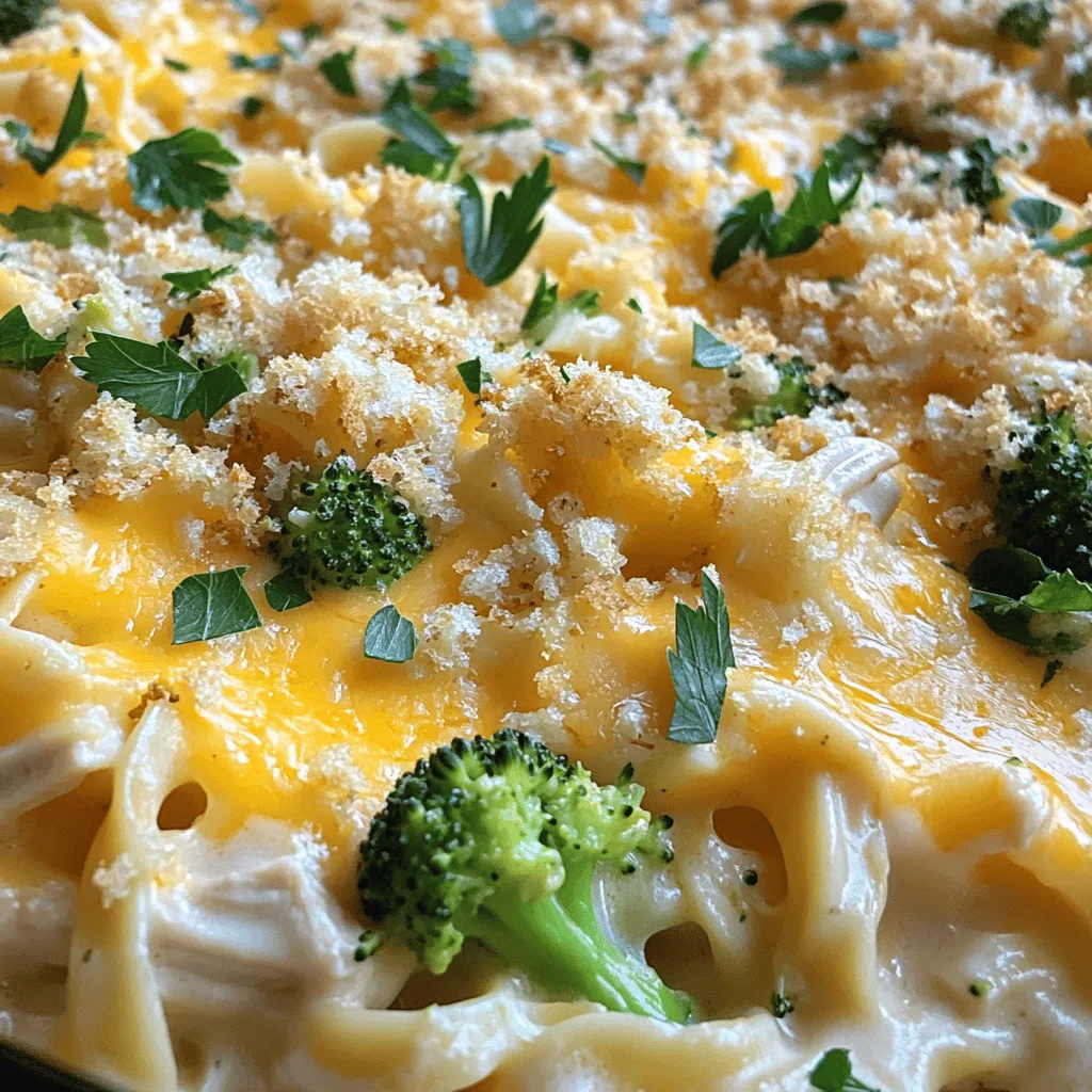 To make a tasty chicken noodle casserole, you need simple ingredients. Here’s the list: - 2 cups cooked rotini pasta - 2 cups cooked chicken, shredded - 1 cup fresh or frozen broccoli florets - 1 cup shredded carrots - 1 can (10.5 oz) cream of chicken soup - 1 cup sour cream - 1 cup shredded cheddar cheese (plus extra for topping) - 1 teaspoon garlic powder - 1 teaspoon onion powder - 1 teaspoon dried thyme - Salt and pepper, to taste - 1 cup panko breadcrumbs - 2 tablespoons butter, melted These ingredients blend well to create a creamy and savory dish. You can easily swap out some ingredients if you want. Here are a few ideas: - For pasta, use any short pasta like penne or fusilli. - Instead of chicken, you can use turkey or even tofu for a vegetarian option. - If you don’t have cream of chicken soup, try using cream of mushroom soup. - For a healthier touch, add spinach or bell peppers instead of broccoli. These changes can keep the dish fresh and exciting. When picking chicken, think about flavor and texture. You can use: - Roasted chicken: This adds great flavor. - Poached chicken: It keeps the meat juicy and tender. - Canned chicken: A quick option if you're short on time. Make sure the chicken is cooked well and shredded into small pieces. This helps it mix nicely with the pasta and sauce. First, I set my oven to 350°F (175°C). This temperature is perfect for baking. Next, I grab a 9x13 inch casserole dish and lightly grease it with cooking spray or butter. This step helps prevent sticking later. I fill a large pot with water and add a pinch of salt. Once the water boils, I add the rotini pasta. I cook it according to the package instructions until it reaches al dente. After cooking, I drain the pasta and let it cool slightly in the pot. In a large mixing bowl, I whisk together the cream of chicken soup and sour cream. I mix until smooth and creamy. Then, I add garlic powder, onion powder, dried thyme, salt, and pepper. I stir everything together until it’s well mixed. This sauce brings all the flavors together. Now it’s time to mix the casserole. I gently fold in the shredded chicken, cooked rotini pasta, broccoli florets, and shredded carrots into the sauce. I make sure all the ingredients are well coated. This step ensures that every bite is full of flavor. Once combined, I pour the mixture into the greased casserole dish. I spread it out evenly to create a nice, even layer. For the full recipe, check the ingredients listed earlier. To get the best bake, preheat your oven to 350°F. Bake the casserole for 30 to 35 minutes. The top should be golden and bubbly. If it browns too fast, cover it with foil. This keeps it from burning while the inside cooks fully. Seasonings make a big difference. I use garlic powder and onion powder for depth. Dried thyme adds a nice earthy taste. Always taste your mix before baking. Adjust salt and pepper to your liking for a balanced flavor. For the best melt, choose a good cheddar cheese. I like sharp cheddar for a stronger flavor. You can mix in mozzarella if you want it extra gooey. Sprinkle extra cheese on top before baking for that perfect cheesy crust. For more tips, check out the Full Recipe. {{image_4}} You can add many veggies to your chicken noodle casserole. Broccoli and carrots work well, but don’t stop there! Think about using peas, green beans, or even bell peppers. Fresh or frozen vegetables both taste great. Just remember to chop them into small pieces so they mix well. This way, every bite has a bit of crunch and color. If you want a change from chicken, try other proteins. Turkey is a great substitute if you have leftovers. You can also use cooked ham or even tofu for a vegetarian option. Each protein brings a new flavor and texture to the dish. Just make sure it’s cooked before mixing it in. This gives your casserole a tasty twist that makes it feel new again. Want to spice things up? Add some heat with red pepper flakes or hot sauce. For a fragrant twist, mix in fresh herbs like parsley or basil. Dried herbs like rosemary or oregano also add great flavor. This way, you can create a dish that suits your taste. Don't be afraid to experiment with spices. Each variation can make your chicken noodle casserole truly unique. For the full recipe, check out the Cheesy Chicken Noodle Casserole section. You can keep leftover chicken noodle casserole in the fridge. Use an airtight container to store it. It will stay fresh for about three to four days. Make sure to let it cool to room temperature before sealing it up. If you want to save it longer, freezing is a great option. First, let the casserole cool completely. Then, wrap it tightly in plastic wrap and place it in a freezer-safe container. It can last up to three months in the freezer. When you're ready to eat it, just thaw it in the fridge overnight. To reheat, preheat your oven to 350°F (175°C). Place the casserole in an oven-safe dish. Cover it with foil to keep it moist. Heat for about 20 to 25 minutes. If you want a crispy top, remove the foil for the last 10 minutes. You can also use the microwave, but the oven gives it a better texture. Enjoy your warm, cheesy chicken noodle casserole from the [Full Recipe]! To make Chicken Noodle Casserole from scratch, you need a few simple steps. First, cook pasta until al dente. Then, mix cream of chicken soup and sour cream in a bowl. Add garlic powder, onion powder, and thyme. Fold in shredded chicken, broccoli, and carrots. Pour everything into a greased casserole dish. Top with cheese and panko breadcrumbs mixed with butter. Bake at 350°F for 30 to 35 minutes. For the full recipe, look above. Yes, rotisserie chicken is a great choice. It saves time and adds flavor. Simply shred the cooked chicken and mix it into your casserole. This shortcut makes your meal quick and easy while keeping it tasty. Serve Chicken Noodle Casserole with a light salad or steamed veggies. A simple green salad with vinaigrette pairs well. You can also add garlic bread for a filling meal. These sides balance the rich flavors of the casserole. Chicken Noodle Casserole lasts about 3 to 5 days in the fridge. Store it in an airtight container for best results. To keep it fresh, make sure to cool it completely before sealing. Reheat it in the oven or microwave when you’re ready to eat. Chicken noodle casserole is a cozy dish. You learned about key ingredients and substitutes. I shared tips for cooking and baking perfectly. You can mix in veggies or proteins for fun twists. Storing leftovers can keep meals easy and tasty. Remember, this meal is versatile and simple. Enjoy making it your own. Dive into your kitchen with confidence and creativity. Your next family dinner is just a recipe away!