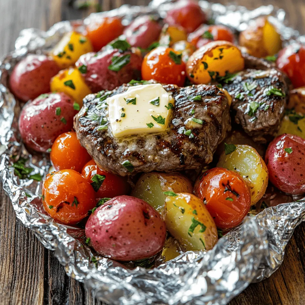 - 1 lb flank steak, cut into bite-sized pieces - 4 medium red potatoes, diced into 1-inch cubes - 4 tablespoons unsalted butter, melted - 4 cloves garlic, finely minced - 1 teaspoon fresh rosemary, finely chopped - 1 teaspoon fresh thyme, finely chopped - Salt and freshly ground black pepper, to taste - 1 cup cherry tomatoes, halved - Fresh parsley, chopped (for garnish) - Aluminum foil When I cook, I love to focus on fresh ingredients. The flank steak gives a nice flavor, while the red potatoes add heartiness. Garlic is a must, as it brings everything together. The butter adds richness that makes each bite so satisfying. I use fresh herbs like rosemary and thyme. They give a lovely aroma and taste. Don't forget to season with salt and pepper. It enhances every flavor in the dish. Adding cherry tomatoes brings a pop of color and sweetness. I always finish with fresh parsley. It brightens up the dish and looks beautiful. Make sure you have aluminum foil ready. It keeps everything juicy while cooking. You can find the full recipe at the end of this section. Enjoy cooking this delicious meal! - Preheat grill or oven to 400°F (200°C). - Prepare a mixing bowl and aluminum foil. - Toss potatoes with butter, garlic, herbs, salt, and pepper. - Divide seasoned potatoes among foil packets. - Layer bite-sized steak on potatoes. - Add cherry tomatoes around steak. - Seal foil packets tightly. - Cook on grill or oven for 20-25 minutes. When you prepare these garlic butter steak and potato foil packets, each step counts. Start by preheating your grill or oven to ensure even cooking. Next, mix your diced red potatoes with melted butter, minced garlic, fresh herbs, salt, and pepper. This blend makes every bite flavorful. Take four pieces of aluminum foil and lay them flat. Divide the seasoned potatoes evenly among the packets. Then, add the bite-sized steak pieces on top. Drizzle the remaining butter over the steak for extra flavor. Scatter halved cherry tomatoes around the meat for color and taste. Now, fold the sides of the foil to the center and seal tightly. This keeps all the juices inside while cooking. Place the sealed packets on your grill or in the oven and let them cook for 20-25 minutes. This time will make your steak tender and your potatoes soft. After cooking, let the packets sit for a few minutes. Be careful when you open them, as steam will escape. Stir the contents gently for even flavor. Garnish with fresh parsley for a nice finish. You can find the full recipe in the previous section. Enjoy your delicious meal! - Always check for desired doneness of steak. Use a meat thermometer for best results. - Ensure potatoes are tender. You can poke them with a fork to test. - Serve on individual plates for an elegant touch. It makes the meal feel special. - Drizzle extra melted garlic butter before serving. This adds flavor and richness. - Allow packets to sit for a few minutes before opening. This helps flavors blend. - Garnish with fresh parsley for color and flavor. It makes the dish pop! These tips can elevate your Garlic Butter Steak and Potato Foil Packets. For the full recipe, check out the details mentioned earlier. {{image_4}} When making garlic butter steak and potato foil packets, you can mix it up! Here are some fun ideas to try. - Add bell peppers or zucchini for more flavor. These veggies cook well and add a nice crunch. - Substitute sweet potatoes for red potatoes. They bring a sweeter taste that many enjoy. - Use chicken breast instead of flank steak. Chicken cooks nicely and stays juicy. - Try shrimp for a seafood variation. Shrimp cooks fast and adds a different flavor. - Add crushed red pepper flakes or jalapeños for a kick. These ingredients will heat up your dish! - Incorporate spicy seasonings for heat. A little cayenne or chili powder can change things up. You can find the full recipe to get started on these variations! Enjoy the cooking adventure. After enjoying your meal, let leftovers cool completely. Place them in airtight containers. This helps keep the flavors fresh. Store them in the refrigerator for up to 3 days. You can easily enjoy this dish again! When it's time to reheat, you have options. You can use the oven or microwave. If you choose the oven, set it to 350°F. For the microwave, use a safe dish. To add more flavor, include a little extra butter or oil when reheating. This keeps the dish moist. If you want to save some for later, freezing is a great choice. Assemble the packets before cooking. Wrap them well in foil and place them in a freezer bag. You can store these for up to 3 months. Just remember to defrost them before cooking. This way, you can have a delicious meal ready anytime! To know if your steak is cooked, check the internal temperature with a meat thermometer. For medium-rare, aim for 130°F (54°C). For medium, look for 140°F (60°C). This ensures a juicy, flavorful steak. Yes, you can substitute with chicken or pork. Chicken thighs or pork tenderloin work well. Just adjust the cooking time as needed. Chicken should reach 165°F (74°C) for safety. No, the potatoes will cook in the foil packets along with the steak. Dicing them into 1-inch cubes helps them cook evenly and fully. This keeps the meal simple and quick. This blog covered how to make tasty steak and potato foil packets. We started with the main ingredients like flank steak and red potatoes, then moved on to step-by-step cooking instructions. I shared tips for cooking and presenting your dish beautifully. You can even try variations with different vegetables or proteins. With these easy steps, you can cook and enjoy a flavorful meal quickly. Using foil packets makes cleanup a breeze. Try this recipe to impress your family or friends!