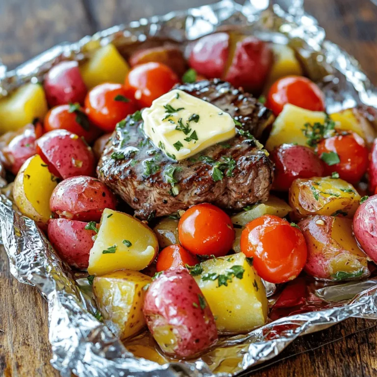 - 1 lb flank steak, cut into bite-sized pieces - 4 medium red potatoes, diced into 1-inch cubes - 4 tablespoons unsalted butter, melted - 4 cloves garlic, finely minced - 1 teaspoon fresh rosemary, finely chopped - 1 teaspoon fresh thyme, finely chopped - Salt and freshly ground black pepper, to taste - 1 cup cherry tomatoes, halved - Fresh parsley, chopped (for garnish) - Aluminum foil When I cook, I love to focus on fresh ingredients. The flank steak gives a nice flavor, while the red potatoes add heartiness. Garlic is a must, as it brings everything together. The butter adds richness that makes each bite so satisfying. I use fresh herbs like rosemary and thyme. They give a lovely aroma and taste. Don't forget to season with salt and pepper. It enhances every flavor in the dish. Adding cherry tomatoes brings a pop of color and sweetness. I always finish with fresh parsley. It brightens up the dish and looks beautiful. Make sure you have aluminum foil ready. It keeps everything juicy while cooking. You can find the full recipe at the end of this section. Enjoy cooking this delicious meal! - Preheat grill or oven to 400°F (200°C). - Prepare a mixing bowl and aluminum foil. - Toss potatoes with butter, garlic, herbs, salt, and pepper. - Divide seasoned potatoes among foil packets. - Layer bite-sized steak on potatoes. - Add cherry tomatoes around steak. - Seal foil packets tightly. - Cook on grill or oven for 20-25 minutes. When you prepare these garlic butter steak and potato foil packets, each step counts. Start by preheating your grill or oven to ensure even cooking. Next, mix your diced red potatoes with melted butter, minced garlic, fresh herbs, salt, and pepper. This blend makes every bite flavorful. Take four pieces of aluminum foil and lay them flat. Divide the seasoned potatoes evenly among the packets. Then, add the bite-sized steak pieces on top. Drizzle the remaining butter over the steak for extra flavor. Scatter halved cherry tomatoes around the meat for color and taste. Now, fold the sides of the foil to the center and seal tightly. This keeps all the juices inside while cooking. Place the sealed packets on your grill or in the oven and let them cook for 20-25 minutes. This time will make your steak tender and your potatoes soft. After cooking, let the packets sit for a few minutes. Be careful when you open them, as steam will escape. Stir the contents gently for even flavor. Garnish with fresh parsley for a nice finish. You can find the full recipe in the previous section. Enjoy your delicious meal! - Always check for desired doneness of steak. Use a meat thermometer for best results. - Ensure potatoes are tender. You can poke them with a fork to test. - Serve on individual plates for an elegant touch. It makes the meal feel special. - Drizzle extra melted garlic butter before serving. This adds flavor and richness. - Allow packets to sit for a few minutes before opening. This helps flavors blend. - Garnish with fresh parsley for color and flavor. It makes the dish pop! These tips can elevate your Garlic Butter Steak and Potato Foil Packets. For the full recipe, check out the details mentioned earlier. {{image_4}} When making garlic butter steak and potato foil packets, you can mix it up! Here are some fun ideas to try. - Add bell peppers or zucchini for more flavor. These veggies cook well and add a nice crunch. - Substitute sweet potatoes for red potatoes. They bring a sweeter taste that many enjoy. - Use chicken breast instead of flank steak. Chicken cooks nicely and stays juicy. - Try shrimp for a seafood variation. Shrimp cooks fast and adds a different flavor. - Add crushed red pepper flakes or jalapeños for a kick. These ingredients will heat up your dish! - Incorporate spicy seasonings for heat. A little cayenne or chili powder can change things up. You can find the full recipe to get started on these variations! Enjoy the cooking adventure. After enjoying your meal, let leftovers cool completely. Place them in airtight containers. This helps keep the flavors fresh. Store them in the refrigerator for up to 3 days. You can easily enjoy this dish again! When it's time to reheat, you have options. You can use the oven or microwave. If you choose the oven, set it to 350°F. For the microwave, use a safe dish. To add more flavor, include a little extra butter or oil when reheating. This keeps the dish moist. If you want to save some for later, freezing is a great choice. Assemble the packets before cooking. Wrap them well in foil and place them in a freezer bag. You can store these for up to 3 months. Just remember to defrost them before cooking. This way, you can have a delicious meal ready anytime! To know if your steak is cooked, check the internal temperature with a meat thermometer. For medium-rare, aim for 130°F (54°C). For medium, look for 140°F (60°C). This ensures a juicy, flavorful steak. Yes, you can substitute with chicken or pork. Chicken thighs or pork tenderloin work well. Just adjust the cooking time as needed. Chicken should reach 165°F (74°C) for safety. No, the potatoes will cook in the foil packets along with the steak. Dicing them into 1-inch cubes helps them cook evenly and fully. This keeps the meal simple and quick. This blog covered how to make tasty steak and potato foil packets. We started with the main ingredients like flank steak and red potatoes, then moved on to step-by-step cooking instructions. I shared tips for cooking and presenting your dish beautifully. You can even try variations with different vegetables or proteins. With these easy steps, you can cook and enjoy a flavorful meal quickly. Using foil packets makes cleanup a breeze. Try this recipe to impress your family or friends!