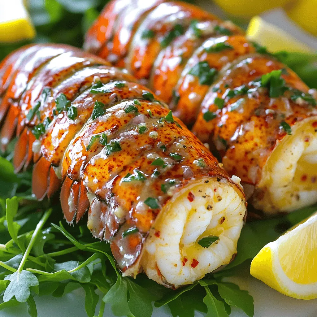 - 2 lobster tails - 1/2 cup (1 stick) unsalted butter - 4 cloves garlic, finely minced - 1/2 teaspoon red pepper flakes (adjust according to your spice preference) - 1/4 cup heavy cream - Zest of 1 lemon - Juice of 1/2 lemon - Salt and fresh black pepper, to taste - 2 tablespoons fresh parsley, chopped (for a fresh garnish) - Fresh herbs like thyme or dill for added flavor - A splash of white wine for richness - Grated Parmesan cheese for a cheesy touch Use fresh lobster tails for the best taste. Look for tails that are firm and feel heavy for their size. The shells should be hard and glossy, showing freshness. When selecting butter, choose high-quality unsalted butter; it allows you to control the salt level. If fresh garlic isn’t available, use garlic powder, but fresh gives the best flavor. For the red pepper flakes, adjust based on your spice level preference. If you like a citrus twist, try adding lime zest along with or instead of lemon. Remember, all these ingredients work together to create a rich, creamy sauce. You can find the full recipe in the earlier section. Start by gathering all your ingredients. This makes the process smooth and easy. Preheat the oven to 425°F (220°C). This step warms your oven, which helps cook the lobster evenly. Next, take your lobster tails. Use a sharp knife to carefully split each tail in half lengthwise. Make sure you don’t cut all the way through; this keeps the meat attached. Place the open lobster tails on a baking sheet, with the meat facing up. Melt the butter in a medium saucepan over low heat. Once it is fully melted, add the minced garlic and red pepper flakes. Cook this mix for 1-2 minutes. Stir gently until the garlic smells good but does not brown. Then, pour in the heavy cream, lemon zest, and lemon juice. Stir well and let the sauce simmer for 3-4 minutes. This helps the flavors blend nicely. Season the sauce with salt and fresh black pepper to taste. Use half of this creamy garlic butter to coat the lobster tails. Now, place the baking sheet in the preheated oven. Bake the lobster tails for 10-12 minutes. You want the meat to turn opaque and fully cook. At the halfway mark, take the tails out of the oven. Drizzle the rest of the garlic butter sauce over them. This adds more moisture and flavor. For the best results, watch the lobster closely as it bakes. Every oven is different, so adjust the time if needed. Lobster cooks quickly, so you don’t want to overdo it. Once the baking is done, remove the tails from the oven. Garnish with fresh parsley for a pop of color. Serve these lobster tails on a bed of greens or with grilled asparagus. Drizzle any remaining garlic butter sauce over the top for extra flavor. Enjoy this dish with a side of lemon wedges for brightness! This recipe is simple and delightful. If you want the full details, check the Full Recipe. To get the best lobster tails, you need fresh ones. Look for tails with a firm shell and no strong smell. When you cut them, make a clean slice down the back. This helps the meat cook evenly. Always leave a bit of shell attached; it keeps the meat moist and tender. One big mistake is overcooking the tails. Lobster cooks fast. Watch it closely. If it turns rubbery, you've cooked it too long. Another common error is not seasoning enough. Make sure you add salt and pepper to enhance the flavor. Also, don't skip the garlic. It adds a rich taste that makes a real difference. Serve your creamy garlic butter lobster tails on a pretty plate. A bed of greens or grilled asparagus makes a great base. Drizzle the leftover sauce on top for extra flavor. Lemon wedges on the side brighten the dish. You can pair them with garlic bread or a fresh salad for a complete meal. For more ideas, check out the Full Recipe. {{image_4}} You can switch up the sauce for your lobster tails. Instead of creamy garlic butter, try a lemon herb sauce. Mix fresh herbs like thyme and basil with olive oil and lemon juice. If you want a kick, add a splash of hot sauce. For a richer flavor, a white wine sauce works great too. Just simmer white wine with shallots and butter until thick. Baking is easy, but you can grill or broil your lobster tails. For grilling, preheat your grill. Brush the tails with oil and place them meat side down. Cook for about 5-7 minutes, then flip and add sauce. Broiling gives a nice char. Set your broiler to high and place the tails a few inches from the heat. Broil for 8-10 minutes, basting with sauce. If you lack some ingredients, don’t worry! You can use margarine instead of butter. For the cream, try coconut cream or a dairy-free option. If you want less spice, skip the red pepper flakes or use paprika for mild heat. Fresh parsley can be swapped with chives or cilantro. Each change will give your dish a unique twist. For the full recipe, check out the complete guide to creamy garlic butter lobster tails. After enjoying creamy garlic butter lobster tails, you may have leftovers. Store them in an airtight container. Place the container in the fridge. They will stay fresh for about 2 days. For the best taste, eat them within this time. If you want to save leftovers for later, freezing is a great option. First, let the lobster tails cool completely. Wrap each tail tightly in plastic wrap. Then, place them in a freezer-safe bag. Remove as much air as you can before sealing. Frozen lobster tails can last up to 3 months. When you're ready to eat them, thaw in the fridge overnight. To reheat lobster tails, avoid the microwave if possible. Instead, use your oven. Preheat it to 350°F (175°C). Place the lobster tails in a baking dish. Cover with foil to keep them moist. Heat for about 10-15 minutes, or until warm. You can also use a skillet over low heat. Add a bit of butter to keep them juicy. This way, you'll enjoy the same great taste as before! You can tell lobster tails are cooked when the meat turns opaque and firm. The shell also changes to a bright red color. A good rule is to cook them for about 10-12 minutes at 425°F (220°C). If you pierce the meat with a fork, it should be tender yet bounce back slightly. Yes, you can make creamy garlic butter lobster tails without cream. Instead, use a mix of broth and a little flour to thicken it. This swap gives you a tasty sauce that still coats the lobster. You could also use a nut milk, like cashew or almond, for a dairy-free option. Great side dishes for lobster tails include: - Garlic mashed potatoes - Grilled corn on the cob - Lemon herb rice - Steamed asparagus - A fresh garden salad These sides complement the rich flavors of the lobster without overpowering them. Don't forget to serve lemon wedges for a fresh kick! For more details, check the Full Recipe for ideas on pairing. To recap, we covered essential ingredients, preparation, cooking tips, and storage for lobster tails. You now have clear steps and creative variations, making it easy to impress anyone. Remember to avoid common mistakes for the best results. With the right techniques, you can create a delicious dish. Enjoy your cooking adventure and share it with others. Your lobster tails will shine at any meal!