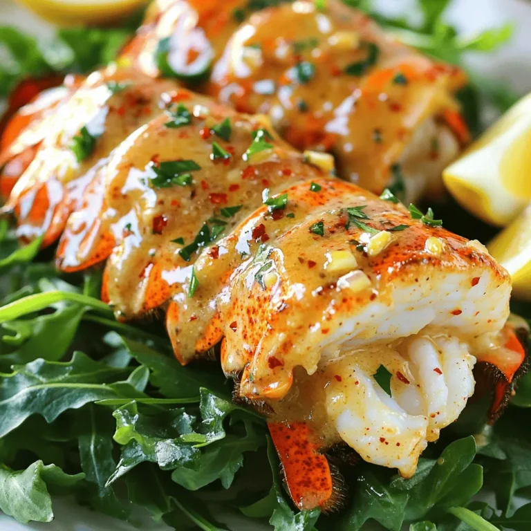 - 2 lobster tails - 1/2 cup (1 stick) unsalted butter - 4 cloves garlic, finely minced - 1/2 teaspoon red pepper flakes (adjust according to your spice preference) - 1/4 cup heavy cream - Zest of 1 lemon - Juice of 1/2 lemon - Salt and fresh black pepper, to taste - 2 tablespoons fresh parsley, chopped (for a fresh garnish) - Fresh herbs like thyme or dill for added flavor - A splash of white wine for richness - Grated Parmesan cheese for a cheesy touch Use fresh lobster tails for the best taste. Look for tails that are firm and feel heavy for their size. The shells should be hard and glossy, showing freshness. When selecting butter, choose high-quality unsalted butter; it allows you to control the salt level. If fresh garlic isn’t available, use garlic powder, but fresh gives the best flavor. For the red pepper flakes, adjust based on your spice level preference. If you like a citrus twist, try adding lime zest along with or instead of lemon. Remember, all these ingredients work together to create a rich, creamy sauce. You can find the full recipe in the earlier section. Start by gathering all your ingredients. This makes the process smooth and easy. Preheat the oven to 425°F (220°C). This step warms your oven, which helps cook the lobster evenly. Next, take your lobster tails. Use a sharp knife to carefully split each tail in half lengthwise. Make sure you don’t cut all the way through; this keeps the meat attached. Place the open lobster tails on a baking sheet, with the meat facing up. Melt the butter in a medium saucepan over low heat. Once it is fully melted, add the minced garlic and red pepper flakes. Cook this mix for 1-2 minutes. Stir gently until the garlic smells good but does not brown. Then, pour in the heavy cream, lemon zest, and lemon juice. Stir well and let the sauce simmer for 3-4 minutes. This helps the flavors blend nicely. Season the sauce with salt and fresh black pepper to taste. Use half of this creamy garlic butter to coat the lobster tails. Now, place the baking sheet in the preheated oven. Bake the lobster tails for 10-12 minutes. You want the meat to turn opaque and fully cook. At the halfway mark, take the tails out of the oven. Drizzle the rest of the garlic butter sauce over them. This adds more moisture and flavor. For the best results, watch the lobster closely as it bakes. Every oven is different, so adjust the time if needed. Lobster cooks quickly, so you don’t want to overdo it. Once the baking is done, remove the tails from the oven. Garnish with fresh parsley for a pop of color. Serve these lobster tails on a bed of greens or with grilled asparagus. Drizzle any remaining garlic butter sauce over the top for extra flavor. Enjoy this dish with a side of lemon wedges for brightness! This recipe is simple and delightful. If you want the full details, check the Full Recipe. To get the best lobster tails, you need fresh ones. Look for tails with a firm shell and no strong smell. When you cut them, make a clean slice down the back. This helps the meat cook evenly. Always leave a bit of shell attached; it keeps the meat moist and tender. One big mistake is overcooking the tails. Lobster cooks fast. Watch it closely. If it turns rubbery, you've cooked it too long. Another common error is not seasoning enough. Make sure you add salt and pepper to enhance the flavor. Also, don't skip the garlic. It adds a rich taste that makes a real difference. Serve your creamy garlic butter lobster tails on a pretty plate. A bed of greens or grilled asparagus makes a great base. Drizzle the leftover sauce on top for extra flavor. Lemon wedges on the side brighten the dish. You can pair them with garlic bread or a fresh salad for a complete meal. For more ideas, check out the Full Recipe. {{image_4}} You can switch up the sauce for your lobster tails. Instead of creamy garlic butter, try a lemon herb sauce. Mix fresh herbs like thyme and basil with olive oil and lemon juice. If you want a kick, add a splash of hot sauce. For a richer flavor, a white wine sauce works great too. Just simmer white wine with shallots and butter until thick. Baking is easy, but you can grill or broil your lobster tails. For grilling, preheat your grill. Brush the tails with oil and place them meat side down. Cook for about 5-7 minutes, then flip and add sauce. Broiling gives a nice char. Set your broiler to high and place the tails a few inches from the heat. Broil for 8-10 minutes, basting with sauce. If you lack some ingredients, don’t worry! You can use margarine instead of butter. For the cream, try coconut cream or a dairy-free option. If you want less spice, skip the red pepper flakes or use paprika for mild heat. Fresh parsley can be swapped with chives or cilantro. Each change will give your dish a unique twist. For the full recipe, check out the complete guide to creamy garlic butter lobster tails. After enjoying creamy garlic butter lobster tails, you may have leftovers. Store them in an airtight container. Place the container in the fridge. They will stay fresh for about 2 days. For the best taste, eat them within this time. If you want to save leftovers for later, freezing is a great option. First, let the lobster tails cool completely. Wrap each tail tightly in plastic wrap. Then, place them in a freezer-safe bag. Remove as much air as you can before sealing. Frozen lobster tails can last up to 3 months. When you're ready to eat them, thaw in the fridge overnight. To reheat lobster tails, avoid the microwave if possible. Instead, use your oven. Preheat it to 350°F (175°C). Place the lobster tails in a baking dish. Cover with foil to keep them moist. Heat for about 10-15 minutes, or until warm. You can also use a skillet over low heat. Add a bit of butter to keep them juicy. This way, you'll enjoy the same great taste as before! You can tell lobster tails are cooked when the meat turns opaque and firm. The shell also changes to a bright red color. A good rule is to cook them for about 10-12 minutes at 425°F (220°C). If you pierce the meat with a fork, it should be tender yet bounce back slightly. Yes, you can make creamy garlic butter lobster tails without cream. Instead, use a mix of broth and a little flour to thicken it. This swap gives you a tasty sauce that still coats the lobster. You could also use a nut milk, like cashew or almond, for a dairy-free option. Great side dishes for lobster tails include: - Garlic mashed potatoes - Grilled corn on the cob - Lemon herb rice - Steamed asparagus - A fresh garden salad These sides complement the rich flavors of the lobster without overpowering them. Don't forget to serve lemon wedges for a fresh kick! For more details, check the Full Recipe for ideas on pairing. To recap, we covered essential ingredients, preparation, cooking tips, and storage for lobster tails. You now have clear steps and creative variations, making it easy to impress anyone. Remember to avoid common mistakes for the best results. With the right techniques, you can create a delicious dish. Enjoy your cooking adventure and share it with others. Your lobster tails will shine at any meal!