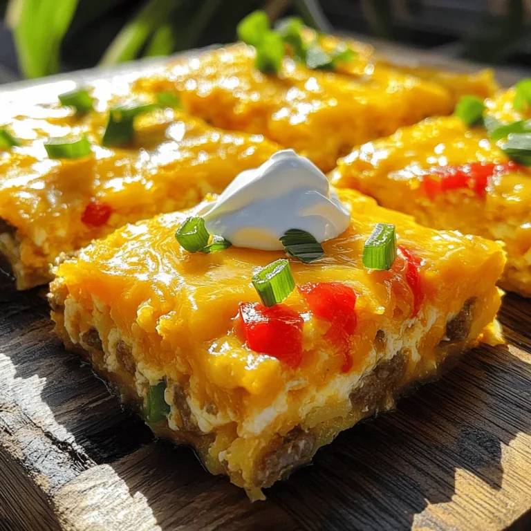 To make a delicious sausage breakfast casserole, gather these key ingredients: - 1 pound breakfast sausage, casings removed - 6 large eggs - 1 cup whole milk - 1 teaspoon garlic powder - 1 teaspoon onion powder - 1 teaspoon dried thyme - 1/2 teaspoon paprika - Salt and freshly cracked black pepper to taste - 4 cups frozen hash browns, thawed - 1 cup shredded sharp cheddar cheese - 1/2 cup diced bell peppers (a mix of red and green for color) - 1/2 cup chopped green onions Using fresh ingredients makes a big difference in taste. Here are some tips to ensure quality: - Eggs: Look for eggs with clean shells and no cracks. Farm-fresh eggs often have richer flavor. - Sausage: Choose a brand with no fillers. Fresh sausage has better flavor and texture. - Cheese: Opt for block cheese and shred it yourself for the best melt and taste. - Vegetables: Choose vibrant, firm bell peppers and green onions. Avoid any that look wilted or soft. You can customize the casserole with these alternatives: - Sausage: Use turkey sausage for a leaner option or plant-based sausage for a vegetarian twist. - Milk: Swap whole milk for almond or oat milk for a dairy-free version. - Cheese: Try pepper jack cheese for a spicy kick or mozzarella for a milder taste. - Hash Browns: Substitute with diced potatoes or even quinoa for a different texture. By mixing and matching these ingredients, you can create a version of this casserole that suits your taste and diet! For the complete recipe, check out the Full Recipe. Start by gathering all your ingredients. This makes cooking easier. You need: - 1 pound breakfast sausage, casings removed - 6 large eggs - 1 cup whole milk - 1 teaspoon garlic powder - 1 teaspoon onion powder - 1 teaspoon dried thyme - 1/2 teaspoon paprika - Salt and freshly cracked black pepper to taste - 4 cups frozen hash browns, thawed - 1 cup shredded sharp cheddar cheese - 1/2 cup diced bell peppers - 1/2 cup chopped green onions Make sure your hash browns are thawed. This helps them mix well. Preheat your oven to 350°F (175°C) and grease your baking dish. In a large skillet, heat the breakfast sausage over medium heat. Use a wooden spoon to break it apart. Cook it for about 5-7 minutes. You want it to be brown and no longer pink. After it cooks, drain any fat. Let it cool for a few minutes. In a big bowl, whisk the eggs and milk until smooth. Add garlic powder, onion powder, thyme, paprika, and season with salt and pepper. Mix well. Now, fold in your thawed hash browns, making sure they are fully coated. Then, gently mix in the cooked sausage, bell peppers, and half of the cheddar cheese. Pour the mixture into your prepared baking dish. Spread it out evenly. Top it with the rest of the cheese and some chopped green onions. Place it in the oven and bake for 35-40 minutes. The center should be set, and the top should look golden brown. Once it's done, let it cool for a few minutes. Slice into squares and serve warm. Enjoy your delicious creation from the full recipe! To make the best sausage breakfast casserole, I suggest you follow these key tips: - Use fresh ingredients. Fresh eggs and quality sausage enhance flavor. - Thaw the hash browns completely. This helps the casserole cook evenly. - Grease the baking dish well. This prevents sticking and makes serving easier. - Let the casserole cool before slicing. It holds together better when cut. Avoid these common mistakes for a perfect casserole: - Don’t skip seasoning. A good amount of salt and pepper makes a big difference. - Don’t overcook the sausage. It should be browned but not dry. - Forgetting to mix thoroughly. Ensure all ingredients are well combined for even taste. - Baking at the wrong temperature. Stick to the preheated oven for best results. For a great texture, here’s what to do: - Use a mix of soft and crispy textures. The hash browns should be crispy on the edges. - The eggs should be fluffy. Don’t overbeat them; just mix until combined. - Let it bake until golden brown. This gives a nice crust while keeping the inside moist. - If it’s too dry, consider adding a splash of milk before baking. Follow these tips, and you’ll enjoy a delicious and easy sausage breakfast casserole. Check out the Full Recipe for more details! {{image_4}} You can enjoy a vegetarian version of this casserole. Replace the sausage with plant-based sausage. Use mushrooms for a hearty texture. Spinach or kale adds great color and nutrition. Try using a mix of your favorite vegetables to keep it fresh and fun. If you're gluten-free, swap the hash browns for gluten-free versions. You can also use quinoa or rice. For a dairy-free option, try almond or oat milk. Nutritional yeast can replace cheese, giving a cheesy flavor without dairy. Spice things up with jalapeños for some heat. Adding sun-dried tomatoes can give the dish a rich taste. Fresh herbs like parsley or cilantro can brighten the flavors. Try adding olives or feta cheese for a Mediterranean twist. For the full recipe, check out the Sizzling Sausage Sunrise Casserole. After enjoying your casserole, store leftovers in an airtight container. Allow the dish to cool completely before sealing. This prevents moisture build-up, keeping the casserole fresh. You can keep it in the fridge for up to three days. Always label your container with the date to avoid confusion later. To reheat, place individual servings in the microwave for quick warmth. Heat on medium power for about 1-2 minutes. If reheating the whole dish, cover it with foil in a preheated oven at 350°F. Bake for about 20 minutes until hot. This method helps keep the casserole moist and tasty. You can freeze the casserole for longer storage. Allow it to cool down completely, then wrap it tightly in plastic wrap and aluminum foil. This prevents freezer burn. It can stay in the freezer for up to three months. When ready to eat, thaw overnight in the fridge and reheat as mentioned above. This makes enjoying your Sizzling Sausage Sunrise Casserole easy anytime! You can tell the casserole is done when the center is firm. A golden brown top is a good sign, too. Insert a knife in the center; if it comes out clean, it's ready. The baking time is about 35 to 40 minutes at 350°F (175°C), but ovens can vary. Yes, you can prepare the casserole a day in advance. Just assemble it and cover it well. Store it in the fridge overnight. When you're ready to bake, let it sit at room temp for about 30 minutes. Then, bake as directed. This saves time on busy mornings! This casserole pairs well with fresh fruit or a simple green salad. You can also add toast or muffins for extra carbs. For drinks, consider coffee, tea, or fresh juice. These sides make the meal more balanced and delicious. To adjust servings, simply change the amount of ingredients. For a smaller group, cut the recipe in half. For a larger group, double the ingredients. Use a larger baking dish if you make more. Always check the cooking time, as larger casseroles may need a bit longer to bake. This blog post covered tips for making a great sausage breakfast casserole. We looked at the best ingredients, cooking steps, and storage options. Remember to choose fresh ingredients for the best taste. Avoid common mistakes to make sure your dish shines. Try the variations for fun flavors. With these tips, you can create a delicious meal any time. Enjoy the cooking process, and don’t hesitate to experiment and discover your favorite versions of this dish. Happy cooking!