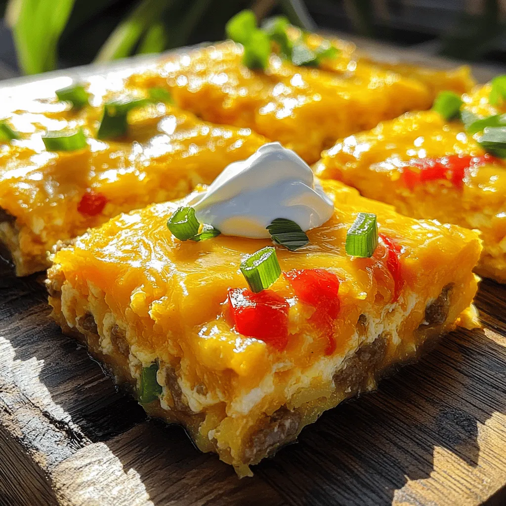 To make a delicious sausage breakfast casserole, gather these key ingredients: - 1 pound breakfast sausage, casings removed - 6 large eggs - 1 cup whole milk - 1 teaspoon garlic powder - 1 teaspoon onion powder - 1 teaspoon dried thyme - 1/2 teaspoon paprika - Salt and freshly cracked black pepper to taste - 4 cups frozen hash browns, thawed - 1 cup shredded sharp cheddar cheese - 1/2 cup diced bell peppers (a mix of red and green for color) - 1/2 cup chopped green onions Using fresh ingredients makes a big difference in taste. Here are some tips to ensure quality: - Eggs: Look for eggs with clean shells and no cracks. Farm-fresh eggs often have richer flavor. - Sausage: Choose a brand with no fillers. Fresh sausage has better flavor and texture. - Cheese: Opt for block cheese and shred it yourself for the best melt and taste. - Vegetables: Choose vibrant, firm bell peppers and green onions. Avoid any that look wilted or soft. You can customize the casserole with these alternatives: - Sausage: Use turkey sausage for a leaner option or plant-based sausage for a vegetarian twist. - Milk: Swap whole milk for almond or oat milk for a dairy-free version. - Cheese: Try pepper jack cheese for a spicy kick or mozzarella for a milder taste. - Hash Browns: Substitute with diced potatoes or even quinoa for a different texture. By mixing and matching these ingredients, you can create a version of this casserole that suits your taste and diet! For the complete recipe, check out the Full Recipe. Start by gathering all your ingredients. This makes cooking easier. You need: - 1 pound breakfast sausage, casings removed - 6 large eggs - 1 cup whole milk - 1 teaspoon garlic powder - 1 teaspoon onion powder - 1 teaspoon dried thyme - 1/2 teaspoon paprika - Salt and freshly cracked black pepper to taste - 4 cups frozen hash browns, thawed - 1 cup shredded sharp cheddar cheese - 1/2 cup diced bell peppers - 1/2 cup chopped green onions Make sure your hash browns are thawed. This helps them mix well. Preheat your oven to 350°F (175°C) and grease your baking dish. In a large skillet, heat the breakfast sausage over medium heat. Use a wooden spoon to break it apart. Cook it for about 5-7 minutes. You want it to be brown and no longer pink. After it cooks, drain any fat. Let it cool for a few minutes. In a big bowl, whisk the eggs and milk until smooth. Add garlic powder, onion powder, thyme, paprika, and season with salt and pepper. Mix well. Now, fold in your thawed hash browns, making sure they are fully coated. Then, gently mix in the cooked sausage, bell peppers, and half of the cheddar cheese. Pour the mixture into your prepared baking dish. Spread it out evenly. Top it with the rest of the cheese and some chopped green onions. Place it in the oven and bake for 35-40 minutes. The center should be set, and the top should look golden brown. Once it's done, let it cool for a few minutes. Slice into squares and serve warm. Enjoy your delicious creation from the full recipe! To make the best sausage breakfast casserole, I suggest you follow these key tips: - Use fresh ingredients. Fresh eggs and quality sausage enhance flavor. - Thaw the hash browns completely. This helps the casserole cook evenly. - Grease the baking dish well. This prevents sticking and makes serving easier. - Let the casserole cool before slicing. It holds together better when cut. Avoid these common mistakes for a perfect casserole: - Don’t skip seasoning. A good amount of salt and pepper makes a big difference. - Don’t overcook the sausage. It should be browned but not dry. - Forgetting to mix thoroughly. Ensure all ingredients are well combined for even taste. - Baking at the wrong temperature. Stick to the preheated oven for best results. For a great texture, here’s what to do: - Use a mix of soft and crispy textures. The hash browns should be crispy on the edges. - The eggs should be fluffy. Don’t overbeat them; just mix until combined. - Let it bake until golden brown. This gives a nice crust while keeping the inside moist. - If it’s too dry, consider adding a splash of milk before baking. Follow these tips, and you’ll enjoy a delicious and easy sausage breakfast casserole. Check out the Full Recipe for more details! {{image_4}} You can enjoy a vegetarian version of this casserole. Replace the sausage with plant-based sausage. Use mushrooms for a hearty texture. Spinach or kale adds great color and nutrition. Try using a mix of your favorite vegetables to keep it fresh and fun. If you're gluten-free, swap the hash browns for gluten-free versions. You can also use quinoa or rice. For a dairy-free option, try almond or oat milk. Nutritional yeast can replace cheese, giving a cheesy flavor without dairy. Spice things up with jalapeños for some heat. Adding sun-dried tomatoes can give the dish a rich taste. Fresh herbs like parsley or cilantro can brighten the flavors. Try adding olives or feta cheese for a Mediterranean twist. For the full recipe, check out the Sizzling Sausage Sunrise Casserole. After enjoying your casserole, store leftovers in an airtight container. Allow the dish to cool completely before sealing. This prevents moisture build-up, keeping the casserole fresh. You can keep it in the fridge for up to three days. Always label your container with the date to avoid confusion later. To reheat, place individual servings in the microwave for quick warmth. Heat on medium power for about 1-2 minutes. If reheating the whole dish, cover it with foil in a preheated oven at 350°F. Bake for about 20 minutes until hot. This method helps keep the casserole moist and tasty. You can freeze the casserole for longer storage. Allow it to cool down completely, then wrap it tightly in plastic wrap and aluminum foil. This prevents freezer burn. It can stay in the freezer for up to three months. When ready to eat, thaw overnight in the fridge and reheat as mentioned above. This makes enjoying your Sizzling Sausage Sunrise Casserole easy anytime! You can tell the casserole is done when the center is firm. A golden brown top is a good sign, too. Insert a knife in the center; if it comes out clean, it's ready. The baking time is about 35 to 40 minutes at 350°F (175°C), but ovens can vary. Yes, you can prepare the casserole a day in advance. Just assemble it and cover it well. Store it in the fridge overnight. When you're ready to bake, let it sit at room temp for about 30 minutes. Then, bake as directed. This saves time on busy mornings! This casserole pairs well with fresh fruit or a simple green salad. You can also add toast or muffins for extra carbs. For drinks, consider coffee, tea, or fresh juice. These sides make the meal more balanced and delicious. To adjust servings, simply change the amount of ingredients. For a smaller group, cut the recipe in half. For a larger group, double the ingredients. Use a larger baking dish if you make more. Always check the cooking time, as larger casseroles may need a bit longer to bake. This blog post covered tips for making a great sausage breakfast casserole. We looked at the best ingredients, cooking steps, and storage options. Remember to choose fresh ingredients for the best taste. Avoid common mistakes to make sure your dish shines. Try the variations for fun flavors. With these tips, you can create a delicious meal any time. Enjoy the cooking process, and don’t hesitate to experiment and discover your favorite versions of this dish. Happy cooking!