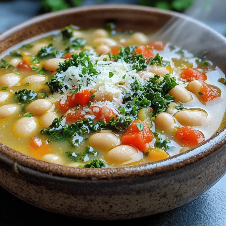Here’s what you need for Tuscan White Bean Soup Delight. This recipe is simple and fun to make. - 2 cans (15 oz each) white beans (cannellini or great northern), drained and rinsed - 4 cups vegetable broth - 1 medium onion, finely diced - 3 garlic cloves, minced - 2 medium carrots, peeled and chopped - 2 celery stalks, chopped - 1 cup diced tomatoes (canned or fresh) - 1 teaspoon dried thyme - 1 teaspoon dried rosemary - 1 teaspoon red pepper flakes (adjust to your preferred spice level) - 2 cups kale, stems removed and chopped - 2 tablespoons extra-virgin olive oil - Salt and pepper to taste - Freshly grated Parmesan cheese (for serving, optional) - Fresh parsley, finely chopped (for garnish) Gather these ingredients to create a warm and hearty soup. Each component adds flavor and nutrition. The white beans provide protein, while the vegetables add color and taste. Fresh herbs bring a lovely aroma. If you want to make it your own, sprinkle some cheese or parsley on top when serving. You can find the Full Recipe for more detailed steps to bring this dish to life! To make Tuscan White Bean Soup Delight, start by gathering your ingredients. You will need two cans of white beans, vegetable broth, and fresh veggies. 1. In a large pot, heat two tablespoons of olive oil over medium heat. 2. Add one diced onion, two chopped carrots, and two chopped celery stalks. 3. Sauté these for about 5-7 minutes. Stir often until the onion turns clear. 4. Next, add three minced garlic cloves. Cook for one more minute, stirring well. 5. Now mix in one cup of diced tomatoes, one teaspoon dried thyme, one teaspoon dried rosemary, and one teaspoon red pepper flakes. Cook for 2-3 minutes. Tip: When checking the doneness of the beans, they should be soft but not mushy. For the kale, it should wilt and stay bright green. 6. Pour in four cups of vegetable broth and bring it to a boil. 7. Reduce the heat to low and let it simmer. 8. Add the rinsed white beans and simmer for 15-20 minutes. This helps the flavors blend nicely. 9. After that, stir in two cups of chopped kale. Cook for another 5 minutes until the kale is tender. 10. Taste your soup and add salt and pepper as needed. For perfect flavor, keep the heat at medium when cooking the veggies. A slow simmer lets the tastes develop well. If you want a creamier soup, use an immersion blender. Blend a part of the soup and stir it back in. This creates a nice texture without losing the hearty feel of the soup. Serve your soup hot. Top it with freshly grated Parmesan cheese and sprinkle some chopped parsley for a lovely finish. You can find the Full Recipe for a detailed guide on making this tasty dish. - Ensuring proper ingredient preparation: Always rinse your canned beans well. This helps remove excess salt and improves the soup’s flavor. Dice your veggies evenly. This ensures they cook at the same rate. - Avoiding overcooking the vegetables: Keep an eye on your veggies while sautéing. You want them tender, not mushy. Overcooked vegetables lose texture and flavor, making your soup less enjoyable. - Suggestions for herbs and spices to elevate the soup: Fresh herbs like basil and thyme can boost flavor. You can also experiment with smoked paprika for a deeper taste. If you like heat, add more red pepper flakes. - Recommendations for high-quality vegetable broth: Use a low-sodium vegetable broth. This gives you better control over the salt level in your soup. A rich, flavorful broth makes all the difference in taste. For a special touch, try homemade broth if you have the time. For the complete experience, check the Full Recipe for Tuscan White Bean Soup Delight. Enjoy your cooking! {{image_4}} You can easily switch out white beans in this recipe. Lentils make a great swap. They cook faster and add a nice texture. You can also try chickpeas for a different flavor. If you want more greens, use spinach or Swiss chard. These greens cook down nicely and add color. For a gluten-free version, check your broth. Make sure it has no gluten. You can also leave out the cheese to make it vegan. Add nuts or seeds for extra protein. To lower the sodium, choose low-sodium broth. Or, you can use fresh herbs instead of salt. Feel free to explore these variations to make Tuscan White Bean Soup Delight your own! For the complete recipe, check the Full Recipe section above. After enjoying your Tuscan White Bean Soup Delight, store leftovers right away. Place the soup in an airtight container. It keeps well in the fridge or freezer. If you put it in the fridge, let it cool first. Make sure to seal it tightly. This helps keep the flavors fresh. For freezing, use freezer-safe containers or bags. Leave some space for the soup to expand. You can also portion it out for easy reheating. When you are ready to eat, thaw overnight in the fridge. For quick defrosting, place the container in warm water. To reheat, use a pot on medium heat. Stir often to avoid sticking. You can also use a microwave. Heat it in short bursts, stirring in between. This keeps the soup warm and tasty. In the fridge, this soup lasts about 3 to 5 days. If you freeze it, it can stay good for 3 months. Always check for signs of spoilage. Look for changes in color or smell. If it smells sour or looks off, throw it away. It's better to be safe than sorry! If you notice any mold, discard the soup immediately. Keeping track of how long it's been stored helps you enjoy your soup at its best. Proper storage ensures that you can savor the flavors of Tuscan White Bean Soup Delight whenever you like! Yes, you can use fresh beans! However, fresh beans take longer to cook. Dried beans need soaking overnight. After soaking, cook them until tender, which can take 1 to 2 hours. Once cooked, you can add them to your soup. This method gives a great taste but takes more time and effort. Pair this soup with simple sides. Here are some tasty ideas: - Crusty bread or baguette for dipping - A fresh green salad with lemon vinaigrette - Roasted vegetables for added flavor - Garlic bread for a classic touch These sides complement the soup and make a full meal. Yes, this soup is very healthy! It is rich in fiber and protein from the beans. Plus, the vegetables add vitamins and minerals. Kale is a great source of nutrients, and the olive oil provides healthy fats. This dish is low in calories and helps keep you full. Enjoying it regularly can support a balanced diet. This blog post shared a recipe for Tuscan White Bean Soup Delight. You learned about the key ingredients, preparation steps, and cooking techniques. I highlighted common mistakes to avoid and tips for enhancing flavor. I also covered ingredient swaps and dietary options to fit your needs. Lastly, I provided storage tips and answered important FAQs. Now, you can create a delicious soup that fits your taste and dietary needs. Enjoy the warmth and health benefits this meal brings!