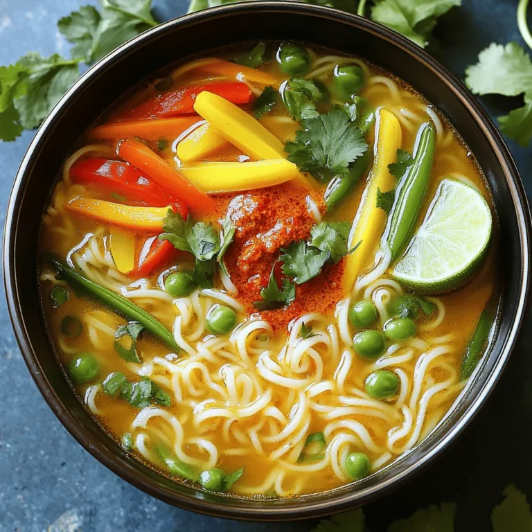 This Easy Thai Noodle Soup is quick and tasty. It takes only 25 minutes to make. You can serve four people with this recipe. The soup is warm and packed with flavors. To make this soup, you need: - 200g rice noodles - 4 cups vegetable broth - 1 can (400ml) coconut milk - 1 tablespoon red curry paste - 1 tablespoon soy sauce - 1 tablespoon freshly squeezed lime juice - 1 cup carrots, julienned - 1 cup bell peppers, sliced - 1 cup snap peas, trimmed - 4 green onions, thinly sliced - Fresh cilantro leaves for garnish - Salt and freshly ground pepper to taste These ingredients create a creamy and colorful dish. They blend well to give a delicious taste. You can add extra ingredients for more flavor: - Sliced mushrooms for an earthy taste - Spinach for added greens - Chopped chili for spice lovers - Peanuts for a crunchy texture Feel free to mix and match these options. Each choice adds a unique twist to your Easy Thai Noodle Soup. To start, soak the rice noodles in hot water. Follow the package instructions, usually about 10-15 minutes. You want them soft but not mushy. Once they are tender, drain them. Set the noodles aside for later. Next, grab a large pot and pour in the vegetable broth. Heat it on medium until it simmers gently. This step brings out the flavors. Do not rush; let it warm up slowly. Now, stir in the coconut milk. Mix it well with the broth. Add the red curry paste and soy sauce next. This combo creates a rich, creamy base. Keep stirring until everything blends together. Then, toss in the julienned carrots, sliced bell peppers, and snap peas. Let the soup simmer for 5-7 minutes. This cooks the veggies while keeping them crisp. After that, squeeze lime juice into the pot. Season with salt and pepper to taste. Adjust the flavors as needed. Finally, add the soaked rice noodles. Gently fold them into the soup. Warm them for another 2-3 minutes. Once ready, ladle the soup into bowls. Top each bowl with green onions and fresh cilantro. This soup is not just quick; it is comforting and packed with flavor. For the full recipe, check out the previous section. To get the best flavor in your Thai noodle soup, start with the broth. Use a good vegetable broth as your base. The broth should be rich and warm. Add coconut milk to bring in creaminess. The red curry paste adds heat and depth. Adjust the flavors with lime juice, soy sauce, and salt. Taste as you go to find your perfect mix. One common mistake is overcooking the noodles. They should be tender but firm. Soak them just until soft, then drain. If you add them too early, they can become mushy. Also, don't skip the lime juice. It brightens the soup and balances the richness. Lastly, avoid using too much salt at first. You can always add more later. A beautiful presentation makes your soup more inviting. Serve it in deep, colorful bowls. Top with sliced green onions and fresh cilantro for color. A lime wedge on the side adds a zesty touch. Consider using chopsticks and a soup spoon for fun. This adds to the experience and makes it feel special. {{image_4}} You can easily change the protein in your soup. For chicken, use cooked, shredded meat. It adds great flavor and heartiness. Tofu is a perfect choice for plant lovers. Use firm or extra-firm tofu. Cut it into cubes and add it to the soup. Shrimp is another tasty option. Use peeled and deveined shrimp. Add them for the last few minutes of cooking. They cook quickly and bring a lovely taste. If you want a vegetarian or vegan version, skip the animal products. Use vegetable broth and tofu or mushrooms for protein. You can also add more veggies like broccoli or zucchini. They add color and texture. Use soy sauce or tamari for flavor. If you want creaminess, stick with coconut milk. It makes the soup rich and satisfying. You can adjust the spice level to suit your taste. For milder soup, reduce the red curry paste. You can start with one teaspoon and taste as you go. If you love heat, add more curry paste or fresh chili peppers. Sliced jalapeños can also bring a nice kick. Remember to balance the heat with lime juice to keep the flavors bright. For the full recipe, check out the detailed instructions above. After you enjoy your Easy Thai Noodle Soup, you might have some left. To store leftovers, let the soup cool down first. Then, pour it into an airtight container. It will stay fresh in the fridge for up to three days. Make sure to label the container with the date. This way, you’ll remember when you made it. When you’re ready to enjoy your soup again, reheating is simple. Pour the soup into a pot and heat it over medium heat. Stir it often to prevent sticking. You can also use the microwave. Just place it in a microwave-safe bowl and heat in one-minute intervals. Stir in between until it’s hot. Adding a splash of water or broth can help keep it from getting too thick. If you want to save the soup for later, freezing is a great choice. Allow the soup to cool completely. Then, transfer it to freezer-safe bags or containers. Be sure to leave some space at the top, as the soup will expand when frozen. It can last in the freezer for up to three months. When you’re ready to eat it, thaw it in the fridge overnight. Then, reheat as mentioned above for the best taste. Yes, you can use different noodles. Rice noodles work best for this soup, but you can try egg noodles or udon noodles. Just make sure to adjust the cooking time. Follow the package instructions for the noodles you choose. This way, they cook perfectly and blend well with the soup. If you want to skip coconut milk, try using almond milk or soy milk. These can give a similar creamy texture. For a richer taste, you can mix in some peanut butter or cashew cream. This will add depth to your soup while keeping it tasty and smooth. Feel free to add any veggies you like. Broccoli, zucchini, or spinach can work well. Just chop them into small pieces so they cook quickly. You can even mix in some mushrooms for an earthy flavor. This soup is flexible, so get creative and make it your own! This blog post covered how to make a tasty soup with rice noodles. We explored essential and optional ingredients for added flavor. I shared step-by-step instructions on preparing noodles and simmering broth. You learned tips to balance flavors and avoid mistakes. We also discussed variations for proteins and spice levels. Lastly, I showed how to store leftovers for later enjoyment. Enjoy crafting your soup and remember, cooking is fun and creative!