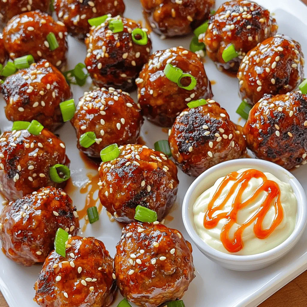 - 1 lb ground beef - 1/2 cup panko breadcrumbs - 1/4 cup green onions, finely chopped - 2 cloves garlic, minced - 2 tablespoons soy sauce - 1 tablespoon sesame oil - 1 tablespoon ginger, freshly grated - 1 teaspoon sugar - 1/2 teaspoon black pepper - 1/4 teaspoon red pepper flakes (adjust to taste) - 1/2 cup mayonnaise - 1 tablespoon sriracha (or more for additional heat) - 1 teaspoon lime juice - Salt, to taste - Red pepper flakes, sesame seeds for garnish The main ingredients for the meatballs are simple yet flavorful. Ground beef forms the base. I like to add panko breadcrumbs for a light texture. The green onions and garlic bring a fresh punch. Soy sauce adds saltiness, while sesame oil gives a nice nutty flavor. Ginger warms everything up. For the spicy mayo, I mix mayonnaise with sriracha for heat. Lime juice adds a zesty kick. A pinch of salt balances all the flavors. If you want extra spice, add red pepper flakes. You can also sprinkle sesame seeds on top for a nice crunch. If you want the full flavors, check out the Full Recipe for everything you need. - Preheat your oven to 400°F (200°C). - Line a baking sheet with parchment paper. This helps prevent sticking and makes cleanup easy. - In a large bowl, add the ground beef. - Next, add the panko breadcrumbs and finely chopped green onions. - Stir in the minced garlic, soy sauce, sesame oil, grated ginger, sugar, black pepper, and red pepper flakes. - Use your hands or a spoon to mix everything well. You want it to be fully combined and stick together nicely. - Take a small amount of the mixture and roll it into a ball about 1 inch wide. - Place each meatball on the lined baking sheet, leaving space between them. - Bake in the preheated oven for 15-20 minutes. They should turn golden brown and reach an internal temperature of 160°F (71°C). - While the meatballs bake, you can prepare the spicy mayo. For the full recipe, check out the complete instructions above. To get the best texture for your meatballs, mix well. Use your hands for even blending. This helps the ingredients stick together. If the mix feels too dry, add a little more soy sauce. If it’s too wet, add more panko breadcrumbs. Aim for a firm yet soft mixture. This makes the meatballs moist inside and crispy outside. Baking these meatballs is simple. After shaping them, place them on the baking sheet. Make sure they have space to breathe. Bake them at 400°F (200°C) for 15-20 minutes. To check for doneness, use a meat thermometer. The inside should reach 160°F (71°C). The meatballs should look golden brown. If they aren't brown enough, broil them for a minute or two. This adds a nice crunch. Spicy mayo is easy to make. Start with mayonnaise in a bowl. Add sriracha for heat and mix well. If you want it spicier, add more sriracha. You can also try adding a pinch of cayenne pepper. Squeeze in lime juice for a tangy kick. Taste it and adjust the salt as needed. This sauce adds a great flavor to your meatballs and brings everything together. For the full recipe, check out the complete instructions above. {{image_4}} You can switch things up by using ground turkey or chicken instead of beef. Both options create a lighter meatball. Ground turkey keeps a nice flavor and works well with the spices. Ground chicken has a softer texture, making it easy to bite. Adjust cooking time if you use these meats. They may cook faster than beef. While the spicy mayo is fantastic, you can try other sauces. A sweet soy glaze adds a nice touch of sweetness. A sesame ginger sauce brings a fresh flavor that complements the meatballs. For a tangy twist, use a zesty lime dressing. Each sauce can change the dish's vibe and enhance your meal. Pair these meatballs with steamed rice or fresh veggies for a balanced plate. You can also serve them as appetizers at gatherings. Try adding a side of pickled vegetables for a crunchy contrast. Another great idea is to set up a meatball slider bar. Use mini buns and let everyone build their own sliders. These options make your meal fun and interactive. For more details, check out the Full Recipe. To keep your Korean BBQ meatballs fresh, store them in an airtight container. Make sure they cool down first. Place a paper towel at the bottom of the container to absorb moisture. This helps prevent sogginess. Store them in the fridge for up to three days. If you have spicy mayo left, keep it in a separate container. It will stay fresh in the fridge for about a week. When it's time to eat your leftovers, you want to keep them tasty. The best way to reheat meatballs is in the oven. Preheat your oven to 350°F (175°C). Place the meatballs on a baking sheet. Heat for about 10-15 minutes until warmed through. This method keeps the meatballs juicy and prevents them from drying out. You can also use a microwave, but be careful not to overcook them. Heat in short bursts and check often. If you want to save your meatballs for later, freezing works great. Place cooled meatballs in a freezer-safe bag. Try to remove as much air as possible before sealing. You can freeze them for up to three months. When you’re ready to eat, thaw them in the fridge overnight. Reheat them in the oven or microwave as mentioned above. Enjoy your delicious meal anytime! For the full recipe, check out the earlier section. You can increase the heat in your meatballs by adding more red pepper flakes. Start with one teaspoon and adjust to your taste. For extra heat, add more sriracha to the spicy mayo. You can also use fresh chili peppers in the meatball mix. Yes, you can prepare these meatballs in advance. Make the meatballs and refrigerate them for up to 24 hours. You can also freeze them before baking. When you're ready, bake straight from the freezer. Just add a few extra minutes to the cooking time. These meatballs pair well with several sides. Consider serving them with steamed rice or a fresh salad. You can also serve pickled vegetables for a nice crunch. For drinks, sweet tea or light beer complements the flavors well. In this blog, we explored making tasty Korean BBQ meatballs and their spicy mayo. You learned about the main ingredients like ground beef, panko breadcrumbs, and green onions. We covered step-by-step instructions for mixing and baking them to perfection. You also found tips for texture and storage advice. These meatballs are quick to make and fun to try. Experiment with variations or serve them with your favorite sides. Enjoy your cooking journey!