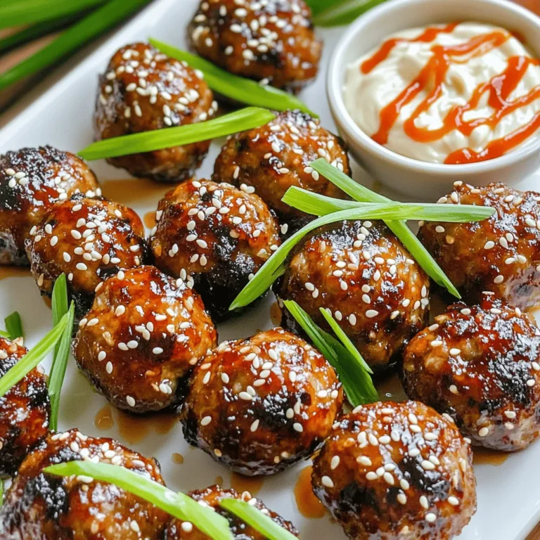- 1 lb ground beef - 1/2 cup panko breadcrumbs - 1/4 cup green onions, finely chopped - 2 cloves garlic, minced - 2 tablespoons soy sauce - 1 tablespoon sesame oil - 1 tablespoon ginger, freshly grated - 1 teaspoon sugar - 1/2 teaspoon black pepper - 1/4 teaspoon red pepper flakes (adjust to taste) - 1/2 cup mayonnaise - 1 tablespoon sriracha (or more for additional heat) - 1 teaspoon lime juice - Salt, to taste - Red pepper flakes, sesame seeds for garnish The main ingredients for the meatballs are simple yet flavorful. Ground beef forms the base. I like to add panko breadcrumbs for a light texture. The green onions and garlic bring a fresh punch. Soy sauce adds saltiness, while sesame oil gives a nice nutty flavor. Ginger warms everything up. For the spicy mayo, I mix mayonnaise with sriracha for heat. Lime juice adds a zesty kick. A pinch of salt balances all the flavors. If you want extra spice, add red pepper flakes. You can also sprinkle sesame seeds on top for a nice crunch. If you want the full flavors, check out the Full Recipe for everything you need. - Preheat your oven to 400°F (200°C). - Line a baking sheet with parchment paper. This helps prevent sticking and makes cleanup easy. - In a large bowl, add the ground beef. - Next, add the panko breadcrumbs and finely chopped green onions. - Stir in the minced garlic, soy sauce, sesame oil, grated ginger, sugar, black pepper, and red pepper flakes. - Use your hands or a spoon to mix everything well. You want it to be fully combined and stick together nicely. - Take a small amount of the mixture and roll it into a ball about 1 inch wide. - Place each meatball on the lined baking sheet, leaving space between them. - Bake in the preheated oven for 15-20 minutes. They should turn golden brown and reach an internal temperature of 160°F (71°C). - While the meatballs bake, you can prepare the spicy mayo. For the full recipe, check out the complete instructions above. To get the best texture for your meatballs, mix well. Use your hands for even blending. This helps the ingredients stick together. If the mix feels too dry, add a little more soy sauce. If it’s too wet, add more panko breadcrumbs. Aim for a firm yet soft mixture. This makes the meatballs moist inside and crispy outside. Baking these meatballs is simple. After shaping them, place them on the baking sheet. Make sure they have space to breathe. Bake them at 400°F (200°C) for 15-20 minutes. To check for doneness, use a meat thermometer. The inside should reach 160°F (71°C). The meatballs should look golden brown. If they aren't brown enough, broil them for a minute or two. This adds a nice crunch. Spicy mayo is easy to make. Start with mayonnaise in a bowl. Add sriracha for heat and mix well. If you want it spicier, add more sriracha. You can also try adding a pinch of cayenne pepper. Squeeze in lime juice for a tangy kick. Taste it and adjust the salt as needed. This sauce adds a great flavor to your meatballs and brings everything together. For the full recipe, check out the complete instructions above. {{image_4}} You can switch things up by using ground turkey or chicken instead of beef. Both options create a lighter meatball. Ground turkey keeps a nice flavor and works well with the spices. Ground chicken has a softer texture, making it easy to bite. Adjust cooking time if you use these meats. They may cook faster than beef. While the spicy mayo is fantastic, you can try other sauces. A sweet soy glaze adds a nice touch of sweetness. A sesame ginger sauce brings a fresh flavor that complements the meatballs. For a tangy twist, use a zesty lime dressing. Each sauce can change the dish's vibe and enhance your meal. Pair these meatballs with steamed rice or fresh veggies for a balanced plate. You can also serve them as appetizers at gatherings. Try adding a side of pickled vegetables for a crunchy contrast. Another great idea is to set up a meatball slider bar. Use mini buns and let everyone build their own sliders. These options make your meal fun and interactive. For more details, check out the Full Recipe. To keep your Korean BBQ meatballs fresh, store them in an airtight container. Make sure they cool down first. Place a paper towel at the bottom of the container to absorb moisture. This helps prevent sogginess. Store them in the fridge for up to three days. If you have spicy mayo left, keep it in a separate container. It will stay fresh in the fridge for about a week. When it's time to eat your leftovers, you want to keep them tasty. The best way to reheat meatballs is in the oven. Preheat your oven to 350°F (175°C). Place the meatballs on a baking sheet. Heat for about 10-15 minutes until warmed through. This method keeps the meatballs juicy and prevents them from drying out. You can also use a microwave, but be careful not to overcook them. Heat in short bursts and check often. If you want to save your meatballs for later, freezing works great. Place cooled meatballs in a freezer-safe bag. Try to remove as much air as possible before sealing. You can freeze them for up to three months. When you’re ready to eat, thaw them in the fridge overnight. Reheat them in the oven or microwave as mentioned above. Enjoy your delicious meal anytime! For the full recipe, check out the earlier section. You can increase the heat in your meatballs by adding more red pepper flakes. Start with one teaspoon and adjust to your taste. For extra heat, add more sriracha to the spicy mayo. You can also use fresh chili peppers in the meatball mix. Yes, you can prepare these meatballs in advance. Make the meatballs and refrigerate them for up to 24 hours. You can also freeze them before baking. When you're ready, bake straight from the freezer. Just add a few extra minutes to the cooking time. These meatballs pair well with several sides. Consider serving them with steamed rice or a fresh salad. You can also serve pickled vegetables for a nice crunch. For drinks, sweet tea or light beer complements the flavors well. In this blog, we explored making tasty Korean BBQ meatballs and their spicy mayo. You learned about the main ingredients like ground beef, panko breadcrumbs, and green onions. We covered step-by-step instructions for mixing and baking them to perfection. You also found tips for texture and storage advice. These meatballs are quick to make and fun to try. Experiment with variations or serve them with your favorite sides. Enjoy your cooking journey!