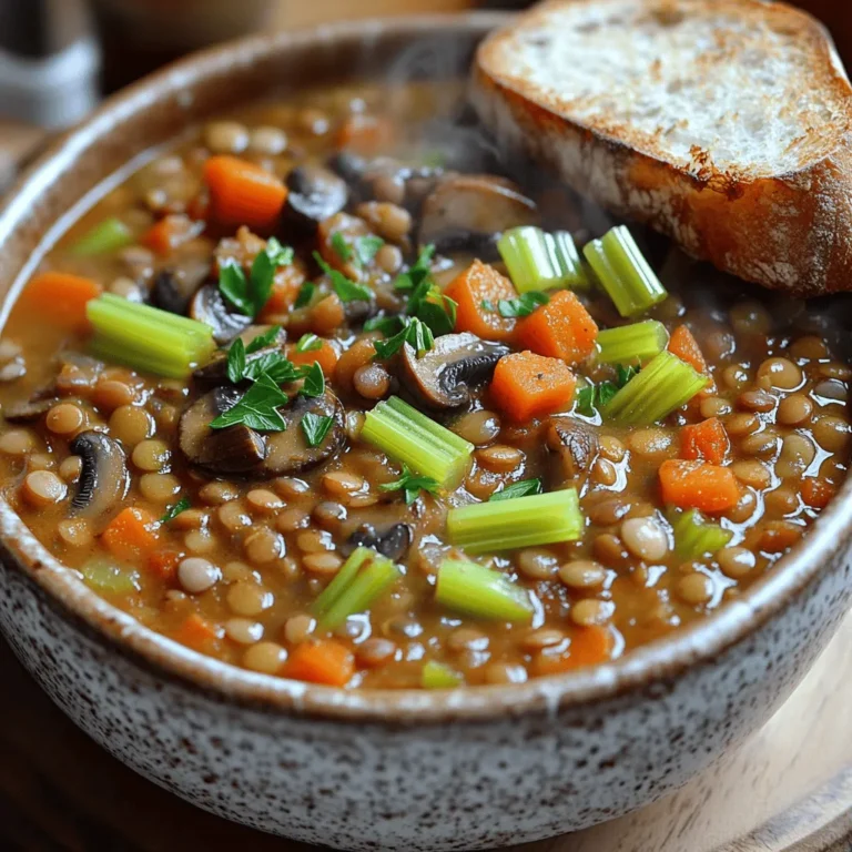 - 1 cup green or brown lentils, thoroughly rinsed - 2 tablespoons extra virgin olive oil - 1 medium onion, finely chopped - 3 cloves garlic, minced - 2 medium carrots, diced into small pieces - 2 stalks celery, diced - 1 cup mushrooms, sliced (use button or cremini for best flavor) - 1 can (14 oz) diced tomatoes, including their juices - 4 cups vegetable broth (homemade or low-sodium) - 2 teaspoons dried thyme - 1 teaspoon smoked paprika - 1 bay leaf - Salt and pepper to taste - Fresh parsley, chopped, for garnish Gathering the right ingredients makes cooking easier and more fun. With this stew, you can get all your veggies and lentils in one pot. Lentils provide protein and fiber. They keep you full and satisfied. The mix of mushrooms adds a rich, earthy flavor. Using fresh vegetables boosts the taste. I love adding onions, garlic, and carrots for sweetness. Celery gives a nice crunch, while diced tomatoes add a hint of acidity. Don't forget the spices! Thyme and smoked paprika add depth. The bay leaf brings a subtle aroma that ties it all together. This stew is a great choice for any meal. The vibrant colors and fresh herbs make it appealing. You can find the Full Recipe above for more details. To make a hearty vegan lentil mushroom stew, gather your ingredients first. You will need lentils, vegetables, broth, and spices. This makes it easy to cook without any rush. Start by rinsing the lentils well under cold water. Chop the onion, garlic, carrots, and celery into small pieces. Slice the mushrooms thinly. This prep will help the stew cook evenly. 1. Heat the olive oil in a large pot over medium heat. 2. Add the chopped onion and sauté for about 5 minutes. The onion should become soft and clear. 3. Add minced garlic, diced carrots, and diced celery. Cook for another 5-7 minutes. Stir often to mix the flavors. 4. Incorporate the sliced mushrooms and sauté for 4-5 minutes. The mushrooms should brown and release their moisture. 5. Now, pour in the rinsed lentils, diced tomatoes (with juices), and vegetable broth. Add dried thyme, smoked paprika, and the bay leaf. 6. Stir the mixture well. Raise the heat to high until it boils. Then, lower the heat to a simmer. Cover the pot and let it cook for 30-35 minutes. Check if the lentils are tender. 7. Taste the stew and add salt and pepper. Don’t forget to remove the bay leaf before serving! 8. Serve the stew in bowls and top with fresh parsley for color. Sautéing vegetables at the start brings out their natural sweetness. Browning mushrooms adds depth to the stew. Simmering allows the flavors to meld together. Remember to check the seasoning at the end, as this is key for a balanced taste. For the Full Recipe, refer back to the ingredients and cooking steps, and enjoy this flavorful delight! To amp up the taste of your Hearty Vegan Lentil Mushroom Stew, focus on the seasoning. I love to add a splash of soy sauce or a dash of balsamic vinegar. These add depth without overpowering the stew. You can also try using fresh herbs like thyme or rosemary. Fresh herbs brighten the dish and enhance the overall flavor. If you want a bit of heat, a pinch of red pepper flakes can do wonders. If you don’t have certain ingredients, don’t worry! You can swap lentils for chickpeas or black beans. Both options add protein and texture. Instead of mushrooms, try using zucchini or eggplant for a different flavor. If you lack fresh veggies, frozen ones work too. Just thaw and add them as you cook. For broth, use water with seasoning if you run out. This will still keep your stew tasty. While making this stew, be sure not to skip rinsing your lentils. This step removes dirt and small stones. Also, avoid overcooking the vegetables. They should be tender but still have a slight crunch. Lastly, don't forget to taste your stew before serving. Adjust the salt and pepper to make sure it’s just right. These small tips will make your stew even more delicious! {{image_4}} You can make this stew even heartier by adding more veggies. Think about adding: - 1 cup of spinach or kale for greens - 1 cup of bell peppers for sweetness - 1 zucchini, chopped for texture - 1 cup of peas for color Each option adds flavor and nutrients. Feel free to mix and match based on what you like. Want to boost protein? Here are some great options: - 1 can of chickpeas, drained and rinsed - 1 cup of cooked quinoa - A handful of nuts like walnuts or almonds These add great texture and keep you full longer. They blend well with the stew's flavor. You can change the flavor with different spices and herbs. Try: - Cumin for a warm, earthy taste - Curry powder for a spicy twist - Fresh basil or oregano for a fresh touch Experimenting with these can make your stew unique. You can create a different experience every time you cook! Check the Full Recipe for a delicious base to start from. After enjoying your stew, let it cool down. Transfer any leftovers into an airtight container. Store it in the fridge for up to five days. This stew gets better with time as the flavors meld together! To freeze this hearty stew, first cool it completely. Pour it into freezer-safe bags or containers. Be sure to leave some space at the top for expansion. You can freeze it for up to three months. When you're ready to enjoy it again, thaw the stew overnight in the fridge. To reheat, pour it into a pot over low heat. Stir it often until it warms through. If it's too thick, add a splash of vegetable broth or water. Enjoy your delicious, warm stew! Yes, you can use other lentils. Green and brown lentils work best in this stew. Red lentils cook faster and may become mushy. Black lentils add a unique look but take longer to cook. If you try a different type, adjust the cooking time as needed. This stew lasts about 4 to 5 days in the fridge. Make sure to store it in an airtight container. It tastes even better the next day as the flavors blend. Just reheat it on the stove or in the microwave before serving. - Is this recipe suitable for meal prep? Yes, this recipe is perfect for meal prep. You can make a big batch and divide it into portions. It freezes well too. Just thaw it overnight in the fridge before reheating. Enjoy a hearty meal anytime you need it! For the full recipe, check out the section above. This post shared a complete guide to making a hearty vegan lentil mushroom stew. We covered the key ingredients, helpful cooking steps, and tricks to enhance flavor. Remember to mix in your favorite veggies or proteins for a personal touch. Proper storage keeps your leftovers fresh and tasty. With these tips, you will create a dish that not only warms you up but also delightfully fills your belly. Dive in and enjoy cooking this stew time and again!