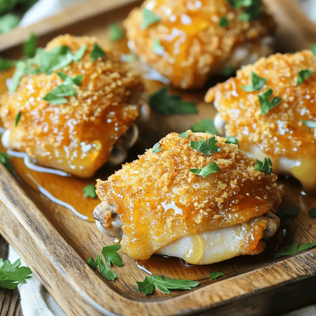 For Baked Crunchy Hot Honey Chicken, you will need: - 1.5 lbs boneless, skinless chicken thighs - 1 cup all-purpose flour - 1 cup panko breadcrumbs - 2 tablespoons cornstarch - 1 teaspoon garlic powder - 1 teaspoon onion powder - 1 teaspoon smoked paprika - 1 teaspoon salt - 1/2 teaspoon freshly ground black pepper - 2 large eggs - 1/4 cup hot honey (store-bought or homemade) - 2 tablespoons olive oil - Fresh parsley, finely chopped, for garnish To make this dish, gather these kitchen tools: - Large mixing bowl - Small bowl for eggs - Whisk for mixing - Baking sheet - Parchment paper or cooking spray - Pastry brush or your hands for drizzling If you need to swap some items, here are a few ideas: - Chicken thighs can be replaced with chicken breasts for a leaner option. - Panko breadcrumbs can be swapped for regular breadcrumbs if needed. - Hot honey can be made by mixing honey with a bit of hot sauce, or you can use regular honey with a pinch of chili powder. - Olive oil can be replaced with melted butter for a richer flavor. These substitutions can help you adapt the recipe to your tastes or what you have on hand. For the full recipe, check out the detailed instructions. Start by preheating your oven to 400°F (200°C). This step is key for even cooking. While the oven heats, prepare a baking sheet. Line it with parchment paper or lightly grease it. This will help prevent the chicken from sticking. Grab a large mixing bowl. In this bowl, combine the following: - 1 cup all-purpose flour - 2 tablespoons cornstarch - 1 teaspoon garlic powder - 1 teaspoon onion powder - 1 teaspoon smoked paprika - 1 teaspoon salt - 1/2 teaspoon freshly ground black pepper Whisk these ingredients together until they are mixed well. Set this bowl aside for now. Next, set up your breading station. In a small bowl, crack open two large eggs. Beat them until blended. In another bowl, pour in 1 cup of panko breadcrumbs. Now, take each chicken thigh. First, dredge it in the flour mixture. Make sure to shake off any excess flour. Next, dip the floured chicken into the beaten eggs. Let any extra egg drip off. Finally, roll the chicken in the panko breadcrumbs. Press gently to ensure a good coating. Place each coated chicken thigh on your prepared baking sheet. Now you can drizzle the hot honey and olive oil over each piece of chicken. Use a pastry brush or your hands to spread it evenly. This adds a great flavor and helps with crispiness. For the complete recipe, check the Full Recipe section. To get that perfect crunch, use panko breadcrumbs. They are lighter and crispier than regular breadcrumbs. Mix cornstarch with flour for extra crunch. Make sure to coat the chicken well. Press the panko onto the chicken firmly. This helps the coating stick during baking. For even cooking, cut the chicken thighs into similar sizes. This way, all pieces cook at the same rate. Place the chicken on a baking sheet with space between each piece. This allows hot air to circulate around them. Flip the chicken halfway through baking for a golden finish. Serve your hot honey chicken with creamy coleslaw or crispy fries. A side of mashed potatoes adds comfort. Drizzle extra hot honey on top before serving for added flavor. Don’t forget to sprinkle fresh parsley for color. Enjoy this dish with friends and family for a fun meal! For the full recipe, check out the details above. {{image_4}} You can spice things up with different hot honey options. Look for brands that add chili flakes or jalapeños for a kick. If you want to make your own, mix honey with cayenne or sriracha. This way, you can control the heat level. Try to find a balance that suits your taste. Feel free to swap out some ingredients for a new twist. Use whole wheat flour instead of all-purpose flour for a nutty flavor. For breadcrumbs, try crushed cornflakes or even crushed nuts. You can also add herbs like thyme or rosemary to the flour mix. Each change adds a unique taste to your dish. Baked Crunchy Hot Honey Chicken pairs well with many sides. Serve it with creamy coleslaw for a crunchy contrast. You could also try crispy fries or sweet potato wedges. For a lighter option, a fresh green salad with a tangy vinaigrette works great too. These pairings will enhance your meal and make it even more enjoyable. After enjoying your baked crunchy hot honey chicken, let it cool down. Place any leftovers in an airtight container. Store them in the fridge for up to four days. Keeping the chicken sealed helps maintain its crunch and flavor. To reheat your chicken, avoid the microwave if you can. Instead, use the oven for the best results. Preheat your oven to 350°F (175°C). Place the chicken on a baking sheet and heat for about 10-15 minutes. This method helps keep the chicken crispy. If using a microwave, heat it in short bursts. This may not keep the crunch but will warm it up. You can freeze baked crunchy hot honey chicken for longer storage. Wrap each piece in plastic wrap, then place them in a freezer bag. This helps protect the chicken from freezer burn. It can last up to three months in the freezer. To enjoy, thaw it overnight in the fridge before reheating. For the best flavor, use it within a month. For the full recipe, check out the detailed instructions above! Yes, you can use chicken breasts instead of thighs. Thighs are juicy and tender. They hold more flavor, but breasts work too. Just adjust the cooking time. Breasts may need less time to cook. Aim for an internal temperature of 165°F (74°C). If you don't have hot honey, use regular honey. Mix it with a bit of hot sauce. This gives a sweet and spicy kick. You can also use maple syrup with chili flakes. This mix keeps the flavor profile close. To keep the chicken crispy when reheated, use the oven. Preheat it to 375°F (190°C). Place the chicken on a baking sheet. Heat for about 10 to 15 minutes. This helps keep it crunchy on the outside. Avoid the microwave, as it can make it soggy. We explored how to make a delicious crispy chicken dish. We covered essential ingredients and tools, along with useful substitutions. I shared step-by-step instructions to help you prepare, coat, and bread the chicken perfectly. Tips and tricks showed how to get a crunchy texture and the best cooking practices. We also talked about fun variations and storage methods. In closing, I hope you feel ready to make this tasty meal at home. Enjoy experimenting in your kitchen!