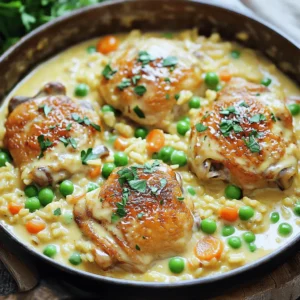 To make creamy smothered chicken and rice, gather these ingredients: - 4 boneless, skinless chicken thighs - 1 cup long-grain white rice - 2 cups chicken broth - 1 cup heavy cream - 1 medium onion, finely chopped - 3 cloves garlic, minced - 1 cup frozen peas and carrots mix - 1 teaspoon paprika - 1 teaspoon dried thyme - 1 tablespoon olive oil - Salt and black pepper to taste - Fresh parsley, chopped, for garnish These ingredients create a rich and flavorful meal. The chicken thighs add juiciness, while the rice absorbs all the delicious flavors. Heavy cream provides a smooth texture, and the mix of peas and carrots adds color and nutrition. When picking your ingredients, fresh herbs can enhance the dish. You can find the full recipe above to see how these items come together in a hearty, comforting meal. First, take the chicken thighs and season them well. Use salt, black pepper, and paprika. This adds flavor and color. Let the chicken marinate for about 15 minutes. This step helps the spices soak in for a richer taste. Next, heat olive oil in a large skillet over medium heat. Once the oil is hot, add the chopped onion and minced garlic. Sauté them for about 3-4 minutes until the onion turns soft and clear. This step is key. It releases wonderful flavors that enhance the dish. Now, add the marinated chicken thighs into the skillet. Cook them for 4-5 minutes on each side. You want them browned but not fully cooked. This browning step adds depth to the flavor. Once done, remove the chicken and set it aside on a plate. In the same skillet, add uncooked rice, stirring it in the leftover oil and juices. Toast the rice for about 2 minutes until it changes color and smells nutty. This step adds a nice base flavor. Then, pour in the chicken broth and heavy cream. Stir well and bring the mix to a gentle boil. Return the browned chicken thighs to the skillet along with the frozen peas and carrots mix. Stir everything together to ensure even distribution of ingredients. This helps all the flavors mix well. Cover the skillet with a lid and let it simmer on low heat for 20-25 minutes. This allows the rice to absorb most of the liquid and become tender. Check it now and then, stirring gently to prevent sticking. After cooking, sprinkle dried thyme over the mixture. Use a fork to fluff the rice gently. This helps mix the flavors. Taste the dish and adjust seasoning with more salt and black pepper if needed. For serving, plate generous portions of the creamy chicken and rice. Make sure to include both chicken and vegetables. Garnish with freshly chopped parsley for a pop of color and freshness. For an appealing look, use shallow bowls and drizzle a bit of extra heavy cream on top. For the full recipe, check [Full Recipe]. To get the best creaminess in your dish, always use heavy cream. It makes the sauce rich and smooth. Adjust the liquid ratios to keep it balanced. If you find it too thick, add a little more chicken broth. Stir well to blend the flavors. For the right texture, let the dish simmer. This allows the rice to absorb the sauce and become tender. Add extra spices and herbs to elevate the taste. Consider using garlic powder or onion powder for extra flavor. Dried oregano or basil also works well. You can try fresh herbs like rosemary or thyme too. Experiment with different aromatics, like bell peppers or celery. These additions can change the whole dish and make it unique. Different rice types need different cooking times. Long-grain rice cooks faster than brown rice. If using brown rice, add 10 to 15 minutes to your cooking time. Check for doneness by tasting the rice. It should be tender but not mushy. The chicken should be fully cooked, with no pink inside. If you notice any pink, cook it a bit longer. {{image_4}} You can switch out chicken for other proteins. Turkey works well if you want a leaner option. Tofu is a great choice for a plant-based meal. If you use turkey, cook it for a bit longer. Tofu cooks faster, so add it near the end to keep it tender. Feel free to add more veggies to the dish. Broccoli, bell peppers, or spinach can all work nicely. You can choose seasonal veggies for the best flavor. Personal favorites are always a good option too. Just make sure to cut them into small pieces so they cook evenly. You can change the flavor by adding different sauces. Try soy sauce for a savory twist or hot sauce for some heat. Adjust the spice levels to match your taste. If you like it spicy, toss in some red pepper flakes. This will make your creamy smothered chicken and rice even more exciting. For more details, check the Full Recipe. To store your creamy smothered chicken and rice, follow these steps: - Allow the dish to cool down to room temperature. - Use airtight containers to keep the dish fresh. - Store in the fridge for up to 3 days. Keeping it sealed helps maintain flavor and moisture. When you want to enjoy your leftovers, reheating correctly is key: - Use a microwave or stovetop to heat gently. - Add a splash of chicken broth or cream for extra moisture. - Stir often to keep the creamy texture. This way, you avoid that dry or clumpy texture. If you wish to freeze your creamy chicken and rice, do this: - Let the dish cool completely before freezing. - Use freezer-safe containers, leaving some space for expansion. - It can last in the freezer for up to 2 months. For best results, thaw it overnight in the fridge before reheating. This helps keep the dish creamy and delicious. I recommend using long-grain white rice. It cooks well and stays fluffy. Jasmine rice is also a good choice. It adds a nice aroma and flavor. Avoid short-grain rice, as it can become too sticky. Long-grain rice absorbs the creamy sauce nicely without clumping. Yes, you can prepare creamy smothered chicken and rice ahead of time. Cook the dish fully and let it cool. Store it in an airtight container in the fridge for up to three days. When ready to eat, reheat it in the microwave or on the stove. Add a splash of chicken broth to keep it creamy. Absolutely! You can freeze creamy chicken and rice. Allow it to cool before placing it in a freezer-safe container. It will last up to three months in the freezer. To reheat, thaw it in the fridge overnight and heat it on the stove. Stir in a bit of cream or broth to revive the creaminess. To lighten up this dish, try using low-fat cream or unsweetened almond milk. You can also swap heavy cream for Greek yogurt. Use skinless chicken breasts instead of thighs for fewer calories. Add more veggies, like spinach or broccoli, to boost nutrition without adding many calories. This dish goes well with green salads or steamed vegetables. Try a fresh cucumber salad for crunch. Garlic bread or crusty rolls can also be great for soaking up the sauce. Consider pairing it with roasted asparagus or green beans for a colorful plate. In this blog post, we explored how to make creamy smothered chicken and rice. We covered essential ingredients, step-by-step cooking instructions, and helpful tips to boost flavor and texture. Remember to try different proteins and vegetables to make the dish your own. Proper storage and reheating keep leftovers tasty. Enjoy this comforting meal any night of the week! Your kitchen can bring joy with every bite.