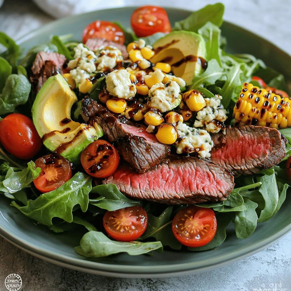 - 1 lb flank steak - 2 cups mixed greens (a blend of arugula, spinach, and romaine) - 1/2 cup crumbled Gorgonzola cheese - 3 tablespoons balsamic vinegar - 2 tablespoons olive oil (divided) - 1 cup fresh or frozen corn kernels - 1 cup cherry tomatoes, halved - 1 ripe avocado, sliced - 1/4 red onion, thinly sliced This salad brings together bold flavors and fresh ingredients. The flank steak gives a hearty touch, while the mixed greens add a crisp base. Gorgonzola cheese adds a creamy, tangy twist. The balsamic vinegar and olive oil create a zesty dressing that ties it all together. Grilled corn adds a sweet crunch that makes every bite enjoyable. For garnishes, cherry tomatoes bring color and sweetness. Avocado slices add rich creaminess. Red onion gives a sharp note, balancing the dish. For the full recipe, check the complete guide. Enjoy creating this delightful salad! To marinate flank steak effectively, start with a simple mix. In a bowl, whisk together 2 tablespoons of balsamic vinegar, 1 tablespoon of olive oil, and a pinch of salt and pepper. This mix gives the steak flavor. Next, place the flank steak in the marinade. Make sure it is fully coated. Cover it and let it sit at room temperature for at least 30 minutes. This time allows the flavors to soak in well. For the ideal flavor, you can add herbs like rosemary or thyme. These herbs enhance the taste without overpowering it. Prepare fresh corn by husking and cleaning the ears well. If using frozen corn, you can skip this step. Preheat your grill or grill pan to medium-high heat. Brush the corn lightly with olive oil. This helps it not stick to the grill. Grill the corn for about 10-15 minutes. Turn it every few minutes. You want it to be charred and tender for the best taste. If using frozen corn, heat a skillet with some olive oil. Sauté the corn on medium heat. Stir occasionally until it’s heated and slightly caramelized. Start by preparing the salad base. In a large serving bowl, mix the greens, halved cherry tomatoes, and thinly sliced red onion. Drizzle the remaining 1 tablespoon of balsamic vinegar, 1 tablespoon of olive oil, and honey over the salad. Toss gently. You want all the ingredients coated evenly. Now, it’s time to assemble the salad. On a serving plate, lay down a generous portion of the mixed greens. Next, arrange the sliced steak, grilled corn, sliced avocado, and crumbled Gorgonzola cheese on top. For a final touch, drizzle any leftover dressing over the salad. If you wish, sprinkle with a bit more salt and freshly ground black pepper. This adds extra flavor to your dish. To cook steak just right, use a meat thermometer. Here are some key temperatures: - <strong>Rare</strong>: 125°F – <strong>Medium Rare</strong>: 135°F – <strong>Medium</strong>: 145°F – <strong>Medium Well</strong>: 150°F – <strong>Well Done</strong>: 160°F After cooking, let the steak rest for five minutes. This helps keep the juices inside. When you cut into the steak, it will be juicy and tender. Make your salad look great! Here are some fun ideas: – Use a large wooden board for a rustic touch. – Serve individual plates for a fancy look. – Layer the ingredients for depth and color. Add colorful items like cherry tomatoes and avocado to make it pop. A mix of textures also adds interest. You can boost flavor with simple extras. Try these ideas: – Add a sprinkle of garlic powder or smoked paprika for kick. – Fresh herbs like basil or parsley can add brightness. – Pair with a light white wine, like Sauvignon Blanc, for a nice touch. These little changes can take your salad from good to great! For the full recipe, check out Balsamic Bliss: Steak & Gorgonzola Salad with Grilled Corn. {{image_4}} If you want to switch up the protein in your salad, flank steak is not the only choice. Here are some great alternatives: – <strong>Sirloin steak</strong>: This cut is tender and flavorful. – <strong>Chicken breast</strong>: Grilled chicken adds lean protein. – <strong>Pork tenderloin</strong>: This is juicy and pairs well with balsamic. – <strong>Tofu</strong>: For a vegetarian option, try marinated, grilled tofu. – <strong>Tempeh</strong>: A great vegan protein that absorbs flavors well. You can adapt this recipe to fit the season and use fresh produce. Here are some ideas: – <strong>Spring</strong>: Use asparagus or snap peas for a crunchy bite. – <strong>Summer</strong>: Try adding ripe peaches or strawberries for sweetness. – <strong>Fall</strong>: Incorporate roasted squash or pumpkin seeds for warmth. – <strong>Winter</strong>: Use Brussels sprouts or hearty greens like kale. These ingredient swaps keep your salad fresh and exciting all year long. Changing the cheese or dressing can alter the flavor of the salad. Here are some tasty ideas: – <strong>Different cheeses</strong>: Feta or goat cheese can replace Gorgonzola. They have unique flavors that work well. – <strong>Alternative dressings</strong>: You can use a lemon vinaigrette or ranch for a different twist. Honey mustard dressing adds a sweet touch. These variations let you explore new tastes while enjoying the core elements of your dish. For the complete recipe, check out the <strong>Full Recipe</strong>. To store your Balsamic Steak Gorgonzola Salad, keep it in the fridge. Use an airtight container to prevent wilting. This helps maintain the freshness of the greens and other ingredients. Place the steak and salad separately to keep the salad crisp. You can combine them later when you’re ready to eat. If you have leftover steak, slice it and wrap it tightly in plastic wrap or foil. Place it in a freezer-safe bag. This way, it can last for up to three months. When you’re ready to eat, thaw it in the fridge overnight. To reheat grilled corn, simply warm it in a skillet over medium heat. Stir it often until hot. The salad can last about 2-3 days in the fridge. Watch for any signs of spoilage, like slimy greens or bad smells. The steak should stay good for about 3-4 days. Always check for a change in color or texture before eating. Enjoy your salad at its best! For more details, check the Full Recipe. Yes, you can prepare parts of this salad ahead of time. Here are some best practices: – <strong>Steak:</strong> Marinate the flank steak the night before. This adds flavor. – <strong>Corn:</strong> Grill or sauté the corn in advance. Store it in the fridge. – <strong>Salad Base:</strong> You can mix the greens, tomatoes, and onions early. Keep them separate until serving. – <strong>Dressing:</strong> Make the dressing ahead and store it in a jar. Shake before use. This salad shines on its own, but some sides enhance the meal: – Garlic bread adds a nice crunch. – A light soup, like tomato basil, balances flavors. – Roasted vegetables bring extra nutrition and color. – A fresh fruit platter offers a sweet finish. You can easily adjust this salad for different needs: – <strong>Gluten-Free:</strong> The recipe is already gluten-free. Just ensure all ingredients are certified gluten-free. – <strong>Dairy-Free:</strong> Skip the Gorgonzola or use a dairy-free cheese. – <strong>Nut Allergies:</strong> Always check dressings for hidden nuts. This recipe is nut-free. – <strong>Vegetarian:</strong> Swap the steak for grilled portobello mushrooms or chickpeas for protein. This salad is not only tasty but also nutritious. Here’s a breakdown: – <strong>Calories:</strong> Approximately 450 per serving. – <strong>Protein:</strong> About 30 grams from the steak and cheese. – <strong>Fats:</strong> Roughly 25 grams, mainly from olive oil and avocado. – <strong>Health Benefits:</strong> The salad has vitamins from greens, healthy fats from avocado, and protein from steak. Gorgonzola offers calcium and probiotics. For the full recipe, refer to the Balsamic Bliss: Steak & Gorgonzola Salad with Grilled Corn. This blog post covered how to make a delicious Balsamic Steak Gorgonzola Salad. We explored key ingredients like flank steak, mixed greens, and Gorgonzola cheese. You learned about prepping, grilling, and assembling your salad. I shared tips for perfect steak doneness and creative garnishes to impress guests. In the end, this salad is versatile and easy to customize, making it perfect for any season. Enjoy trying new flavors and variations. Don’t hesitate to make it your own!” /></p>
</p>
<h2>Variations</h2>
</p>
<h3>Different Proteins to Use</h3>
</p>
<p>If you want to switch up the protein in your salad, flank steak is not the only choice. Here are some great alternatives:</p>
</p>
<p>– <strong>Sirloin steak</strong>: This cut is tender and flavorful.</p>
<p>– <strong>Chicken breast</strong>: Grilled chicken adds lean protein.</p>
<p>– <strong>Pork tenderloin</strong>: This is juicy and pairs well with balsamic.</p>
<p>– <strong>Tofu</strong>: For a vegetarian option, try marinated, grilled tofu.</p>
<p>– <strong>Tempeh</strong>: A great vegan protein that absorbs flavors well.</p>
</p>
<h3>Seasonal Ingredient Swaps</h3>
</p>
<p>You can adapt this recipe to fit the season and use fresh produce. Here are some ideas:</p>
</p>
<p>– <strong>Spring</strong>: Use asparagus or snap peas for a crunchy bite.</p>
<p>– <strong>Summer</strong>: Try adding ripe peaches or strawberries for sweetness.</p>
<p>– <strong>Fall</strong>: Incorporate roasted squash or pumpkin seeds for warmth.</p>
<p>– <strong>Winter</strong>: Use Brussels sprouts or hearty greens like kale.</p>
</p>
<p>These ingredient swaps keep your salad fresh and exciting all year long.</p>
</p>
<h3>Flavor Profile Variations</h3>
</p>
<p>Changing the cheese or dressing can alter the flavor of the salad. Here are some tasty ideas:</p>
</p>
<p>– <strong>Different cheeses</strong>: Feta or goat cheese can replace Gorgonzola. They have unique flavors that work well.</p>
<p>– <strong>Alternative dressings</strong>: You can use a lemon vinaigrette or ranch for a different twist. Honey mustard dressing adds a sweet touch.</p>
</p>
<p>These variations let you explore new tastes while enjoying the core elements of your dish. For the complete recipe, check out the <strong>Full Recipe</strong>.</p>
</p>
<h2>Storage Info</h2>
</p>
<h3>Best Practices for Storing Leftovers</h3>
<p>To store your Balsamic Steak Gorgonzola Salad, keep it in the fridge. Use an airtight container to prevent wilting. This helps maintain the freshness of the greens and other ingredients. Place the steak and salad separately to keep the salad crisp. You can combine them later when you’re ready to eat.</p>
</p>
<h3>Freezing and Reheating Steering</h3>
<p>If you have leftover steak, slice it and wrap it tightly in plastic wrap or foil. Place it in a freezer-safe bag. This way, it can last for up to three months. When you’re ready to eat, thaw it in the fridge overnight. To reheat grilled corn, simply warm it in a skillet over medium heat. Stir it often until hot.</p>
</p>
<h3>Shelf Life of Ingredients</h3>
<p>The salad can last about 2-3 days in the fridge. Watch for any signs of spoilage, like slimy greens or bad smells. The steak should stay good for about 3-4 days. Always check for a change in color or texture before eating. Enjoy your salad at its best! For more details, check the Full Recipe.</p>
</p>
<h2>FAQs</h2>
</p>
<h3>Can I prepare this salad in advance?</h3>
<p>Yes, you can prepare parts of this salad ahead of time. Here are some best practices:</p>
</p>
<p>– <strong>Steak:</strong> Marinate the flank steak the night before. This adds flavor.</p>
<p>– <strong>Corn:</strong> Grill or sauté the corn in advance. Store it in the fridge.</p>
<p>– <strong>Salad Base:</strong> You can mix the greens, tomatoes, and onions early. Keep them separate until serving.</p>
<p>– <strong>Dressing:</strong> Make the dressing ahead and store it in a jar. Shake before use.</p>
</p>
<h3>What sides pair well with this salad?</h3>
<p>This salad shines on its own, but some sides enhance the meal:</p>
</p>
<p>– Garlic bread adds a nice crunch.</p>
<p>– A light soup, like tomato basil, balances flavors.</p>
<p>– Roasted vegetables bring extra nutrition and color.</p>
<p>– A fresh fruit platter offers a sweet finish.</p>
</p>
<h3>How can I adjust the recipe for dietary restrictions?</h3>
<p>You can easily adjust this salad for different needs:</p>
</p>
<p>– <strong>Gluten-Free:</strong> The recipe is already gluten-free. Just ensure all ingredients are certified gluten-free.</p>
<p>– <strong>Dairy-Free:</strong> Skip the Gorgonzola or use a dairy-free cheese.</p>
<p>– <strong>Nut Allergies:</strong> Always check dressings for hidden nuts. This recipe is nut-free.</p>
<p>– <strong>Vegetarian:</strong> Swap the steak for grilled portobello mushrooms or chickpeas for protein.</p>
</p>
<h3>What is the nutrition information for this salad?</h3>
<p>This salad is not only tasty but also nutritious. Here’s a breakdown:</p>
</p>
<p>– <strong>Calories:</strong> Approximately 450 per serving.</p>
<p>– <strong>Protein:</strong> About 30 grams from the steak and cheese.</p>
<p>– <strong>Fats:</strong> Roughly 25 grams, mainly from olive oil and avocado.</p>
<p>– <strong>Health Benefits:</strong> The salad has vitamins from greens, healthy fats from avocado, and protein from steak. Gorgonzola offers calcium and probiotics.</p>
</p>
<p>For the full recipe, refer to the Balsamic Bliss: Steak & Gorgonzola Salad with Grilled Corn.</p>
</p>
<p>This blog post covered how to make a delicious Balsamic Steak Gorgonzola Salad. We explored key ingredients like flank steak, mixed greens, and Gorgonzola cheese. You learned about prepping, grilling, and assembling your salad. I shared tips for perfect steak doneness and creative garnishes to impress guests.</p>
</p>
<p>In the end, this salad is versatile and easy to customize, making it perfect for any season. Enjoy trying new flavors and variations. Don’t hesitate to make it your own!</p>
<div id=