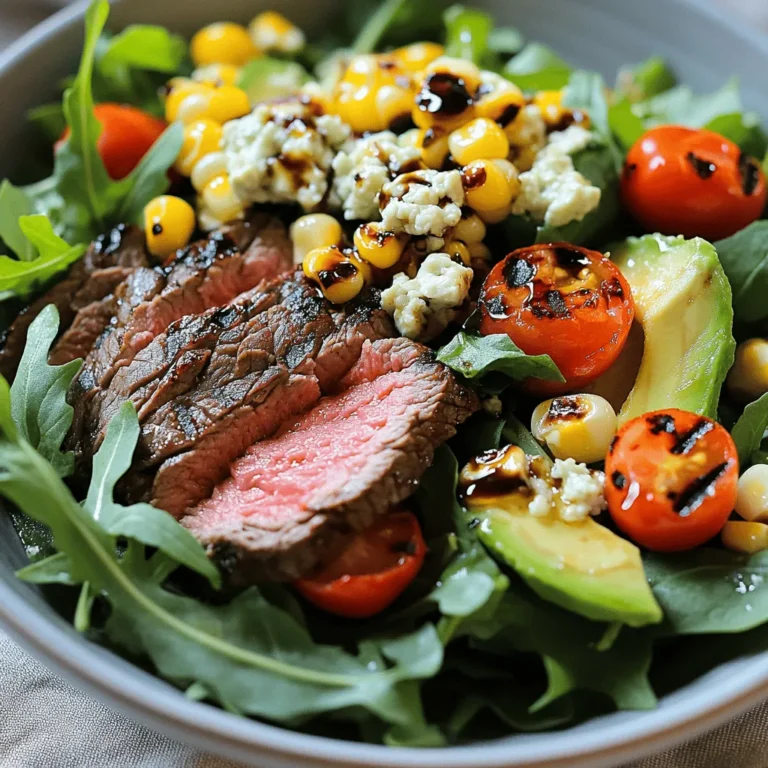 - 1 lb flank steak - 2 cups mixed greens (a blend of arugula, spinach, and romaine) - 1/2 cup crumbled Gorgonzola cheese - 3 tablespoons balsamic vinegar - 2 tablespoons olive oil (divided) - 1 cup fresh or frozen corn kernels - 1 cup cherry tomatoes, halved - 1 ripe avocado, sliced - 1/4 red onion, thinly sliced This salad brings together bold flavors and fresh ingredients. The flank steak gives a hearty touch, while the mixed greens add a crisp base. Gorgonzola cheese adds a creamy, tangy twist. The balsamic vinegar and olive oil create a zesty dressing that ties it all together. Grilled corn adds a sweet crunch that makes every bite enjoyable. For garnishes, cherry tomatoes bring color and sweetness. Avocado slices add rich creaminess. Red onion gives a sharp note, balancing the dish. For the full recipe, check the complete guide. Enjoy creating this delightful salad! To marinate flank steak effectively, start with a simple mix. In a bowl, whisk together 2 tablespoons of balsamic vinegar, 1 tablespoon of olive oil, and a pinch of salt and pepper. This mix gives the steak flavor. Next, place the flank steak in the marinade. Make sure it is fully coated. Cover it and let it sit at room temperature for at least 30 minutes. This time allows the flavors to soak in well. For the ideal flavor, you can add herbs like rosemary or thyme. These herbs enhance the taste without overpowering it. Prepare fresh corn by husking and cleaning the ears well. If using frozen corn, you can skip this step. Preheat your grill or grill pan to medium-high heat. Brush the corn lightly with olive oil. This helps it not stick to the grill. Grill the corn for about 10-15 minutes. Turn it every few minutes. You want it to be charred and tender for the best taste. If using frozen corn, heat a skillet with some olive oil. Sauté the corn on medium heat. Stir occasionally until it’s heated and slightly caramelized. Start by preparing the salad base. In a large serving bowl, mix the greens, halved cherry tomatoes, and thinly sliced red onion. Drizzle the remaining 1 tablespoon of balsamic vinegar, 1 tablespoon of olive oil, and honey over the salad. Toss gently. You want all the ingredients coated evenly. Now, it’s time to assemble the salad. On a serving plate, lay down a generous portion of the mixed greens. Next, arrange the sliced steak, grilled corn, sliced avocado, and crumbled Gorgonzola cheese on top. For a final touch, drizzle any leftover dressing over the salad. If you wish, sprinkle with a bit more salt and freshly ground black pepper. This adds extra flavor to your dish. To cook steak just right, use a meat thermometer. Here are some key temperatures: - Rare: 125°F - Medium Rare: 135°F - Medium: 145°F - Medium Well: 150°F - Well Done: 160°F After cooking, let the steak rest for five minutes. This helps keep the juices inside. When you cut into the steak, it will be juicy and tender. Make your salad look great! Here are some fun ideas: - Use a large wooden board for a rustic touch. - Serve individual plates for a fancy look. - Layer the ingredients for depth and color. Add colorful items like cherry tomatoes and avocado to make it pop. A mix of textures also adds interest. You can boost flavor with simple extras. Try these ideas: - Add a sprinkle of garlic powder or smoked paprika for kick. - Fresh herbs like basil or parsley can add brightness. - Pair with a light white wine, like Sauvignon Blanc, for a nice touch. These little changes can take your salad from good to great! For the full recipe, check out Balsamic Bliss: Steak & Gorgonzola Salad with Grilled Corn. {{image_4}} If you want to switch up the protein in your salad, flank steak is not the only choice. Here are some great alternatives: - Sirloin steak: This cut is tender and flavorful. - Chicken breast: Grilled chicken adds lean protein. - Pork tenderloin: This is juicy and pairs well with balsamic. - Tofu: For a vegetarian option, try marinated, grilled tofu. - Tempeh: A great vegan protein that absorbs flavors well. You can adapt this recipe to fit the season and use fresh produce. Here are some ideas: - Spring: Use asparagus or snap peas for a crunchy bite. - Summer: Try adding ripe peaches or strawberries for sweetness. - Fall: Incorporate roasted squash or pumpkin seeds for warmth. - Winter: Use Brussels sprouts or hearty greens like kale. These ingredient swaps keep your salad fresh and exciting all year long. Changing the cheese or dressing can alter the flavor of the salad. Here are some tasty ideas: - Different cheeses: Feta or goat cheese can replace Gorgonzola. They have unique flavors that work well. - Alternative dressings: You can use a lemon vinaigrette or ranch for a different twist. Honey mustard dressing adds a sweet touch. These variations let you explore new tastes while enjoying the core elements of your dish. For the complete recipe, check out the Full Recipe. To store your Balsamic Steak Gorgonzola Salad, keep it in the fridge. Use an airtight container to prevent wilting. This helps maintain the freshness of the greens and other ingredients. Place the steak and salad separately to keep the salad crisp. You can combine them later when you're ready to eat. If you have leftover steak, slice it and wrap it tightly in plastic wrap or foil. Place it in a freezer-safe bag. This way, it can last for up to three months. When you're ready to eat, thaw it in the fridge overnight. To reheat grilled corn, simply warm it in a skillet over medium heat. Stir it often until hot. The salad can last about 2-3 days in the fridge. Watch for any signs of spoilage, like slimy greens or bad smells. The steak should stay good for about 3-4 days. Always check for a change in color or texture before eating. Enjoy your salad at its best! For more details, check the Full Recipe. Yes, you can prepare parts of this salad ahead of time. Here are some best practices: - Steak: Marinate the flank steak the night before. This adds flavor. - Corn: Grill or sauté the corn in advance. Store it in the fridge. - Salad Base: You can mix the greens, tomatoes, and onions early. Keep them separate until serving. - Dressing: Make the dressing ahead and store it in a jar. Shake before use. This salad shines on its own, but some sides enhance the meal: - Garlic bread adds a nice crunch. - A light soup, like tomato basil, balances flavors. - Roasted vegetables bring extra nutrition and color. - A fresh fruit platter offers a sweet finish. You can easily adjust this salad for different needs: - Gluten-Free: The recipe is already gluten-free. Just ensure all ingredients are certified gluten-free. - Dairy-Free: Skip the Gorgonzola or use a dairy-free cheese. - Nut Allergies: Always check dressings for hidden nuts. This recipe is nut-free. - Vegetarian: Swap the steak for grilled portobello mushrooms or chickpeas for protein. This salad is not only tasty but also nutritious. Here’s a breakdown: - Calories: Approximately 450 per serving. - Protein: About 30 grams from the steak and cheese. - Fats: Roughly 25 grams, mainly from olive oil and avocado. - Health Benefits: The salad has vitamins from greens, healthy fats from avocado, and protein from steak. Gorgonzola offers calcium and probiotics. For the full recipe, refer to the Balsamic Bliss: Steak & Gorgonzola Salad with Grilled Corn. This blog post covered how to make a delicious Balsamic Steak Gorgonzola Salad. We explored key ingredients like flank steak, mixed greens, and Gorgonzola cheese. You learned about prepping, grilling, and assembling your salad. I shared tips for perfect steak doneness and creative garnishes to impress guests. In the end, this salad is versatile and easy to customize, making it perfect for any season. Enjoy trying new flavors and variations. Don't hesitate to make it your own!