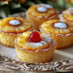 - 1 cup all-purpose flour - 1 teaspoon baking powder - 1/2 teaspoon baking soda - 1/4 teaspoon salt - 1/2 cup unsalted butter, softened to room temperature - 1 cup packed brown sugar - 1 large egg - 1/2 teaspoon pure vanilla extract - 1/2 cup buttermilk - 1 can (8 oz) pineapple slices in juice, drained (reserving juice) - Maraschino cherries, for garnish - Cooking spray or additional butter for greasing the muffin tin To make these mini pineapple upside down cakes, gather all the ingredients first. Fresh ingredients lead to better taste. The all-purpose flour gives the cakes a soft texture. Baking powder and baking soda help them rise, while salt enhances flavor. Use unsalted butter for better control over salt content. Brown sugar adds moisture and rich flavor. The egg binds the mixture. Vanilla extract gives it a lovely aroma. Buttermilk keeps the cakes moist and tender. Don't forget the pineapple slices! They are the star of this dessert. Reserve the juice, as it adds extra flavor. Maraschino cherries are great for decoration. Lastly, use cooking spray or butter to grease the muffin tin. This step ensures easy removal after baking. Having everything ready will make your baking process smooth and fun. You will love how these ingredients come together to create a delicious treat! If you want to know how to put these ingredients to work, check out the Full Recipe for all the steps. - Preheat oven to 350°F (175°C). - Grease muffin tin with cooking spray or butter. - In a bowl, mix flour, baking powder, baking soda, and salt. - In another bowl, cream the butter and brown sugar together. - Add the egg and vanilla, mixing until well blended. - Gradually add the dry mix to the wet mix, alternating with buttermilk. - Start and end with the dry mix. - Spoon pineapple juice into each muffin cup. - Add a pineapple slice and a cherry to each cup. - Fill each cup with batter, about three-quarters full. - Bake for 18-20 minutes until a toothpick comes out clean. - Let the cakes cool in the tin for 5 minutes. - Invert the tin onto a wire rack to release the cakes. For the full recipe, check the instructions above. Enjoy these tasty treats! To make your mini cakes fluffy, avoid overmixing the batter. Mix just until everything comes together. This keeps your cakes light and airy. Also, watch your bake time. I find that 18 to 20 minutes is just right. Check them with a toothpick to ensure they bake perfectly. Serve your mini cakes warm. Top them with a dollop of whipped cream for a special touch. Fresh pineapple slices make a lovely garnish. They add color and a burst of flavor. Arrange the cakes nicely on a platter. This will impress your guests and make the dessert look fun! If your cakes stick to the tin, don’t worry! Use a butter knife to gently loosen the edges first. Then, flip the tin upside down and tap it lightly. For dense cakes, check your mixing. Overmixing can cause this issue. Always mix just enough for a light texture. {{image_4}} You can switch up the fruit in mini pineapple upside down cakes. Try using peaches or cherries. These fruits also look great and taste sweet. You can make a cherry upside down cake with maraschino cherries on top. They add a pop of color and flavor. Another idea is to use different fruit juices. For example, orange juice can add a nice twist. Just substitute some of the reserved pineapple juice for your choice of fruit juice. If you need gluten-free options, you can use a gluten-free flour blend. This will work well in the recipe. It keeps the texture light and fluffy. For those who are vegan, try using a flax egg instead of a regular egg. For the butter, you can use coconut oil or a vegan butter substitute. These changes will keep your mini cakes soft and tasty while meeting dietary needs. Adding spices can elevate your mini cakes. Cinnamon or nutmeg can bring warmth and depth. Just a pinch of either will make a big difference. You might also want to infuse the batter with coconut flavor. Use coconut milk instead of buttermilk for a tropical twist. This small change can turn your cakes into a delightful treat that surprises your taste buds. For the full recipe, check out the recipe section above! Enjoy experimenting with these variations to make your mini pineapple upside down cakes even more special. To keep your mini cakes fresh, place them in an airtight container. This helps prevent them from drying out. Line the container with parchment paper to absorb moisture. I recommend storing them in the fridge if you don’t eat them right away. They will stay fresh for up to 3 days in the refrigerator. If you want to keep them longer, freezing is a great option. To freeze mini pineapple upside down cakes, let them cool completely first. Wrap each cake in plastic wrap to protect them. Then, place them in a freezer-safe bag or container. This way, they won’t get freezer burn. You can freeze them for up to 3 months. When you're ready to enjoy your cakes, remove them from the freezer. Thaw them in the fridge overnight for the best results. You can also let them sit at room temperature for a few hours. Either way works well, and your mini cakes will taste just as good! To make mini pineapple upside down cakes, gather your ingredients first. You will need flour, sugar, butter, egg, vanilla, buttermilk, baking powder, baking soda, salt, pineapple slices, and cherries. Start by mixing the dry ingredients in one bowl. In another bowl, cream butter and brown sugar until fluffy. Add the egg and vanilla, then mix. Alternate adding the dry mix and buttermilk. In each muffin cup, place pineapple juice, a slice of pineapple, and a cherry. Fill with batter and bake. You can find the full recipe above. Yes, you can use fresh pineapple. It can add a nice, bright flavor. Slice the fresh pineapple into rings. Make sure to remove the tough core. Use the fresh slices in place of canned ones. They work great and look lovely in the cakes. You can store mini cakes in the fridge for about 4 days. Make sure to place them in an airtight container. This keeps them fresh and moist. If you want to enjoy them longer, consider freezing them. To reheat leftover mini cakes, preheat your oven to 350°F (175°C). Place the cakes on a baking sheet. Cover them loosely with foil to keep them moist. Heat for about 10 minutes or until warm. You can also use a microwave, but this may make them a bit soggy. Yes, you can double the recipe with ease. Just double all the ingredients listed. You may need to bake in batches, depending on your oven size. Enjoy making more of these tasty treats! These mini pineapple upside-down cakes are simple and fun to make. We reviewed ingredients, tools, and each step to bake them perfectly. Remember, don't overmix for a light texture and adjust bake time for the best results. Feel free to experiment with different fruits and flavors. Store your cakes properly to keep them fresh. Enjoy making these treats, sharing them with friends or family, and savoring every bite!