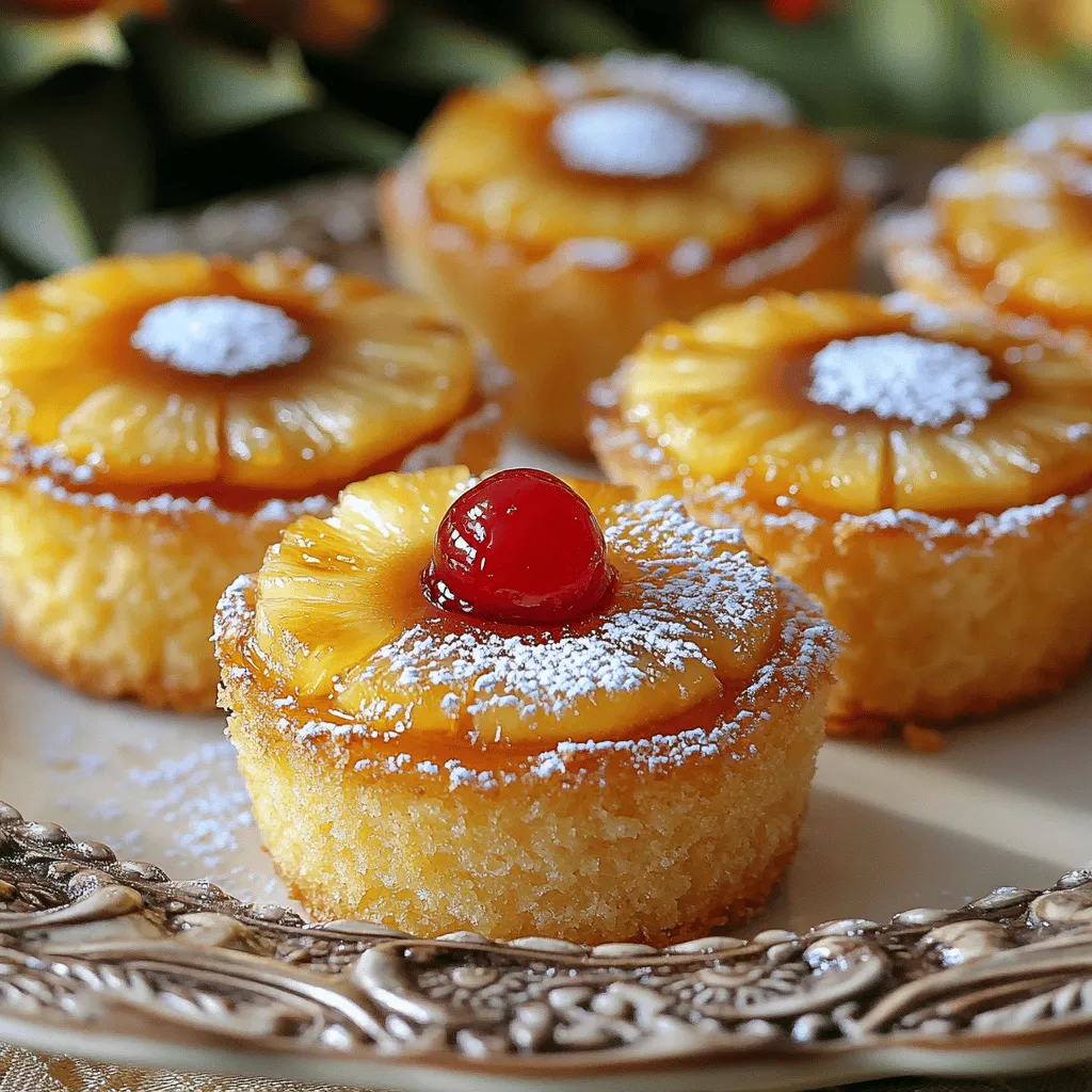 - 1 cup all-purpose flour - 1 teaspoon baking powder - 1/2 teaspoon baking soda - 1/4 teaspoon salt - 1/2 cup unsalted butter, softened to room temperature - 1 cup packed brown sugar - 1 large egg - 1/2 teaspoon pure vanilla extract - 1/2 cup buttermilk - 1 can (8 oz) pineapple slices in juice, drained (reserving juice) - Maraschino cherries, for garnish - Cooking spray or additional butter for greasing the muffin tin To make these mini pineapple upside down cakes, gather all the ingredients first. Fresh ingredients lead to better taste. The all-purpose flour gives the cakes a soft texture. Baking powder and baking soda help them rise, while salt enhances flavor. Use unsalted butter for better control over salt content. Brown sugar adds moisture and rich flavor. The egg binds the mixture. Vanilla extract gives it a lovely aroma. Buttermilk keeps the cakes moist and tender. Don't forget the pineapple slices! They are the star of this dessert. Reserve the juice, as it adds extra flavor. Maraschino cherries are great for decoration. Lastly, use cooking spray or butter to grease the muffin tin. This step ensures easy removal after baking. Having everything ready will make your baking process smooth and fun. You will love how these ingredients come together to create a delicious treat! If you want to know how to put these ingredients to work, check out the Full Recipe for all the steps. - Preheat oven to 350°F (175°C). - Grease muffin tin with cooking spray or butter. - In a bowl, mix flour, baking powder, baking soda, and salt. - In another bowl, cream the butter and brown sugar together. - Add the egg and vanilla, mixing until well blended. - Gradually add the dry mix to the wet mix, alternating with buttermilk. - Start and end with the dry mix. - Spoon pineapple juice into each muffin cup. - Add a pineapple slice and a cherry to each cup. - Fill each cup with batter, about three-quarters full. - Bake for 18-20 minutes until a toothpick comes out clean. - Let the cakes cool in the tin for 5 minutes. - Invert the tin onto a wire rack to release the cakes. For the full recipe, check the instructions above. Enjoy these tasty treats! To make your mini cakes fluffy, avoid overmixing the batter. Mix just until everything comes together. This keeps your cakes light and airy. Also, watch your bake time. I find that 18 to 20 minutes is just right. Check them with a toothpick to ensure they bake perfectly. Serve your mini cakes warm. Top them with a dollop of whipped cream for a special touch. Fresh pineapple slices make a lovely garnish. They add color and a burst of flavor. Arrange the cakes nicely on a platter. This will impress your guests and make the dessert look fun! If your cakes stick to the tin, don’t worry! Use a butter knife to gently loosen the edges first. Then, flip the tin upside down and tap it lightly. For dense cakes, check your mixing. Overmixing can cause this issue. Always mix just enough for a light texture. {{image_4}} You can switch up the fruit in mini pineapple upside down cakes. Try using peaches or cherries. These fruits also look great and taste sweet. You can make a cherry upside down cake with maraschino cherries on top. They add a pop of color and flavor. Another idea is to use different fruit juices. For example, orange juice can add a nice twist. Just substitute some of the reserved pineapple juice for your choice of fruit juice. If you need gluten-free options, you can use a gluten-free flour blend. This will work well in the recipe. It keeps the texture light and fluffy. For those who are vegan, try using a flax egg instead of a regular egg. For the butter, you can use coconut oil or a vegan butter substitute. These changes will keep your mini cakes soft and tasty while meeting dietary needs. Adding spices can elevate your mini cakes. Cinnamon or nutmeg can bring warmth and depth. Just a pinch of either will make a big difference. You might also want to infuse the batter with coconut flavor. Use coconut milk instead of buttermilk for a tropical twist. This small change can turn your cakes into a delightful treat that surprises your taste buds. For the full recipe, check out the recipe section above! Enjoy experimenting with these variations to make your mini pineapple upside down cakes even more special. To keep your mini cakes fresh, place them in an airtight container. This helps prevent them from drying out. Line the container with parchment paper to absorb moisture. I recommend storing them in the fridge if you don’t eat them right away. They will stay fresh for up to 3 days in the refrigerator. If you want to keep them longer, freezing is a great option. To freeze mini pineapple upside down cakes, let them cool completely first. Wrap each cake in plastic wrap to protect them. Then, place them in a freezer-safe bag or container. This way, they won’t get freezer burn. You can freeze them for up to 3 months. When you're ready to enjoy your cakes, remove them from the freezer. Thaw them in the fridge overnight for the best results. You can also let them sit at room temperature for a few hours. Either way works well, and your mini cakes will taste just as good! To make mini pineapple upside down cakes, gather your ingredients first. You will need flour, sugar, butter, egg, vanilla, buttermilk, baking powder, baking soda, salt, pineapple slices, and cherries. Start by mixing the dry ingredients in one bowl. In another bowl, cream butter and brown sugar until fluffy. Add the egg and vanilla, then mix. Alternate adding the dry mix and buttermilk. In each muffin cup, place pineapple juice, a slice of pineapple, and a cherry. Fill with batter and bake. You can find the full recipe above. Yes, you can use fresh pineapple. It can add a nice, bright flavor. Slice the fresh pineapple into rings. Make sure to remove the tough core. Use the fresh slices in place of canned ones. They work great and look lovely in the cakes. You can store mini cakes in the fridge for about 4 days. Make sure to place them in an airtight container. This keeps them fresh and moist. If you want to enjoy them longer, consider freezing them. To reheat leftover mini cakes, preheat your oven to 350°F (175°C). Place the cakes on a baking sheet. Cover them loosely with foil to keep them moist. Heat for about 10 minutes or until warm. You can also use a microwave, but this may make them a bit soggy. Yes, you can double the recipe with ease. Just double all the ingredients listed. You may need to bake in batches, depending on your oven size. Enjoy making more of these tasty treats! These mini pineapple upside-down cakes are simple and fun to make. We reviewed ingredients, tools, and each step to bake them perfectly. Remember, don't overmix for a light texture and adjust bake time for the best results. Feel free to experiment with different fruits and flavors. Store your cakes properly to keep them fresh. Enjoy making these treats, sharing them with friends or family, and savoring every bite!