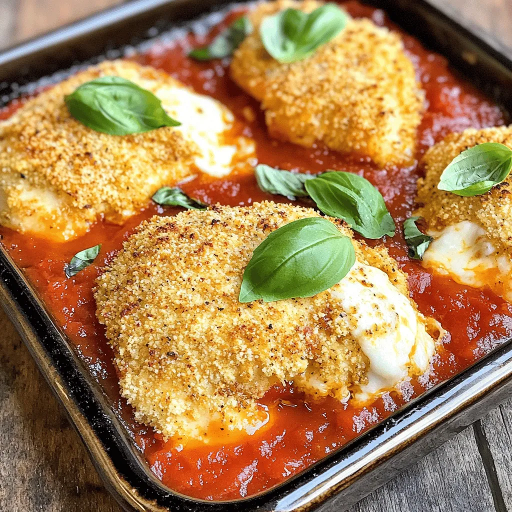 - 4 boneless, skinless chicken breasts - 1 cup panko breadcrumbs for extra crunch - 1/2 cup grated Parmesan cheese - 2 teaspoons Italian seasoning - 1 teaspoon garlic powder - 1 teaspoon salt - 1/2 teaspoon black pepper - 2 large eggs - 1 cup marinara sauce - 1 cup shredded mozzarella cheese - Fresh basil leaves for garnish You can use turkey or tofu if you prefer. Both options work well in this dish. For low-carb fans, zucchini makes a great base. Slice it thin and bake it like chicken. When measuring dry ingredients, use a dry measuring cup. Fill it and level off with a knife. For wet ingredients, use a liquid measuring cup. Pour until the liquid hits the line. This keeps your measurements precise. A kitchen scale is also handy for accuracy. First, preheat your oven to 400°F (200°C). This step is key for the right texture. While the oven heats, line a baking sheet with parchment paper. This helps keep the chicken from sticking and makes cleanup easy. In a shallow bowl, mix 1 cup of panko breadcrumbs, 1/2 cup of grated Parmesan cheese, 2 teaspoons of Italian seasoning, 1 teaspoon of garlic powder, 1 teaspoon of salt, and 1/2 teaspoon of black pepper. Stir these well until all the flavors blend. In another bowl, crack 2 large eggs and beat them with a fork. Dip each chicken breast into the egg, making sure it gets coated well. Next, place it in the breadcrumb mix. Press down lightly to help the crumbs stick. Arrange the coated chicken on the baking sheet with space between each piece. Bake for about 20 minutes. Keep an eye on them as they bake. You want them to turn golden brown. After 20 minutes, take the baking sheet out of the oven. Spoon marinara sauce over each chicken breast, covering them well. Then, sprinkle 1 cup of shredded mozzarella cheese on top. Return the baking sheet to the oven for another 10-15 minutes. The cheese should melt and bubble nicely. Make sure the chicken reaches an internal temperature of 165°F (75°C). Let the chicken rest for about 5 minutes once it’s done. This helps the juices settle. If you want, add fresh basil leaves for a nice touch. For the full recipe, check the complete guide available. For juicy chicken, adjust the cooking time based on thickness. Thinner pieces need less time, while thicker pieces take longer. Always check the internal temperature. It should reach 165°F (75°C) for safe eating. To achieve crispy breading, use panko breadcrumbs. They provide a great crunch. Press them firmly onto the chicken for a better hold. A light spray of cooking oil before baking helps, too. I love pairing chicken Parmesan with pasta. Spaghetti or fettuccine works well. A fresh side salad adds a nice crunch and color. Toss greens with a simple vinaigrette for a delightful contrast. For garnishing, fresh basil leaves shine on the dish. They add color and flavor. You can also drizzle extra marinara sauce around the plate for a pretty touch. Avoid overcrowding the baking sheet. Give each piece space to cook evenly. This helps achieve that perfect crunch. Let the chicken rest after baking. This step keeps the juices inside. Cutting too soon can lead to dry chicken. Wait for about five minutes before serving to enjoy the best texture. For the full recipe, check the details listed earlier. {{image_4}} You can switch up the cheese in this dish. Instead of mozzarella, try provolone or fontina. They melt well and add a rich taste. Provolone gives a sharp flavor, while fontina creates a creamy texture. For a vegan version, use cashew cheese. It has a nutty flavor and works great. Blend soaked cashews with nutritional yeast for a cheesy taste. This option keeps the dish tasty while being plant-based. To boost flavor, add more herbs and spices to the breadcrumb mix. Try dried oregano, thyme, or even crushed red pepper for a kick. These additions make the dish more exciting. You can also incorporate roasted vegetables into the meal. Zucchini, bell peppers, or cherry tomatoes add color and nutrition. Toss them with olive oil, salt, and pepper, then roast alongside the chicken. Change how you serve the chicken for a new twist. Make a sandwich with the chicken, marinara, and cheese. This way, you have a tasty, handheld meal. Another option is to serve it on a salad. Slice the chicken and place it on fresh greens. Drizzle some extra marinara on top for flavor. You can bake the chicken in marinara sauce for a different texture. This method keeps the chicken juicy and adds a rich sauce flavor. It’s a fun way to enjoy classic chicken parmesan in a new style. For the Full Recipe, check out the detailed instructions to make your own oven-baked chicken parmesan! To store your Oven-Baked Chicken Parmesan, first, let it cool completely. This step is key because it helps avoid moisture build-up, which can make your chicken soggy. Once cooled, place the chicken in an airtight container. This type of container keeps the chicken fresh and prevents it from absorbing other odors in your fridge. You can also wrap the chicken tightly in plastic wrap if you don’t have a container. When it's time to enjoy your leftovers, reheating correctly is important. The best way to reheat chicken is in the oven. Preheat your oven to 350°F (175°C). Place the chicken on a baking sheet and cover it loosely with foil. This method keeps the chicken moist while warming. Heat for about 15-20 minutes until the chicken is hot. If you want to freeze the chicken, wrap it well in foil or freezer bags. To thaw, place it in the fridge overnight before reheating. In the refrigerator, your Chicken Parmesan can last about 3-4 days. Be sure to check for any signs of spoilage before eating. For frozen leftovers, they can last up to 2-3 months. For the best taste and quality, use them within this time frame. Always label your containers with the date, so you know when you made it. Yes, you can use chicken thighs. They have a richer flavor and stay moist. However, they take a bit longer to cook. Thighs usually need about 25-30 minutes in the oven. Make sure the internal temperature reaches 165°F (75°C) for safe eating. The best way to check is with a meat thermometer. Insert it into the thickest part of the chicken. It should read 165°F (75°C). If you don’t have a thermometer, cut into the chicken. The juices should run clear, not pink. This gives you a good sign the chicken is fully cooked. Yes, you can prep this dish in advance. You can coat the chicken and store it in the fridge for a day. For deeper flavor, marinate it overnight in the fridge. Just remember to let it sit at room temperature for 15 minutes before baking. This helps it cook evenly. Check the Full Recipe for more tips. This recipe for Chicken Parmesan is both simple and delicious. We covered the key ingredients, including chicken and panko for crunch. Proper prep and measuring are crucial for great results. I shared tips to ensure a perfect bake and offered serving ideas. With variations and storage tips, this dish is versatile. In closing, enjoy making this classic meal with your own twists. Let your creativity shine in the kitchen!