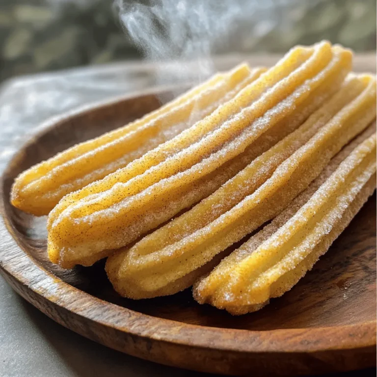 - 1 cup water - 2 tablespoons granulated sugar - 1/2 teaspoon salt - 1/4 cup unsalted butter, cut into pieces - 1 cup all-purpose flour - 2 large eggs, lightly beaten - 2 teaspoons vanilla extract - Oil for frying (vegetable or canola) - 1/2 cup granulated sugar (for coating) - 1 tablespoon ground cinnamon - Medium saucepan - Wooden spoon - Piping bag with star tip - Deep fryer or heavy-bottomed pot - For a dairy-free option, use margarine instead of butter. - You can try gluten-free flour for a gluten-free version. Look for one-to-one flour blends. To make churro dough, first, boil water, sugar, salt, and butter. Use a medium saucepan for this. Heat the mixture on medium until it boils. Once it is boiling, remove the pan from heat. Add all the flour at once. Stir with a wooden spoon until you form a ball. The dough should pull away from the sides of the pan. This takes about 1-2 minutes. Let the dough cool for a few minutes. It should be warm but not hot. Next, add the eggs and vanilla extract. Add them one at a time. Mix well after each addition. You want the dough to be smooth and fully combined. Now it’s time to fry the churros. Heat oil in a deep fryer or heavy pot. The oil should reach 375°F (190°C). You need enough oil to cover the churros. Prepare a piping bag with a large star tip. Pipe 6-inch strips of dough into the hot oil. Use scissors to cut them off. Fry a few churros at a time. This helps them cook evenly. Fry for 2-3 minutes on each side until they turn golden brown. Once done, use a slotted spoon to take them out. Place them on a plate lined with paper towels. This lets excess oil drain away. While churros are still warm, roll them in cinnamon sugar. In a shallow bowl, mix sugar with ground cinnamon. Coat each churro until it shines. Serve your churros warm. They taste great with chocolate sauce or dulce de leche for dipping. For a beautiful display, stack the churros on a plate. Sprinkling extra cinnamon sugar on top adds a nice touch. Enjoy your crispy, sweet treat! For a full recipe, check out the [Full Recipe]. To avoid soggy churros, keep an eye on the oil temperature. Hot oil is key. Heat your oil to 375°F (190°C). Use a thermometer for accuracy. If the oil is too cool, churros will absorb too much oil. If it's too hot, they will burn quickly. Always test a small piece of dough first. It should bubble and float right up. You can tell when churros are done by their color. They should turn a deep golden brown. Cook them about 2-3 minutes per side. For the dough, it should be smooth and not sticky. You want it to hold its shape when piped. If it’s too runny, add a bit more flour. If it’s too thick, a splash of water can help. For dipping, I love rich chocolate sauce or creamy dulce de leche. They pair perfectly with warm churros. To impress guests, stack churros high on a plate. Sprinkle extra cinnamon sugar on top. Serve the sauces in small bowls on the side for a fun touch. This makes for an eye-catching presentation. You can also add fresh fruit for color and flavor. For the full recipe, check out the link provided. {{image_4}} When it comes to cinnamon sugar churros, you can have fun with variations. Let's explore some tasty ideas. You can mix things up by adding flavors. Chocolate or caramel can make your churros extra special. Just add a bit to the dough before frying. You can also try different spices. A pinch of nutmeg or cardamom can give your churros a warm twist. Experiment with what you love! Stuffed churros are a delightful surprise. You can fill them with sweet cream or rich chocolate. To do this, pipe the filling into the churro after frying. A simple pastry cream or chocolate ganache works well. It adds a creamy texture to each bite! If you want a lighter treat, try air fryer churros. They use less oil and still taste great. Just pipe the dough onto the air fryer basket and cook until golden. Baked churros are another option. You can shape them on a baking sheet, brush with oil, and bake until crisp. These versions give you all the yum without the guilt! For the full recipe, check out the crispy cinnamon sugar churros section. Enjoy making these tasty treats! To keep your churros fresh, follow these tips: - Allow them to cool completely. - Place them in an airtight container. - Store at room temperature for up to two days. - For longer storage, consider freezing them. To revive churros for the best texture: - Preheat your oven to 350°F (175°C). - Place churros on a baking sheet. - Heat for about 10 minutes. - This method keeps them crispy, just like fresh. To freeze churros, follow these steps: - Allow churros to cool completely. - Lay them on a baking sheet in a single layer. - Freeze for 1-2 hours until firm. - Transfer to a freezer-safe bag for up to three months. - Thaw in the fridge overnight before reheating. With these storage methods, you can enjoy your homemade churros even after the initial delight. For more detailed instructions, check the Full Recipe. To make cinnamon sugar churros from scratch, you need simple ingredients. First, heat water, sugar, salt, and butter in a saucepan until boiling. Remove from heat and stir in flour until a dough forms. After cooling slightly, mix in eggs and vanilla. Pipe the dough into hot oil and fry until golden brown. Finally, coat in a mix of cinnamon and sugar. For the full recipe, check out the details above. Yes, you can use store-bought dough for churros. Look for choux pastry or similar dough. However, homemade dough gives the best flavor. Store-bought options are convenient but may lack the fresh taste you want. It’s fun to try making dough from scratch, too! Churros pair wonderfully with several dipping sauces. Chocolate sauce is a classic choice. It adds richness and sweetness. Dulce de leche is another option, offering a creamy texture. You can also try caramel or fruit sauces for a fruity twist. Get creative and find your favorite! To prevent churros from becoming oily, maintain the right oil temperature. Heat oil to 375°F (190°C) before frying. If the oil is too cool, churros absorb more oil. Fry small batches to avoid cooling the oil too much. Drain on paper towels after frying to remove excess oil. Serve churros warm for the best experience. Stack them on a plate for a fun look. Sprinkle with extra cinnamon sugar for a sweet touch. Offer dipping sauces in small bowls on the side. This makes it interactive and fun for everyone! Making delicious churros is fun and rewarding. We covered everything from ingredients and tools to helpful tips and tasty variations. With simple steps to follow, you can fry, coat, and enjoy fresh churros at home. Remember to explore different flavors and presentation ideas to elevate your treat. Whether you choose to dip or stuff your churros, creativity makes them even better. Now, go ahead and treat yourself to these sweet delights whenever you crave them. Enjoy your churro adventure!