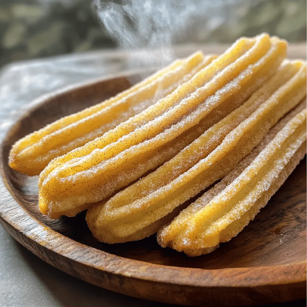 - 1 cup water - 2 tablespoons granulated sugar - 1/2 teaspoon salt - 1/4 cup unsalted butter, cut into pieces - 1 cup all-purpose flour - 2 large eggs, lightly beaten - 2 teaspoons vanilla extract - Oil for frying (vegetable or canola) - 1/2 cup granulated sugar (for coating) - 1 tablespoon ground cinnamon - Medium saucepan - Wooden spoon - Piping bag with star tip - Deep fryer or heavy-bottomed pot - For a dairy-free option, use margarine instead of butter. - You can try gluten-free flour for a gluten-free version. Look for one-to-one flour blends. To make churro dough, first, boil water, sugar, salt, and butter. Use a medium saucepan for this. Heat the mixture on medium until it boils. Once it is boiling, remove the pan from heat. Add all the flour at once. Stir with a wooden spoon until you form a ball. The dough should pull away from the sides of the pan. This takes about 1-2 minutes. Let the dough cool for a few minutes. It should be warm but not hot. Next, add the eggs and vanilla extract. Add them one at a time. Mix well after each addition. You want the dough to be smooth and fully combined. Now it’s time to fry the churros. Heat oil in a deep fryer or heavy pot. The oil should reach 375°F (190°C). You need enough oil to cover the churros. Prepare a piping bag with a large star tip. Pipe 6-inch strips of dough into the hot oil. Use scissors to cut them off. Fry a few churros at a time. This helps them cook evenly. Fry for 2-3 minutes on each side until they turn golden brown. Once done, use a slotted spoon to take them out. Place them on a plate lined with paper towels. This lets excess oil drain away. While churros are still warm, roll them in cinnamon sugar. In a shallow bowl, mix sugar with ground cinnamon. Coat each churro until it shines. Serve your churros warm. They taste great with chocolate sauce or dulce de leche for dipping. For a beautiful display, stack the churros on a plate. Sprinkling extra cinnamon sugar on top adds a nice touch. Enjoy your crispy, sweet treat! For a full recipe, check out the [Full Recipe]. To avoid soggy churros, keep an eye on the oil temperature. Hot oil is key. Heat your oil to 375°F (190°C). Use a thermometer for accuracy. If the oil is too cool, churros will absorb too much oil. If it's too hot, they will burn quickly. Always test a small piece of dough first. It should bubble and float right up. You can tell when churros are done by their color. They should turn a deep golden brown. Cook them about 2-3 minutes per side. For the dough, it should be smooth and not sticky. You want it to hold its shape when piped. If it’s too runny, add a bit more flour. If it’s too thick, a splash of water can help. For dipping, I love rich chocolate sauce or creamy dulce de leche. They pair perfectly with warm churros. To impress guests, stack churros high on a plate. Sprinkle extra cinnamon sugar on top. Serve the sauces in small bowls on the side for a fun touch. This makes for an eye-catching presentation. You can also add fresh fruit for color and flavor. For the full recipe, check out the link provided. {{image_4}} When it comes to cinnamon sugar churros, you can have fun with variations. Let's explore some tasty ideas. You can mix things up by adding flavors. Chocolate or caramel can make your churros extra special. Just add a bit to the dough before frying. You can also try different spices. A pinch of nutmeg or cardamom can give your churros a warm twist. Experiment with what you love! Stuffed churros are a delightful surprise. You can fill them with sweet cream or rich chocolate. To do this, pipe the filling into the churro after frying. A simple pastry cream or chocolate ganache works well. It adds a creamy texture to each bite! If you want a lighter treat, try air fryer churros. They use less oil and still taste great. Just pipe the dough onto the air fryer basket and cook until golden. Baked churros are another option. You can shape them on a baking sheet, brush with oil, and bake until crisp. These versions give you all the yum without the guilt! For the full recipe, check out the crispy cinnamon sugar churros section. Enjoy making these tasty treats! To keep your churros fresh, follow these tips: - Allow them to cool completely. - Place them in an airtight container. - Store at room temperature for up to two days. - For longer storage, consider freezing them. To revive churros for the best texture: - Preheat your oven to 350°F (175°C). - Place churros on a baking sheet. - Heat for about 10 minutes. - This method keeps them crispy, just like fresh. To freeze churros, follow these steps: - Allow churros to cool completely. - Lay them on a baking sheet in a single layer. - Freeze for 1-2 hours until firm. - Transfer to a freezer-safe bag for up to three months. - Thaw in the fridge overnight before reheating. With these storage methods, you can enjoy your homemade churros even after the initial delight. For more detailed instructions, check the Full Recipe. To make cinnamon sugar churros from scratch, you need simple ingredients. First, heat water, sugar, salt, and butter in a saucepan until boiling. Remove from heat and stir in flour until a dough forms. After cooling slightly, mix in eggs and vanilla. Pipe the dough into hot oil and fry until golden brown. Finally, coat in a mix of cinnamon and sugar. For the full recipe, check out the details above. Yes, you can use store-bought dough for churros. Look for choux pastry or similar dough. However, homemade dough gives the best flavor. Store-bought options are convenient but may lack the fresh taste you want. It’s fun to try making dough from scratch, too! Churros pair wonderfully with several dipping sauces. Chocolate sauce is a classic choice. It adds richness and sweetness. Dulce de leche is another option, offering a creamy texture. You can also try caramel or fruit sauces for a fruity twist. Get creative and find your favorite! To prevent churros from becoming oily, maintain the right oil temperature. Heat oil to 375°F (190°C) before frying. If the oil is too cool, churros absorb more oil. Fry small batches to avoid cooling the oil too much. Drain on paper towels after frying to remove excess oil. Serve churros warm for the best experience. Stack them on a plate for a fun look. Sprinkle with extra cinnamon sugar for a sweet touch. Offer dipping sauces in small bowls on the side. This makes it interactive and fun for everyone! Making delicious churros is fun and rewarding. We covered everything from ingredients and tools to helpful tips and tasty variations. With simple steps to follow, you can fry, coat, and enjoy fresh churros at home. Remember to explore different flavors and presentation ideas to elevate your treat. Whether you choose to dip or stuff your churros, creativity makes them even better. Now, go ahead and treat yourself to these sweet delights whenever you crave them. Enjoy your churro adventure!