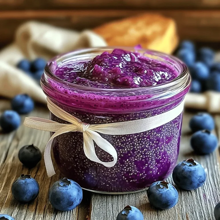 To make a delicious blueberry chia seed jam, you need a few key ingredients: - 2 cups fresh blueberries (or frozen, fully thawed) - 1/4 cup maple syrup (or honey, depending on your preference) - 2 tablespoons chia seeds - 1 tablespoon freshly squeezed lemon juice - 1 teaspoon pure vanilla extract - A pinch of salt These ingredients work together to create a sweet and tangy jam. Blueberries are the star, bringing a burst of flavor. You can add more depth to your jam with optional ingredients: - A dash of cinnamon for warmth - A splash of orange juice for brightness - Fresh herbs like mint for a twist Feel free to experiment with these options to make the jam your own. Each addition can change the flavor profile in fun ways. Using fresh blueberries gives you the best flavor and texture. They are juicy and sweet. However, frozen blueberries work just as well. They are often picked at peak ripeness, so they retain their taste. Just let them thaw before using. Choose the type that suits your pantry. Both options will lead to a tasty blueberry chia seed jam. Start by adding your blueberries to a medium-sized saucepan. Use a fork or potato masher to mash them. This should take about 1-2 minutes. You want the berries to start breaking down and releasing their juices. The more you mash, the more flavor you get! Once your blueberries are nicely mashed, let’s make it sweet! Stir in maple syrup or honey, lemon juice, and a pinch of salt. Mix everything well. This is where the magic begins. The flavors blend, and the jam starts to take shape. Next, bring the heat up a bit to get your mixture boiling. Once it’s bubbling, reduce the heat and let it simmer for about 5 minutes. Stir occasionally to keep it from sticking. The heat helps thicken the jam and deepen the flavor. After simmering, take the saucepan off the heat. Now, add chia seeds and vanilla extract. Stir well to mix everything together. Let it sit for about 10 minutes. This is important! The chia seeds will absorb liquid and thicken the jam. When the jam has the thickness you like, transfer it to a clean glass jar. Let it cool completely at room temperature before sealing. Store your jam in the fridge for up to two weeks. If you’re sharing, I bet it won’t last that long! For the complete recipe, check out the Full Recipe. To check the jam's consistency, use a simple spoon test. Dip a spoon into the jam and lift it out. If it drips off slowly, it is ready. If it runs off quickly, simmer it a bit longer. The chia seeds will help thicken the jam, so give it time. Remember, it will thicken more as it cools. Sweetening your jam is easy. After your jam cools, taste it. If you want it sweeter, add more maple syrup or honey. Stir well to mix in the sweetener. You can adjust as you like. Everyone's taste is different, so make it yours. Use a non-stick saucepan for easy cleanup. If any jam sticks, soak the pan in warm water. Rinse and scrub gently to remove the residue. Having a clean workspace is key. Keep a damp cloth handy for quick spills. This will make your cooking experience more enjoyable. {{image_4}} You can make your jam even better by adding other fruits. Try mixing in strawberries, raspberries, or even peaches. Each fruit brings its own taste and color. For example, strawberries add a sweet touch and a lovely pink hue. Just mash them with the blueberries at the start. You can also use a mix of berries for a colorful jam that's full of flavor. If you want a sugar-free jam, you have options. Replace maple syrup with a natural sweetener like stevia or monk fruit. These sweeteners keep the jam sweet without added sugar. Just remember to check the package for the right amount to use. This way, you can enjoy your jam without the extra calories. Adding spices can take your jam to the next level. A pinch of cinnamon or nutmeg adds warmth and depth. You can also try adding a splash of almond extract for a nutty flavor. Experiment with these spices in your jam to find what you love best. Remember, a little goes a long way! To keep your blueberry chia seed jam fresh, store it in a clean glass jar. Make sure the jar is airtight to prevent air from spoiling the jam. Always use a clean spoon when scooping out the jam. Avoid cross-contamination to keep it safe from bacteria. Your homemade blueberry chia seed jam will last in the fridge for up to two weeks. After two weeks, check for any signs of spoilage before using it. If it develops an off smell or unusual texture, it's best to toss it. If you want to keep your jam longer, freezing is a great option. Pour the jam into freezer-safe containers, leaving some space at the top for expansion. You can also use ice cube trays for smaller portions. When ready to use, thaw the jam in the fridge overnight. This way, you can enjoy your blueberry chia seed jam anytime! Yes, you can use frozen blueberries. Just make sure they are fully thawed. Frozen blueberries work well and still taste great. They may take a bit longer to break down during mashing. Chia seeds are small but mighty! They are packed with fiber, protein, and omega-3 fatty acids. They help with digestion and keep you feeling full longer. Plus, they add a nice texture to the jam. You can spread this jam on toast, pancakes, or yogurt. It also works well in smoothies or as a topping for desserts. Try it in oatmeal for a tasty breakfast twist! Yes, you can can this jam. Make sure to follow safe canning practices. Use sterilized jars and a boiling water bath to seal them. This way, you can enjoy your jam even longer. To adjust sweetness, simply add more maple syrup or honey. Start with a little at a time and taste as you go. This way, you get the perfect sweetness for your taste buds. For the full recipe, check out the complete instructions above. We covered the main ingredients for blueberry chia seed jam, including tips and variations. You learned how to make it, from mashing to storing. Remember to use fresh or frozen blueberries for the best taste. Experiment with different fruits and spices to find your perfect flavor. This jam is healthy and easy to make, enhancing your meals or snacks. Enjoy the fun of creating a tasty treat that fits your taste!