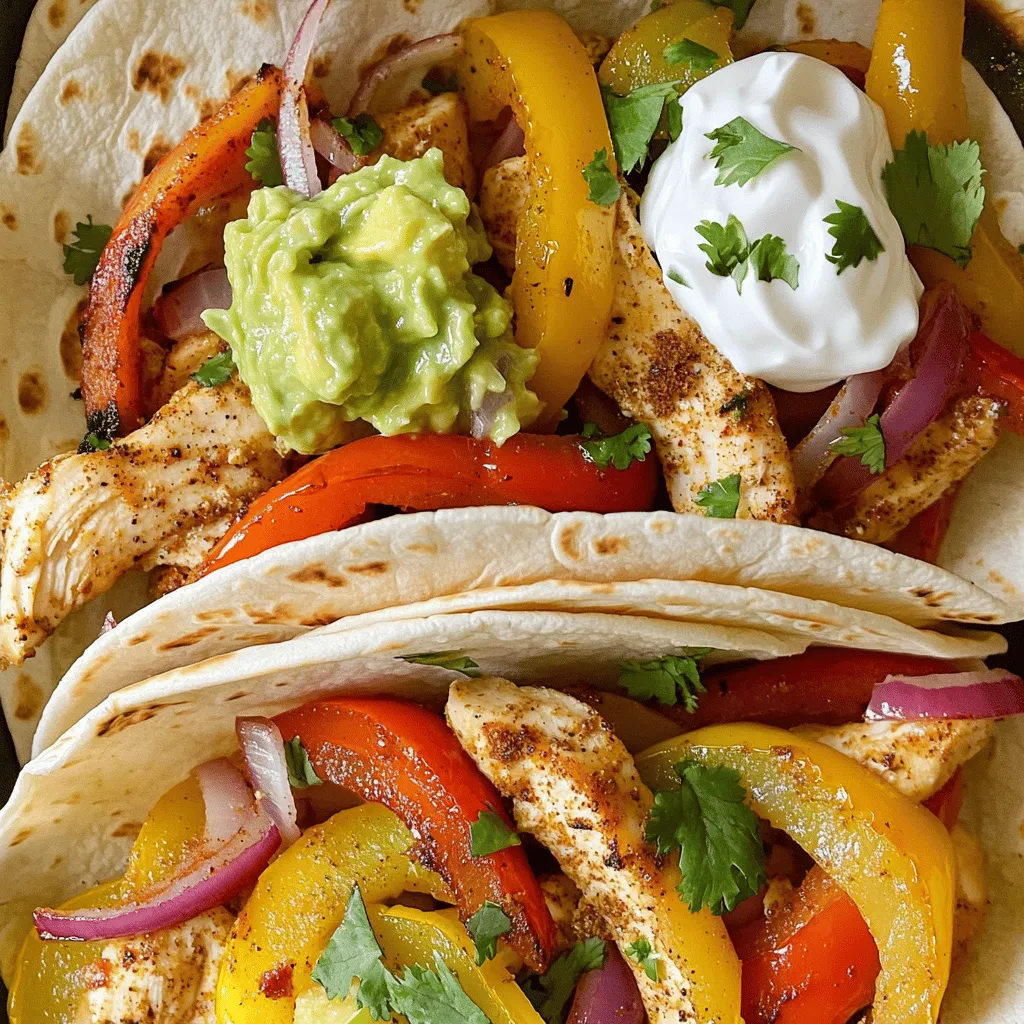 For oven-baked chicken fajitas, you need: - 1 lb (450g) boneless, skinless chicken breasts, sliced into thin strips - 1 red bell pepper, sliced into strips - 1 yellow bell pepper, sliced into strips - 1 medium red onion, sliced into wedges These ingredients form the base of your dish. The chicken gives protein, while the peppers and onion add color and crunch. To add flavor, use: - 3 tablespoons extra virgin olive oil - 2 tablespoons fajita seasoning - 1 teaspoon garlic powder - 1 teaspoon smoked paprika - Salt and freshly ground black pepper, to taste The olive oil helps the spices stick. Fajita seasoning offers that classic taste. Smoked paprika adds a nice touch of warmth. For extra flavor, consider: - Sour cream - Guacamole - Shredded cheese - Fresh cilantro leaves These toppings let everyone customize their fajitas. You can mix and match to find your favorite combination. Enjoy exploring the Full Recipe to make this tasty meal! Start by preheating your oven to 400°F (200°C). This step makes sure the oven is hot when you bake the fajitas. In a large mixing bowl, add the chicken slices, red bell pepper strips, yellow bell pepper strips, and onion wedges. This mix gives the fajitas great color and taste. Drizzle olive oil over the chicken and veggies. Then, sprinkle the fajita seasoning, garlic powder, smoked paprika, salt, and black pepper on top. Use your hands or a spoon to toss everything well. Make sure all the chicken and vegetables get coated with the spices. Line a large baking sheet with parchment paper. This makes cleanup easier. Spread the seasoned chicken and veggie mix in one even layer on the baking sheet. Place the baking sheet in your preheated oven. Bake for 20-25 minutes. Stir the mixture halfway through. The fajitas are ready when the chicken is no longer pink and the veggies are tender. While the fajitas are baking, heat a dry skillet over medium heat. Warm each tortilla for about 30 seconds on each side. This makes them soft and easy to roll. Once the chicken and veggies are out of the oven, let them rest for a couple of minutes. This helps the flavors mix well. To serve, place a good amount of the chicken and veggie mix in the center of each warm tortilla. Let everyone add their favorite toppings from the optional list. Enjoy your meal! For more details, check out the Full Recipe. To make sure your fajitas cook evenly, cut the chicken and veggies into uniform sizes. This helps them cook at the same rate. Stir the mixture halfway through baking. This will allow heat to reach all sides of the ingredients, giving you tender chicken and crisp veggies. Use fresh ingredients for the best taste. You can swap the bell peppers for other colors or add in some jalapeños for heat. Try marinating the chicken for about an hour with the spices and oil before baking. This adds depth to the flavor. You can also sprinkle fresh lime juice before serving for a zesty finish. Warm tortillas on a dry skillet to make them soft and flexible. Heat each tortilla for about 30 seconds on both sides. This step makes them easy to fold without tearing. If you want extra flavor, brush the tortillas with a bit of olive oil before warming. Serve them warm with the fajitas for the best taste. For the full recipe, check out the detailed instructions above. {{image_4}} You can easily switch the chicken for other meats. Try beef or shrimp for a new taste. Just cut them into strips, just like the chicken. Adjust the cooking time for each type. Beef may need a bit longer, while shrimp cooks faster. Each option brings its own flavor to the dish. If you want a meatless version, use mushrooms or tofu. Both options soak up the spices well. Slice them thin, just like the chicken. You can also mix in extra veggies. Think zucchini, squash, or even corn for color. This makes a tasty meal for everyone. Change the spices for a new twist. Use taco seasoning for a more classic flavor. Or add chili powder for a spicy kick. You can even try curry powder for a unique taste. Experiment with lime or lemon juice for zest. Each change provides a fresh take on your fajitas. For the full recipe, check out the earlier section. After enjoying your delicious oven-baked chicken fajitas, store any leftovers in an airtight container. Keep them in the fridge for up to three days. Make sure the fajitas cool down before sealing the container. This helps keep them fresh and tasty. To reheat your leftovers, you have a few options. The best way is to use the oven. Preheat your oven to 350°F (175°C). Place the fajitas on a baking sheet and cover with foil. Bake for about 10-15 minutes until heated through. If you prefer, you can use a microwave. Heat in short bursts, checking often, until warm. You can freeze fajitas for up to three months. Pack the cooled fajita filling in freezer-safe bags. Squeeze out as much air as possible before sealing. When ready to eat, thaw in the fridge overnight. Reheat as mentioned above for a quick meal. Enjoy your oven-baked chicken fajitas anytime! Yes, you can use other meats like beef or shrimp. Chicken is great, but beef adds a nice taste. Shrimp cooks fast and is fun to eat. Just adjust cooking times for each type. To spice up your fajitas, add more seasoning. You can use more fajita seasoning or chili powder. Fresh jalapeños or hot sauce also work well. Start with small amounts to find your perfect heat level. Absolutely! You can slice the chicken and veggies a day before. Just store them in the fridge. This saves time and makes cooking easier. You can also mix the seasonings ahead. Toppings add fun to your fajitas! Some popular choices are sour cream, guacamole, and shredded cheese. Fresh cilantro adds a nice touch. You can also try salsa or diced tomatoes for extra flavor. Leftovers stay fresh in the fridge for three to four days. Make sure to store them in an airtight container. You can reheat them in the oven or on the stove for the best taste. This blog post detailed how to create tasty fajitas. You learned about key ingredients, seasonings, and optional toppings. I provided step-by-step instructions for baking and assembling your fajitas. Additionally, I shared tips for cooking evenly and enhancing flavor. The blog also covered storage, variations, and answers to common questions. Fajitas are fun to make and enjoy. Experiment with different proteins and toppings. With practice, you’ll master a dish that everyone loves. Get ready to impress your family and friends with your new skills!