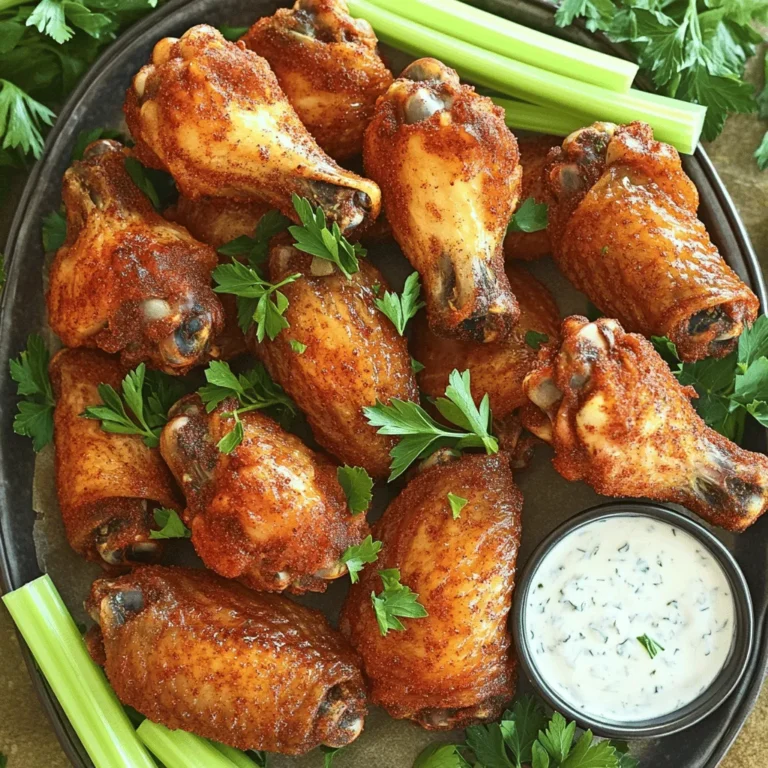 - 2 pounds chicken wings - 1 tablespoon baking powder - 1 teaspoon salt - 1 teaspoon black pepper - 1 teaspoon smoked paprika - 1 teaspoon garlic powder - 1 teaspoon onion powder - 1 teaspoon cayenne pepper (adjust to taste) - 1 teaspoon dried oregano - 1 tablespoon olive oil Gathering the right ingredients is key to making crispy dry rub chicken wings. The main ingredients include chicken wings, baking powder, salt, and black pepper. Baking powder helps the wings get that perfect crispy texture. For the additional seasonings, I love using smoked paprika, garlic powder, onion powder, cayenne pepper, and dried oregano. These spices bring a burst of flavor that makes every bite tasty. You can adjust the cayenne pepper to control the heat level. Don't forget the olive oil! It helps the dry rub stick to the wings. Once you have all your ingredients ready, you will be set to whip up a delicious batch of wings. If you want to see the complete process, check the Full Recipe. - Preheat the oven to 425°F (220°C). - Line a baking sheet with aluminum foil and place a wire rack on top. - Pat the chicken wings dry with paper towels. - Toss the wings in olive oil and dry rub mixture. To get crispy wings, drying is key. Any moisture will make them soggy. I like to use a clean kitchen towel or paper towels. This step might seem small, but it matters! Next, mix the olive oil with the dry rub. It helps the spices stick to the wings. This also adds flavor. - Arrange wings in a single layer on the wire rack. - Bake for 40-45 minutes, flipping halfway through. When you place the wings on the rack, give them space. This lets air flow around them. That’s how they get crispy! Halfway through baking, flip the wings. This helps them brown evenly. You want that deep golden color. Trust me, they will look and taste amazing! For more details, check the Full Recipe. To get the best crispy chicken wings, start by drying them well. Moisture is the enemy of crispiness. Use paper towels to pat the wings dry. This step makes a huge difference. Next, air circulation is key. Place your wings on a wire rack. This allows heat to flow around them while they bake. You can customize the spice levels to fit your taste. If you love heat, add more cayenne pepper. For a milder taste, reduce it. Feel free to experiment with different dry rub recipes. Try adding cumin or chili powder for a unique twist. Mixing and matching spices keeps the flavors exciting. When serving, make it look great! Place the crispy chicken wings on a big platter. Garnish with fresh parsley or crunchy celery sticks. This adds color and fun. For dipping sauces, I recommend creamy ranch or tangy blue cheese. These pair perfectly with the rich flavors of the wings. You can find the Full Recipe at the beginning of the article. {{image_4}} You can easily change the taste of your chicken wings. Try adding spices like cumin or chili powder. These spices give the wings warmth and depth. You can also marinate the wings in your favorite sauce before applying the dry rub. This step adds an extra layer of flavor and moisture. Want a quicker option? Use an air fryer! Cook the wings at 400°F for about 25 minutes for crispy results. Just make sure to shake the basket halfway through. If you prefer a smoky flavor, grilling is a great choice. Grill the wings over medium heat for about 20 minutes, flipping often. Pair your crispy wings with side dishes like coleslaw or fries. These sides balance the spicy wings. If you have leftover wings, make a creative appetizer. Chop the wings and mix them into a quesadilla or salad for a fun twist. You can even toss them in a new sauce for a fresh flavor. To keep your crispy wings fresh, store them in the fridge. First, let them cool down. Place the wings in an airtight container. You can also wrap them tightly in plastic wrap or foil. This keeps moisture out and helps maintain their flavor. For best results, eat the leftover wings within 3 days. Choose containers that seal well. Glass containers are great for this. They do not absorb odors and keep the wings fresh. If you use plastic, ensure it is BPA-free. This way, you can enjoy the wings again without worry. To reheat your wings and keep them crispy, use the oven. Preheat it to 375°F (190°C). Place the wings on a baking sheet lined with foil. Bake for about 10-15 minutes. This method helps restore the crunch. If you want a faster option, use the microwave. However, this can make wings soggy. For the best taste, stick to the oven. Enjoy your wings just like fresh out of the oven! To make chicken wings crispy, you must dry them well. First, pat the wings with paper towels. This helps remove moisture. Next, use baking powder in your dry rub. The baking powder helps to create a crispy skin. Cook the wings on a wire rack. This allows hot air to circulate around them. Bake at 425°F (220°C) for 40-45 minutes. Flip them halfway for even browning. Yes, you can use frozen chicken wings. However, you need to thaw them first. Place them in the fridge overnight or run them under cold water. After they are thawed, pat them dry with paper towels. This step is key to getting crispy wings. Follow the rest of the recipe as usual. Great dipping sauces include ranch dressing and blue cheese. They add a creamy touch that pairs well. You can also try a spicy buffalo sauce for extra heat. Honey mustard offers a sweet contrast. Experiment with your favorites to find the best mix. Leftover wings can stay fresh in the fridge for 3-4 days. Store them in an airtight container. This keeps them safe and tasty. If you want to keep them longer, freeze them. They can last up to 3 months in the freezer without losing flavor. You can find the Full Recipe for these crispy dry rub chicken wings at the beginning of this article. In this blog post, we covered how to make crispy chicken wings. You learned about the main ingredients and step-by-step instructions to prepare and bake them. We also discussed tips for crispiness and flavor variations, plus how to store leftovers. In closing, you can create delicious wings at home with ease. Customize your spices and enjoy different cooking methods. Get creative with dips and sides. Happy cooking!