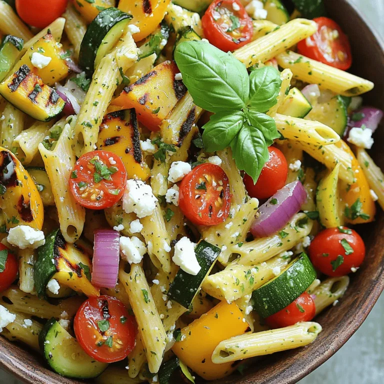 To make a delightful grilled vegetable pasta salad, gather the following ingredients: - 8 ounces of penne pasta - 1 medium zucchini, sliced - 1 bell pepper, sliced - 1 medium red onion, cut into wedges - 1 cup cherry tomatoes, halved - 2 tablespoons high-quality olive oil - 1 teaspoon dried Italian herb blend - Sea salt and freshly ground black pepper, to taste - 1/4 cup crumbled feta cheese (optional) - Fresh basil leaves, for garnish These ingredients create a colorful mix of flavors. Each vegetable adds its unique taste and texture. The olive oil and herbs bring everything together. You can use any bell pepper color for a vibrant look. The feta cheese adds a nice tang, but it’s not a must. Fresh basil leaves at the end give a bright finish. For the full recipe, check the detailed instructions provided. Get ready to enjoy this fresh, tasty dish! 1. Start by boiling salted water in a large pot. 2. Add 8 ounces of penne pasta. Cook it according to the package directions. Aim for al dente; the pasta should be firm yet cooked. 3. Once the pasta is done, drain it in a colander and let it cool. Rinse it with cold water if you want to cool it faster. 1. Preheat your grill or grill pan to medium heat. This helps the veggies get that nice char. 2. In a mixing bowl, toss the sliced zucchini, bell pepper, red onion wedges, and halved cherry tomatoes with 2 tablespoons of olive oil. 3. Add 1 teaspoon of dried Italian herbs, sea salt, and freshly ground black pepper. Mix until all veggies get coated well. 1. Place the seasoned vegetables on the grill when it’s hot. Grill each side for about 4-5 minutes. 2. Look for nice grill marks and tenderness as signs of doneness. The veggies should still be crispy. 3. After grilling, chop the vegetables into bite-sized pieces. This makes them easier to mix into the salad. Once you finish these steps, you're ready to combine everything for a delightful grilled vegetable pasta salad. For the full recipe, refer to the earlier section. To cook pasta perfectly, use a large pot. Bring salted water to a rolling boil. Add the penne and stir. Cook until al dente, which means firm to the bite. This usually takes about 8-10 minutes. Drain the pasta in a colander. Rinsing it with cold water helps stop the cooking. This keeps your pasta from getting mushy. Set your grill to medium heat for the best results. A good temperature allows vegetables to cook evenly. Avoid high heat, as it may char the outside too fast. When grilling, turn the vegetables after 4-5 minutes. Look for nice grill marks. They should be tender but still have a little crunch. This texture gives the salad a great bite. You can customize herbs for more flavor. Try adding fresh basil or parsley for a twist. If you want a kick, sprinkle in some red pepper flakes. Optional add-ins like olives or sun-dried tomatoes can also elevate the dish. They add depth and make your salad unique. For a tangy twist, sprinkle crumbled feta cheese before serving. For the full recipe, check out the detailed instructions. {{image_4}} You can use many vegetables in this pasta salad. Try adding asparagus, eggplant, or mushrooms. They all grill well and add great flavor. Seasonal swaps can also make this dish shine. In summer, use fresh corn or green beans. In fall, roasted squash works beautifully. Want to make it vegan-friendly? Simply skip the feta cheese. You can also swap the penne pasta for a whole grain or legume-based pasta. For gluten-free options, use gluten-free pasta. There are many great choices on the market now. For dressing, try a light vinaigrette made of olive oil and lemon juice. It keeps the salad fresh and bright. If you prefer creamy, use a yogurt-based dressing. Adding protein boosts the meal. Grilled chicken, shrimp, or even chickpeas work fantastic. They add heartiness and flavor to this delightful dish. To keep your grilled vegetable pasta salad fresh, store it in airtight containers. Glass or BPA-free plastic containers work best. You can store it in the fridge for 3 to 5 days. Always let the salad cool to room temperature before sealing it. This helps prevent excess moisture inside the container. Can you freeze grilled vegetable pasta salad? Yes, you can freeze it! However, the texture may change after thawing. To freeze, place the salad in a freezer-safe container. Leave some space at the top for expansion. It can last for about 2 months in the freezer. For best results, thaw the salad in the fridge overnight. This keeps it cold and safe. Avoid thawing at room temperature to prevent bacteria growth. To reheat leftovers, use a microwave or a skillet. If using a microwave, heat it on low power. Stir every minute to warm evenly. If using a skillet, add a splash of olive oil over medium heat. Stir often to keep it from sticking. To maintain texture, avoid overheating. You want the pasta and veggies warm, not mushy. Enjoy the fresh flavors! For the full recipe, check out the [Full Recipe]. To make grilled vegetable pasta salad, follow these steps: 1. Cook the Pasta: Bring salted water to a boil. Add 8 ounces of penne pasta. Cook until al dente, then drain and cool. 2. Prepare the Vegetables: Preheat your grill. Mix sliced zucchini, bell pepper, onion, and cherry tomatoes in a bowl. Add 2 tablespoons of olive oil, 1 teaspoon of Italian herbs, salt, and pepper. Toss to coat. 3. Grill the Vegetables: Place the vegetables on the grill for 4-5 minutes per side. They should be tender and charred. Chop them into bite-sized pieces. 4. Combine Ingredients: In a big bowl, mix the cooled pasta with the grilled vegetables. Toss gently. 5. Add Cheese and Season: If using, sprinkle 1/4 cup of feta over the salad. Toss again. Adjust salt and pepper to taste. 6. Chill and Serve: Cover and refrigerate for at least 30 minutes. This helps the flavors meld. 7. Garnish for Presentation: Before serving, add fresh basil leaves for color and aroma. Grilled vegetable pasta salad pairs well with many side dishes. Here are some ideas: - Grilled chicken or fish adds protein. - A crusty bread complements the meal. - A light soup, like minestrone, works well. - Fresh fruit salad adds a sweet touch. - A green salad with lemon vinaigrette refreshes the palate. Yes, you can prepare grilled vegetable pasta salad in advance. Here are some best practices: - Cook and Cool: Make the pasta and grill the vegetables a day ahead. - Store Properly: Keep the salad in an airtight container in the fridge. - Dress Before Serving: Add any cheese or herbs just before serving. This keeps the flavors fresh. - Taste Test: Always check seasoning before serving. Add more salt or pepper if needed. For the full recipe, check out the details above. In this article, we explored how to create a delicious grilled vegetable pasta salad. We covered the ingredients you'll need, step-by-step cooking instructions, and useful tips to perfect your dish. You can customize the salad easily by swapping in different veggies or add-ins. Remember to store leftovers properly for best taste. Enjoy your cooking experience and impress others with this fresh, vibrant salad that fits any meal. Try it out and make it your own!