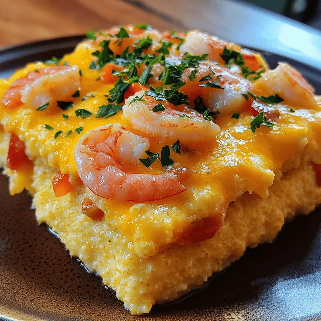 To create a delicious shrimp and grits casserole, gather these main ingredients: - 1 cup stone-ground grits - 4 cups chicken broth - 1 cup shredded sharp cheddar cheese - 1 cup whole milk - 1 pound medium shrimp, peeled and deveined - 1 bell pepper, diced (choose between red or green for color) - 1 small onion, finely chopped - 2 cloves garlic, minced - 1 teaspoon smoked paprika - 1 teaspoon cayenne pepper (adjust to your spice preference) - Salt and freshly ground black pepper, to taste - 2 tablespoons extra-virgin olive oil - 1 teaspoon fresh parsley, finely chopped (for garnish) These ingredients create a creamy and flavorful base for your casserole. You can personalize your shrimp and grits casserole with these optional seasonings and add-ins: - Lemon juice for brightness - Old Bay seasoning for a coastal twist - Crumbled bacon for added crunch - Spinach or kale for extra greens - Diced tomatoes for a touch of acidity Feel free to mix and match these options to suit your taste. To enhance your meal, consider serving these accompaniments alongside your casserole: - A simple green salad with vinaigrette - Crusty bread or garlic bread for dipping - Cold beverages like iced tea or lemonade These sides complement the rich flavors of the shrimp and grits casserole perfectly. For the full recipe, check the earlier sections to guide you through making this comforting dish. First, I get my oven ready by preheating it to 350°F (175°C). This helps the casserole bake evenly. I then grab a large saucepan and pour in 4 cups of chicken broth. I bring it to a rolling boil. Once it bubbles, I slowly add 1 cup of stone-ground grits. I stir constantly to keep lumps from forming. After mixing well, I lower the heat and let the grits simmer for about 20-25 minutes. I stir frequently until they thicken to my liking. When done, I remove the pan from the heat. I mix in 1 cup of shredded sharp cheddar cheese and 1 cup of whole milk until creamy. I season with salt and black pepper. I set it aside to cool slightly. Next, I heat 2 tablespoons of extra-virgin olive oil in a skillet over medium heat. I add 1 diced bell pepper, 1 small chopped onion, and 2 minced garlic cloves. I sauté this mix until the veggies soften and the onion turns translucent. This takes about 5-7 minutes. Then, I add 1 pound of medium shrimp, 1 teaspoon of smoked paprika, and 1 teaspoon of cayenne pepper. I cook the shrimp until they turn pink, which takes about 3-4 minutes. After cooking, I remove the skillet from the heat and let the mixture cool slightly. Now, I grab a large mixing bowl. I pour in the creamy cheese grits mixture and the sautéed shrimp and veggies. I stir well to mix everything evenly. Next, I transfer this combined mixture into a greased baking dish, about 9x13 inches. I spread it out evenly so it bakes uniformly. I then place the dish in the preheated oven and bake for 25-30 minutes. I watch for the top to turn golden and bubbly. After baking, I let the casserole cool for a few minutes. Then, I slice it into generous squares. I love to garnish each square with fresh parsley for a pop of color. This step really makes the dish shine! For the full recipe, check out the details provided earlier. To make great grits, use stone-ground grits. They give a rich and creamy texture. Don't rush the cooking process. Stir them often and let them simmer for about 20-25 minutes. This will help avoid lumps and ensure even cooking. After they thicken, mix in cheese and milk for extra creaminess. Taste and adjust salt and pepper as needed for a balanced flavor. Seasonings can make or break your dish. Start with smoked paprika for a deep, smoky note. Add cayenne pepper for some heat, but adjust it to your taste. Fresh garlic and onions add a lovely aroma. You can also try adding fresh herbs like thyme or dill for a fresh twist. Don't forget to taste as you go. The right blend can elevate your shrimp and grits casserole. When baking, preheat your oven to 350°F (175°C). This ensures even cooking. Spread the mixture evenly in the baking dish to cook uniformly. Bake for 25-30 minutes until the top is golden and bubbly. Let the casserole cool for a bit before serving. This helps it set and makes slicing easier. For a finishing touch, sprinkle fresh parsley on top for color and freshness. For the Full Recipe, check the details provided above. {{image_4}} To add some heat, use more cayenne pepper. You can also include diced jalapeños. This will spice up your dish and give it an extra kick. If you enjoy bold flavors, try adding hot sauce to the shrimp mix. It enhances the flavor while keeping it fun. Adjust the spice to match your taste. If you want it hot, don't hold back! For a creamy garlic version, add roasted garlic to your grits. Simply roast garlic in the oven until soft and blend it in. This will give your grits a rich, savory flavor. You can also add more cheese to make it even creamier. A blend of cream cheese and cheddar works well. This twist makes the dish feel more luxurious. If you prefer a vegetarian option, skip the shrimp entirely. Replace it with sautéed mushrooms or zucchini for texture. You can also use vegetable broth instead of chicken broth. For added flavor, mix in sun-dried tomatoes and spinach. This gives the dish a fresh and vibrant taste. You won't miss the shrimp with these tasty substitutes. For the complete recipe, check out [Full Recipe]. To store your shrimp and grits casserole, let it cool first. Place it in an airtight container. Make sure to cover it well to keep moisture in and odors out. This dish stays fresh for about three to four days in the fridge. Label your container with the date for easy tracking. When you are ready to enjoy leftovers, preheat your oven to 350°F (175°C). Place the casserole in an oven-safe dish. Heat it for about 20 minutes or until it's hot throughout. If you're in a hurry, you can also microwave it. Use a microwave-safe dish and heat in short bursts, checking often, until warm. If you want to save the casserole for later, freezing is a great option. First, let it cool completely. Then, wrap it well in plastic wrap and foil. This prevents freezer burn. It can last up to three months in the freezer. When you’re ready to eat it, thaw it in the fridge overnight and reheat as mentioned above. Enjoy your shrimp and grits casserole even after weeks! For the full recipe, check out the details above. To add spice, increase the cayenne pepper. You can also add hot sauce or crushed red pepper flakes. Taste the mixture as you go. This helps you find the right heat. Use smoked paprika for a smoky flavor that pairs well with the heat. Yes, you can use frozen shrimp. Just make sure to thaw them first. You can do this overnight in the fridge or place them in cold water. This helps them cook evenly. Frozen shrimp can be just as tasty as fresh shrimp. If you need a substitute, use vegetable broth or seafood stock. These options keep the flavors rich. You can also use water for a lighter taste. Just remember to add a bit more seasoning to enhance the flavor. For a creamy touch, mix in some milk or cream. In this blog post, I covered how to make a delicious shrimp and grits casserole. We explored the main ingredients, optional seasonings, and the steps to prepare this dish. I shared tips for perfecting your grits and variations to try. Storing and reheating your casserole was also discussed. By following these steps and tips, you’ll create a meal that excites your taste buds. Enjoy experimenting with flavors and sharing this dish with family and friends.