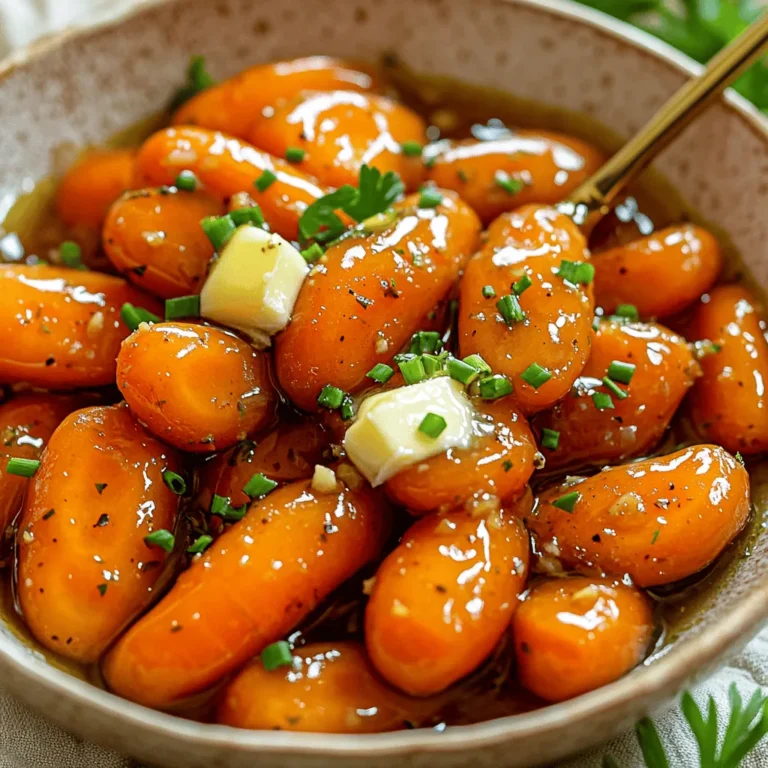 To make honey garlic butter carrots, gather these simple items: - 1 lb baby carrots, peeled - 2 tablespoons unsalted butter - 3 tablespoons honey - 3 cloves garlic, minced - 1 tablespoon soy sauce (or tamari for gluten-free) - Salt and pepper to taste - Fresh parsley or chives, chopped, for garnish These ingredients blend together to create a sweet and savory dish that pleases everyone. You can swap out some ingredients if needed: - Use olive oil instead of butter for a dairy-free option. - Maple syrup can replace honey for a vegan choice. - Garlic powder works if you don’t have fresh garlic. - Coconut aminos can stand in for soy sauce. These substitutes keep the flavor strong while meeting your dietary needs. Each ingredient in this dish brings its own health perks: - Carrots: Rich in vitamins A and K, great for your eyes and skin. - Butter: Provides healthy fats that support brain health. - Honey: Natural sweetener with antioxidants that may boost health. - Garlic: Known for its immune benefits and heart health support. - Soy Sauce: Adds umami flavor while packing protein and minerals. - Parsley: Loaded with vitamins C and K, it helps with digestion. Including these ingredients not only enhances taste but also boosts nutrition in your meals. To make honey garlic butter carrots, follow these simple steps: 1. Prep the Carrots: Wash and peel the baby carrots. This step brings out their natural sweetness. 2. Melt the Butter: Heat a large skillet over medium heat. Add the unsalted butter and let it melt completely. This creates a rich base for your sauce. 3. Sauté the Garlic: Add minced garlic to the melted butter. Stir for about one minute until it smells fragrant. Be careful not to brown the garlic. 4. Add Honey and Soy Sauce: Pour in the honey and soy sauce. Stir well to mix everything into a smooth sauce. 5. Coat the Carrots: Add the peeled baby carrots to the skillet. Toss them gently in the sauce until well coated. 6. Steam the Carrots: Cover the skillet with a lid. Let the carrots steam for 5-7 minutes. Check if they are tender but still crisp. 7. Finish Cooking: Remove the lid and season with salt and pepper. Cook for another 2-3 minutes to let the sauce thicken. 8. Prepare for Serving: Take the skillet off the heat. Transfer the glazed carrots to a serving dish, ensuring they are covered in sauce. 9. Garnish: Sprinkle fresh chopped parsley or chives on top for a pop of color and flavor. - Choose Fresh Carrots: Select vibrant, firm baby carrots for the best taste. - Adjust Cooking Time: If you prefer softer carrots, steam them a little longer. Just keep an eye on them to maintain some crunch. - Taste as You Go: Always taste and adjust the seasoning. A little extra salt or pepper can enhance the flavor. A visual guide can help you master these steps. Watch videos that show how to sauté garlic without burning it. Look for clips that demonstrate how to coat carrots evenly in sauce. These resources can enhance your cooking skills and boost your confidence in the kitchen. For a complete guide, check out the Full Recipe. To make honey garlic butter carrots pop, think about adding fresh herbs. You can use thyme or rosemary for a nice herbal note. A splash of lemon juice at the end brightens the dish too. Experiment with spices like paprika or a hint of chili for warmth. Peel and wash the carrots ahead of time. You can do this the night before. If you choose baby carrots, skip peeling. They save time and still taste great. Use a microwave to steam them quickly if you’re in a rush. Just toss them in a bowl with a little water and cover it. Don’t overcook the carrots. They should be tender but still have a slight crunch. If the garlic browns, it turns bitter. Keep an eye on it while cooking. Lastly, don’t skip seasoning. Salt and pepper bring out all the flavors. For the full recipe, check the honey garlic butter carrots section. {{image_4}} You can swap honey for other sweeteners. Maple syrup works well. Agave nectar is another option. Each sweetener brings its unique taste. You might find maple syrup adds a warm, earthy flavor. If you choose agave nectar, it will give a milder sweetness. Adjust the amount to your liking. Want to kick up your dish? Add in some herbs or spices. Fresh thyme or rosemary can enhance the taste. A pinch of red pepper flakes adds spice. You can also mix in a splash of lemon juice for brightness. Don’t forget toasted nuts for crunch! Pecans or walnuts pair nicely with the carrots. Making this dish vegan is simple. Swap butter for a plant-based alternative. Use coconut oil or vegan butter. For gluten-free options, ensure your soy sauce is gluten-free. Tamari is a great choice. The dish remains just as tasty with these swaps. You'll enjoy the same sweet and savory flavors! For the full recipe, check out the Honey Garlic Butter Carrots recipe above. Store your honey garlic butter carrots in an airtight container. This keeps them fresh and tasty. Let the carrots cool down before sealing them. Always refrigerate leftovers within two hours of cooking. You can layer the carrots with parchment paper to prevent sticking. Reheat your carrots gently to keep them tender. Use a microwave for quick reheating. Place the carrots in a microwave-safe dish, cover, and heat for about one minute. Stir halfway through to ensure even heating. You can also reheat them in a skillet on low heat. Add a bit of water to keep them moist while warming. When stored properly, honey garlic butter carrots last up to five days in the fridge. Check for any signs of spoilage before eating. If they look or smell off, it's best to throw them away. For longer storage, consider freezing them, but keep in mind they may lose some texture. Enjoy these delicious carrots again by following the full recipe! To make honey garlic butter carrots, gather your ingredients first. You need baby carrots, butter, honey, garlic, soy sauce, salt, and pepper. Start by washing and peeling the carrots. Melt the butter in a skillet over medium heat. Next, sauté minced garlic for about a minute. Then, mix in honey and soy sauce. Add the carrots and toss them in the sauce. Cover the skillet and steam for about five to seven minutes. Finally, season with salt and pepper, and garnish with parsley or chives. You can find the Full Recipe to guide you through each step. Yes, you can use other vegetables! Think about green beans, broccoli, or even sweet potatoes. Each vegetable will bring a new flavor and texture. Just keep in mind that cooking times may vary. For example, sweet potatoes take longer to cook than baby carrots. Adjust your steaming time so everything cooks evenly. Honey garlic butter carrots pair well with many dishes. Serve them alongside roasted chicken or grilled fish for a balanced meal. They also complement rice or quinoa nicely. For a hearty option, try them with a beef or pork roast. Adding a fresh salad can brighten up your plate too. Mix and match to find your favorite combinations! This blog covers how to make honey garlic butter carrots. We discussed the key ingredients and their health benefits. I shared step-by-step cooking tips and how to enhance their flavor. To save time, I provided quick prep tricks and discussed common mistakes to avoid. We also explored variations with sweeteners and add-ins, plus storage tips for leftovers. Now, you can create tasty carrots that impress everyone. Enjoy cooking and experimenting in the kitchen!