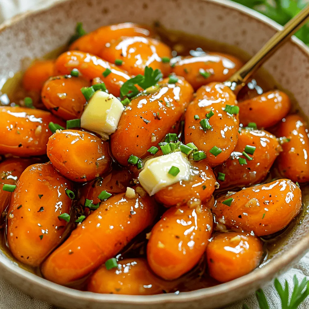 To make honey garlic butter carrots, gather these simple items: - 1 lb baby carrots, peeled - 2 tablespoons unsalted butter - 3 tablespoons honey - 3 cloves garlic, minced - 1 tablespoon soy sauce (or tamari for gluten-free) - Salt and pepper to taste - Fresh parsley or chives, chopped, for garnish These ingredients blend together to create a sweet and savory dish that pleases everyone. You can swap out some ingredients if needed: - Use olive oil instead of butter for a dairy-free option. - Maple syrup can replace honey for a vegan choice. - Garlic powder works if you don’t have fresh garlic. - Coconut aminos can stand in for soy sauce. These substitutes keep the flavor strong while meeting your dietary needs. Each ingredient in this dish brings its own health perks: - Carrots: Rich in vitamins A and K, great for your eyes and skin. - Butter: Provides healthy fats that support brain health. - Honey: Natural sweetener with antioxidants that may boost health. - Garlic: Known for its immune benefits and heart health support. - Soy Sauce: Adds umami flavor while packing protein and minerals. - Parsley: Loaded with vitamins C and K, it helps with digestion. Including these ingredients not only enhances taste but also boosts nutrition in your meals. To make honey garlic butter carrots, follow these simple steps: 1. Prep the Carrots: Wash and peel the baby carrots. This step brings out their natural sweetness. 2. Melt the Butter: Heat a large skillet over medium heat. Add the unsalted butter and let it melt completely. This creates a rich base for your sauce. 3. Sauté the Garlic: Add minced garlic to the melted butter. Stir for about one minute until it smells fragrant. Be careful not to brown the garlic. 4. Add Honey and Soy Sauce: Pour in the honey and soy sauce. Stir well to mix everything into a smooth sauce. 5. Coat the Carrots: Add the peeled baby carrots to the skillet. Toss them gently in the sauce until well coated. 6. Steam the Carrots: Cover the skillet with a lid. Let the carrots steam for 5-7 minutes. Check if they are tender but still crisp. 7. Finish Cooking: Remove the lid and season with salt and pepper. Cook for another 2-3 minutes to let the sauce thicken. 8. Prepare for Serving: Take the skillet off the heat. Transfer the glazed carrots to a serving dish, ensuring they are covered in sauce. 9. Garnish: Sprinkle fresh chopped parsley or chives on top for a pop of color and flavor. - Choose Fresh Carrots: Select vibrant, firm baby carrots for the best taste. - Adjust Cooking Time: If you prefer softer carrots, steam them a little longer. Just keep an eye on them to maintain some crunch. - Taste as You Go: Always taste and adjust the seasoning. A little extra salt or pepper can enhance the flavor. A visual guide can help you master these steps. Watch videos that show how to sauté garlic without burning it. Look for clips that demonstrate how to coat carrots evenly in sauce. These resources can enhance your cooking skills and boost your confidence in the kitchen. For a complete guide, check out the Full Recipe. To make honey garlic butter carrots pop, think about adding fresh herbs. You can use thyme or rosemary for a nice herbal note. A splash of lemon juice at the end brightens the dish too. Experiment with spices like paprika or a hint of chili for warmth. Peel and wash the carrots ahead of time. You can do this the night before. If you choose baby carrots, skip peeling. They save time and still taste great. Use a microwave to steam them quickly if you’re in a rush. Just toss them in a bowl with a little water and cover it. Don’t overcook the carrots. They should be tender but still have a slight crunch. If the garlic browns, it turns bitter. Keep an eye on it while cooking. Lastly, don’t skip seasoning. Salt and pepper bring out all the flavors. For the full recipe, check the honey garlic butter carrots section. {{image_4}} You can swap honey for other sweeteners. Maple syrup works well. Agave nectar is another option. Each sweetener brings its unique taste. You might find maple syrup adds a warm, earthy flavor. If you choose agave nectar, it will give a milder sweetness. Adjust the amount to your liking. Want to kick up your dish? Add in some herbs or spices. Fresh thyme or rosemary can enhance the taste. A pinch of red pepper flakes adds spice. You can also mix in a splash of lemon juice for brightness. Don’t forget toasted nuts for crunch! Pecans or walnuts pair nicely with the carrots. Making this dish vegan is simple. Swap butter for a plant-based alternative. Use coconut oil or vegan butter. For gluten-free options, ensure your soy sauce is gluten-free. Tamari is a great choice. The dish remains just as tasty with these swaps. You'll enjoy the same sweet and savory flavors! For the full recipe, check out the Honey Garlic Butter Carrots recipe above. Store your honey garlic butter carrots in an airtight container. This keeps them fresh and tasty. Let the carrots cool down before sealing them. Always refrigerate leftovers within two hours of cooking. You can layer the carrots with parchment paper to prevent sticking. Reheat your carrots gently to keep them tender. Use a microwave for quick reheating. Place the carrots in a microwave-safe dish, cover, and heat for about one minute. Stir halfway through to ensure even heating. You can also reheat them in a skillet on low heat. Add a bit of water to keep them moist while warming. When stored properly, honey garlic butter carrots last up to five days in the fridge. Check for any signs of spoilage before eating. If they look or smell off, it's best to throw them away. For longer storage, consider freezing them, but keep in mind they may lose some texture. Enjoy these delicious carrots again by following the full recipe! To make honey garlic butter carrots, gather your ingredients first. You need baby carrots, butter, honey, garlic, soy sauce, salt, and pepper. Start by washing and peeling the carrots. Melt the butter in a skillet over medium heat. Next, sauté minced garlic for about a minute. Then, mix in honey and soy sauce. Add the carrots and toss them in the sauce. Cover the skillet and steam for about five to seven minutes. Finally, season with salt and pepper, and garnish with parsley or chives. You can find the Full Recipe to guide you through each step. Yes, you can use other vegetables! Think about green beans, broccoli, or even sweet potatoes. Each vegetable will bring a new flavor and texture. Just keep in mind that cooking times may vary. For example, sweet potatoes take longer to cook than baby carrots. Adjust your steaming time so everything cooks evenly. Honey garlic butter carrots pair well with many dishes. Serve them alongside roasted chicken or grilled fish for a balanced meal. They also complement rice or quinoa nicely. For a hearty option, try them with a beef or pork roast. Adding a fresh salad can brighten up your plate too. Mix and match to find your favorite combinations! This blog covers how to make honey garlic butter carrots. We discussed the key ingredients and their health benefits. I shared step-by-step cooking tips and how to enhance their flavor. To save time, I provided quick prep tricks and discussed common mistakes to avoid. We also explored variations with sweeteners and add-ins, plus storage tips for leftovers. Now, you can create tasty carrots that impress everyone. Enjoy cooking and experimenting in the kitchen!