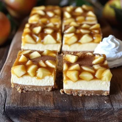 To make these delightful bars, gather the following ingredients: - 1 1/2 cups graham cracker crumbs - 1/4 cup granulated sugar - 1/2 cup unsalted butter, melted - 2 (8 oz) packages cream cheese, softened - 1 cup brown sugar, packed - 1 teaspoon vanilla extract - 2 large eggs, at room temperature - 2 cups diced apples (Granny Smith work best) - 1 teaspoon ground cinnamon - 1/2 cup caramel sauce - Whipped cream for serving (optional) - Additional caramel sauce for drizzling (optional) These ingredients create a sweet and creamy treat with a lovely apple flavor. You can swap some ingredients if needed. Here are a few ideas: - Use digestive biscuits instead of graham crackers for the crust. - Coconut sugar can replace brown sugar for a different taste. - Any tart apple variety, like Honeycrisp or Fuji, can work too. - Greek yogurt can substitute cream cheese for a lighter twist. These substitutions keep the recipe tasty and fun. You can choose to make your own caramel sauce or buy it. - Making homemade caramel gives you control over the flavor. It's fun, but it takes time. - Store-bought caramel sauce saves time and still tastes great. I often go for the store-bought option for quick treats, but homemade is a special touch. For the best results, follow the [Full Recipe]. To start, preheat your oven to 325°F (160°C). Grab an 8x8 inch baking pan and grease it with non-stick spray. Line the pan with parchment paper, leaving some overhang. This helps you lift the bars out later. In a medium bowl, mix together the graham cracker crumbs, granulated sugar, and melted butter. Stir until it looks like wet sand. Press this mixture firmly into the bottom of your pan to form the crust. Bake for 10 minutes. Let it cool slightly before adding the filling. In a large bowl, use an electric mixer to beat the softened cream cheese and brown sugar together. Mix until smooth and creamy. Add the vanilla extract and blend until combined. Now, crack the eggs into the bowl one at a time. Mix well after each addition. Your batter should be silky and well-mixed. Next, gently fold in the diced apples and ground cinnamon using a spatula. Make sure the apples are evenly spread throughout the cream cheese mixture. Be careful not to overmix. Pour the cheesecake mixture over your cooled crust. Spread it out evenly. Drizzle half of the caramel sauce on top. Use a butter knife to swirl the caramel into the cheesecake, creating a nice marbled effect. Bake in the preheated oven for 30-35 minutes. The center should be set but still jiggle slightly. Once it's done, remove it from the oven and let it cool to room temperature. After it cools, cover the pan with plastic wrap and refrigerate for at least 4 hours, or overnight. This helps the bars firm up nicely. When you're ready to serve, lift the bars out of the pan using the parchment paper. Cut into squares. Drizzle with the remaining caramel sauce and add whipped cream if you like. For the full recipe, refer to the section above. To get a smooth and creamy cheesecake filling, start with softened cream cheese. If it's cold, your filling will be lumpy. Use a mixer to blend the cream cheese and sugar until there are no lumps. Mix on medium speed for a few minutes. The longer you mix, the creamier it gets. Also, add eggs one at a time. This helps keep the texture smooth. Ovens can heat differently. Always check your cheesecake bars a few minutes early. If your oven runs hot, they may bake faster. Look for a gentle jiggle in the center. If it looks too soft, bake for a few more minutes. Keep an eye on them to ensure they don't overbake. Overbaking can lead to cracks. Presentation makes a big difference! Serve the bars on a lovely platter. Add sliced apples and a sprinkle of cinnamon for color. Drizzle extra caramel sauce on top for a sweet touch. You can also add whipped cream for a creamy finish. These small details make your treat look gourmet. For the full recipe, check out the earlier section. {{image_4}} Choosing the right apple makes a big difference. I love using Granny Smith apples for their tartness. They balance the sweet caramel and rich cheesecake well. Other great options include Honeycrisp, Fuji, or Braeburn. Honeycrisp adds a sweet crunch, while Fuji offers a sweet, juicy bite. Braeburn apples give a nice balance of sweet and tart. Feel free to mix different types for more depth in flavor. If you need a gluten-free crust, swap graham cracker crumbs for gluten-free cookies. Almond flour is another great choice. Just mix it with sugar and melted butter. Press it into the pan to form a crust. This keeps the bars delicious and safe for those with gluten sensitivities. Add-ins can elevate your bars even more. Consider mixing in chopped nuts like walnuts or pecans for crunch. You can also stir in dried cranberries or raisins for a chewy texture. For toppings, drizzle with extra caramel sauce or a sprinkle of sea salt. Whipped cream adds a lovely touch, too. Each of these options makes your caramel apple cheesecake bars unique and fun to enjoy. For the full recipe, check the details above. To keep your caramel apple cheesecake bars fresh, store them in the fridge. Use an airtight container to seal in the flavor. If you have leftovers, add a layer of plastic wrap before closing the container. This helps prevent the bars from drying out. Make sure they are completely cool before you store them. When stored properly, the bars will stay fresh for about five days in the fridge. You can enjoy them cold straight from the fridge. They taste great chilled, but you can warm them slightly in the microwave for a cozy treat. This adds a nice touch to the caramel flavor. If you want to keep the bars for a longer time, freezing is a great option. Cut the bars into squares before freezing. Wrap each piece tightly in plastic wrap. Then place them in a freezer-safe bag or container. They can last for up to three months in the freezer. When you're ready to enjoy them, simply thaw them overnight in the fridge. For best results, let them come to room temperature before serving. Enjoy your homemade treat! For the full recipe, refer to the earlier section. The best apples for this recipe are Granny Smith. They are tart and firm. This helps balance the sweetness of the caramel and cheesecake. Their crisp texture holds up well when baked. If you want a sweeter flavor, you can mix in some Honeycrisp apples too. This adds a nice depth to your bars. Yes, you can make these bars ahead of time. They taste even better after chilling overnight. This allows the flavors to blend beautifully. Just follow the recipe and refrigerate them after baking. You can store them for up to five days in the fridge. This makes them perfect for parties or holiday gatherings. You can customize the caramel sauce easily. Try adding a pinch of sea salt for a salted caramel twist. You can also mix in spices like cinnamon or nutmeg. For a richer taste, use dark brown sugar instead of light. If you want a fun twist, add a splash of bourbon or rum. This gives your bars a unique flavor profile that will impress everyone. For the complete recipe, check out the [Full Recipe]. You learned how to make Caramel Apple Cheesecake Bars, a tasty treat. We covered the key ingredients and substitutions that fit your needs. I showed you how to prepare the crust and cream cheese filling. You now know baking tips for perfect results and creative serving ideas. Remember, you can mix things up with different apples and flavors. Store leftovers properly, so they stay fresh. Enjoy making these bars and share them with friends or family!