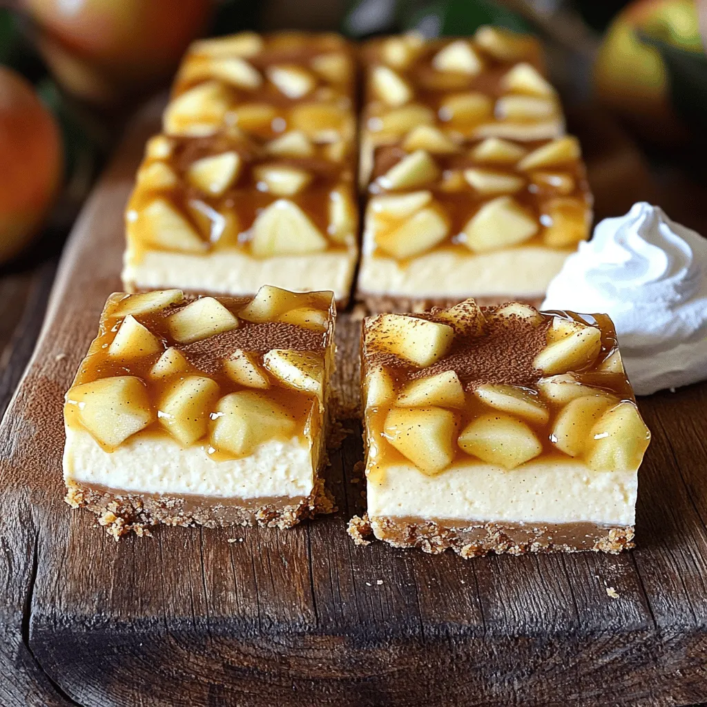 To make these delightful bars, gather the following ingredients: - 1 1/2 cups graham cracker crumbs - 1/4 cup granulated sugar - 1/2 cup unsalted butter, melted - 2 (8 oz) packages cream cheese, softened - 1 cup brown sugar, packed - 1 teaspoon vanilla extract - 2 large eggs, at room temperature - 2 cups diced apples (Granny Smith work best) - 1 teaspoon ground cinnamon - 1/2 cup caramel sauce - Whipped cream for serving (optional) - Additional caramel sauce for drizzling (optional) These ingredients create a sweet and creamy treat with a lovely apple flavor. You can swap some ingredients if needed. Here are a few ideas: - Use digestive biscuits instead of graham crackers for the crust. - Coconut sugar can replace brown sugar for a different taste. - Any tart apple variety, like Honeycrisp or Fuji, can work too. - Greek yogurt can substitute cream cheese for a lighter twist. These substitutions keep the recipe tasty and fun. You can choose to make your own caramel sauce or buy it. - Making homemade caramel gives you control over the flavor. It's fun, but it takes time. - Store-bought caramel sauce saves time and still tastes great. I often go for the store-bought option for quick treats, but homemade is a special touch. For the best results, follow the [Full Recipe]. To start, preheat your oven to 325°F (160°C). Grab an 8x8 inch baking pan and grease it with non-stick spray. Line the pan with parchment paper, leaving some overhang. This helps you lift the bars out later. In a medium bowl, mix together the graham cracker crumbs, granulated sugar, and melted butter. Stir until it looks like wet sand. Press this mixture firmly into the bottom of your pan to form the crust. Bake for 10 minutes. Let it cool slightly before adding the filling. In a large bowl, use an electric mixer to beat the softened cream cheese and brown sugar together. Mix until smooth and creamy. Add the vanilla extract and blend until combined. Now, crack the eggs into the bowl one at a time. Mix well after each addition. Your batter should be silky and well-mixed. Next, gently fold in the diced apples and ground cinnamon using a spatula. Make sure the apples are evenly spread throughout the cream cheese mixture. Be careful not to overmix. Pour the cheesecake mixture over your cooled crust. Spread it out evenly. Drizzle half of the caramel sauce on top. Use a butter knife to swirl the caramel into the cheesecake, creating a nice marbled effect. Bake in the preheated oven for 30-35 minutes. The center should be set but still jiggle slightly. Once it's done, remove it from the oven and let it cool to room temperature. After it cools, cover the pan with plastic wrap and refrigerate for at least 4 hours, or overnight. This helps the bars firm up nicely. When you're ready to serve, lift the bars out of the pan using the parchment paper. Cut into squares. Drizzle with the remaining caramel sauce and add whipped cream if you like. For the full recipe, refer to the section above. To get a smooth and creamy cheesecake filling, start with softened cream cheese. If it's cold, your filling will be lumpy. Use a mixer to blend the cream cheese and sugar until there are no lumps. Mix on medium speed for a few minutes. The longer you mix, the creamier it gets. Also, add eggs one at a time. This helps keep the texture smooth. Ovens can heat differently. Always check your cheesecake bars a few minutes early. If your oven runs hot, they may bake faster. Look for a gentle jiggle in the center. If it looks too soft, bake for a few more minutes. Keep an eye on them to ensure they don't overbake. Overbaking can lead to cracks. Presentation makes a big difference! Serve the bars on a lovely platter. Add sliced apples and a sprinkle of cinnamon for color. Drizzle extra caramel sauce on top for a sweet touch. You can also add whipped cream for a creamy finish. These small details make your treat look gourmet. For the full recipe, check out the earlier section. {{image_4}} Choosing the right apple makes a big difference. I love using Granny Smith apples for their tartness. They balance the sweet caramel and rich cheesecake well. Other great options include Honeycrisp, Fuji, or Braeburn. Honeycrisp adds a sweet crunch, while Fuji offers a sweet, juicy bite. Braeburn apples give a nice balance of sweet and tart. Feel free to mix different types for more depth in flavor. If you need a gluten-free crust, swap graham cracker crumbs for gluten-free cookies. Almond flour is another great choice. Just mix it with sugar and melted butter. Press it into the pan to form a crust. This keeps the bars delicious and safe for those with gluten sensitivities. Add-ins can elevate your bars even more. Consider mixing in chopped nuts like walnuts or pecans for crunch. You can also stir in dried cranberries or raisins for a chewy texture. For toppings, drizzle with extra caramel sauce or a sprinkle of sea salt. Whipped cream adds a lovely touch, too. Each of these options makes your caramel apple cheesecake bars unique and fun to enjoy. For the full recipe, check the details above. To keep your caramel apple cheesecake bars fresh, store them in the fridge. Use an airtight container to seal in the flavor. If you have leftovers, add a layer of plastic wrap before closing the container. This helps prevent the bars from drying out. Make sure they are completely cool before you store them. When stored properly, the bars will stay fresh for about five days in the fridge. You can enjoy them cold straight from the fridge. They taste great chilled, but you can warm them slightly in the microwave for a cozy treat. This adds a nice touch to the caramel flavor. If you want to keep the bars for a longer time, freezing is a great option. Cut the bars into squares before freezing. Wrap each piece tightly in plastic wrap. Then place them in a freezer-safe bag or container. They can last for up to three months in the freezer. When you're ready to enjoy them, simply thaw them overnight in the fridge. For best results, let them come to room temperature before serving. Enjoy your homemade treat! For the full recipe, refer to the earlier section. The best apples for this recipe are Granny Smith. They are tart and firm. This helps balance the sweetness of the caramel and cheesecake. Their crisp texture holds up well when baked. If you want a sweeter flavor, you can mix in some Honeycrisp apples too. This adds a nice depth to your bars. Yes, you can make these bars ahead of time. They taste even better after chilling overnight. This allows the flavors to blend beautifully. Just follow the recipe and refrigerate them after baking. You can store them for up to five days in the fridge. This makes them perfect for parties or holiday gatherings. You can customize the caramel sauce easily. Try adding a pinch of sea salt for a salted caramel twist. You can also mix in spices like cinnamon or nutmeg. For a richer taste, use dark brown sugar instead of light. If you want a fun twist, add a splash of bourbon or rum. This gives your bars a unique flavor profile that will impress everyone. For the complete recipe, check out the [Full Recipe]. You learned how to make Caramel Apple Cheesecake Bars, a tasty treat. We covered the key ingredients and substitutions that fit your needs. I showed you how to prepare the crust and cream cheese filling. You now know baking tips for perfect results and creative serving ideas. Remember, you can mix things up with different apples and flavors. Store leftovers properly, so they stay fresh. Enjoy making these bars and share them with friends or family!
