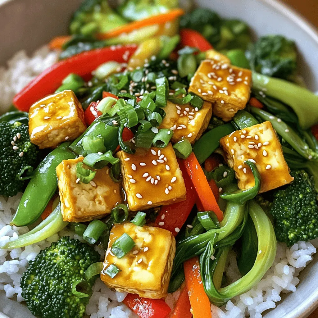 - 1 block (14 oz) firm tofu - 2 tablespoons toasted sesame oil - 3 tablespoons low-sodium soy sauce - 1 tablespoon hoisin sauce - 1 red bell pepper - 1 cup broccoli florets - 1 cup snap peas - 2 cloves fresh garlic - 1-inch piece fresh ginger - 1 tablespoon rice vinegar The main components of this stir-fry start with firm tofu. Tofu adds protein and texture. I recommend using a 14 oz block, as it holds up well during cooking. Next, toasted sesame oil brings a rich, nutty flavor. You’ll need two tablespoons. For the sauce, low-sodium soy sauce and hoisin sauce create a balance of salty and sweet. Use three tablespoons of soy sauce and one tablespoon of hoisin sauce. Now, let's talk about the vegetables. A red bell pepper adds a sweet crunch. Broccoli florets give a lovely green color and health benefits. Snap peas add a fresh, crisp bite. Together, these veggies create a beautiful and tasty dish. Finally, we have the flavor enhancers. Fresh garlic provides a strong aroma. You’ll need two cloves, minced. Fresh ginger adds warmth and spice, and one inch is perfect. Rice vinegar gives a tangy finish, so add one tablespoon for that extra zing. You can find the full recipe for more details on preparing this vibrant dish. Start by cutting the pressed tofu into bite-sized cubes. This helps the tofu cook evenly and absorb flavor. Next, toss the cubes with cornstarch. This coating gives the tofu a crispy texture when cooked. Make sure each piece is well covered. Heat two tablespoons of toasted sesame oil in a skillet over medium-high heat. Once the oil is hot, carefully add the tofu cubes. Fry them for about 8-10 minutes until they turn golden and crispy on all sides. This step is crucial for flavor. Remove the tofu from the skillet and set it aside on a plate. In the same skillet, add the minced garlic and finely grated ginger. Sauté for about 30 seconds. This brings out the fragrant oils in the garlic and ginger without burning them. Now it’s time to add your colorful veggies. Toss in the julienned bell pepper, bite-sized broccoli florets, trimmed snap peas, and sliced carrot. Stir-fry these for about 4-5 minutes. You want them to stay crisp and bright. Near the end, add chopped bok choy and stir-fry for another 2 minutes. The bok choy will wilt slightly while keeping its vibrant color. For the full recipe, check the details above. Enjoy making this dish! Pressing tofu is key for a great stir-fry. It removes extra water. This step helps the tofu get crispy when you fry it. To press tofu, wrap it in a clean towel. Place a heavy object on top for about 15-30 minutes. This way, your tofu will absorb flavors better. Fry the tofu for about 8-10 minutes. You want it golden and crispy on all sides. This gives it a nice texture. Make sure you do not rush this step. Crispiness enhances the dish. Use simple seasonings to boost flavor. Start with soy sauce and hoisin sauce. You can adjust these based on your taste. If you like heat, add chili flakes. Start with a pinch to avoid overpowering the dish. You can always add more later. Another way to enhance flavors is with fresh herbs. Adding basil or cilantro at the end gives a fresh kick. You can also try a splash of lime juice for brightness. Serve the stir-fry in colorful bowls. Place it over fluffy jasmine rice or protein-rich quinoa. This makes the meal look inviting. Garnish with sesame seeds for crunch. You can also sprinkle chopped green onions on top. This adds a pop of color and flavor. For a nice touch, use vibrant plates. A good presentation makes the meal feel special. Your family and friends will appreciate the extra effort. Check the [Full Recipe] for more details on making this dish. {{image_4}} You can mix up the protein in your stir-fry. Tempeh and seitan work well. Both can soak up flavors nicely. Tempeh has a nutty taste, while seitan offers a meaty texture. You can also add legumes like chickpeas or black beans. They boost protein and add a hearty feel. Feel free to swap in other vegetables. Bell peppers, zucchini, or even asparagus shine in stir-fries. Each gives a different taste and look. You can also play with seasonings. Try adding curry powder for an Indian twist or chili sauce for a kick. Each change can make your dish unique. Sauce choices can change the whole dish. Instead of soy sauce, consider using teriyaki or peanut sauce. They bring new flavors. You can also mix in nut or seed butters for creaminess. Almond butter or tahini adds richness that pairs well with veggies. Try these ideas to make your stir-fry even better. For the full recipe, check here. To keep your vegetable stir-fry with tofu fresh, refrigerate it right away. Place any leftovers in an airtight container. This helps keep flavors strong and veggies crisp. Cool the stir-fry for about 30 minutes before sealing it up. Store it in the fridge for up to three days. For cooked tofu and veggies, you can store them together. Just make sure they cool first. If you have extra sauce, store it separately. This prevents the stir-fry from becoming too soggy. When you want to enjoy leftovers, avoid the microwave if possible. It can make the tofu soft and the veggies mushy. Instead, use a skillet. Heat a little oil over medium heat. Add your stir-fry and stir it gently for about five minutes. This keeps the texture nice. If you must use the microwave, cover your dish with a damp paper towel. This helps retain moisture and keeps the stir-fry from drying out. Heat it in short intervals, stirring in between. You can freeze your stir-fry for meal prep. Just let it cool completely. Transfer it to freezer-safe bags or containers. Try to remove as much air as possible. This helps prevent freezer burn. Your stir-fry can last for up to three months in the freezer. When you’re ready to eat it, thaw it in the fridge overnight. For quick thawing, you can use a microwave on the defrost setting. After thawing, reheat it in a skillet to regain that fresh stir-fry texture. For the full recipe, check out the complete guide to making this colorful dish! Yes, you can. Prepping ingredients in advance saves time. Chop the vegetables and press the tofu a day before. Store them in airtight containers in the fridge. This way, you only need to cook when you are ready to eat. Keep the sauce separate until you stir-fry. This helps keep your veggies crisp. If you don’t like tofu, don’t worry! You can use tempeh or seitan instead. Both provide great texture and protein. You can also add beans like chickpeas or black beans for a hearty twist. These options keep the meal tasty and filling. You can store leftovers in the fridge for about 3 to 4 days. Keep them in a sealed container to maintain freshness. If you want to keep it longer, consider freezing it. Frozen stir-fry can last up to 3 months. Just thaw it in the fridge before reheating. Absolutely! This stir-fry is perfect for meal prep. Make a big batch and divide it into portions. You can enjoy it throughout the week. Pair it with rice or quinoa for a well-rounded meal. This is a great way to plan healthy lunches or dinners ahead of time. Check out the Full Recipe for detailed steps! This blog post covered a delicious stir-fry recipe packed with protein and veggies. You learned about the main ingredients, the step-by-step cooking process, and useful tips for the best results. Remember, you can swap out ingredients for variety and store leftovers properly. Cooking should be fun and flexible. Enjoy making this dish your own, and feel proud of each bite you create. Celebrate the joy of good food with every stir-fry you whip up!