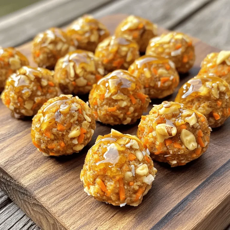 - 1 cup rolled oats - 1 cup almond flour - 1/2 cup finely grated carrots These main ingredients form the base of your energy bites. Rolled oats give texture and fiber. Almond flour adds a nutty flavor and healthy fats. Finely grated carrots bring sweetness and moisture. - 1/4 cup honey or pure maple syrup - 1/4 cup unsweetened shredded coconut - 1/4 cup chopped walnuts (optional) - 1/4 cup raisins For sweetness, you can use honey or maple syrup. Shredded coconut adds a tropical flair. If you like a crunch, add walnuts. Raisins bring a chewy texture and extra sweetness. - 1/2 teaspoon ground cinnamon - 1/4 teaspoon ground nutmeg - 1/4 teaspoon ground allspice - A pinch of sea salt The spices make these bites pop with flavor. Cinnamon offers warmth, while nutmeg and allspice give depth. A pinch of sea salt balances the sweetness. This recipe is easy to follow. You can find the full recipe above. Enjoy your tasty and healthy snack! - In a large mixing bowl, combine: - 1 cup rolled oats - 1 cup almond flour - 1/2 cup finely grated carrots - 1/4 cup unsweetened shredded coconut - A pinch of sea salt Use a wooden spoon to mix until all dry ingredients blend well. - In a separate bowl, whisk together: - 1/4 cup honey or pure maple syrup - 1/2 teaspoon ground cinnamon - 1/4 teaspoon ground nutmeg - 1/4 teaspoon ground allspice Make sure this mixture is smooth with no lumps. - Pour the wet mixture into the bowl with dry ingredients. - If you want, add: - 1/4 cup chopped walnuts - 1/4 cup raisins Stir everything together until the mixture is sticky and evenly mixed. - With clean hands, take small bits of the mixture. - Roll them into bite-sized balls, about 1 inch wide. This will make around 15 bites. - Line a baking sheet with parchment paper. Place the energy bites on it, leaving space between them. - Refrigerate for 30 minutes to let them set. Once they firm up, you can enjoy your tasty and healthy snack anytime! For the full recipe, you can refer to the recipe section above. Mixing your ingredients right is key for tasty energy bites. Start by blending the dry items well. This includes the rolled oats, almond flour, and shredded coconut. Make sure there are no clumps. Then, whisk the wet ingredients in a separate bowl. This helps to combine the honey or maple syrup with spices smoothly. When you add the wet mix to the dry one, stir until it feels sticky. If it's too dry, add a bit more honey or syrup. The right texture should be moldable but not too wet. To keep your energy bites fresh, store them in an airtight container. This prevents them from drying out. Place them in the fridge for the best taste. They can last up to one week when stored this way. If you want to keep them longer, try freezing them. Just make sure to wrap each bite tightly to avoid freezer burn. Presentation adds fun to your snacks! When serving your energy bites, use a decorative plate. This makes them look inviting. You can sprinkle shredded coconut or chopped walnuts around them for extra flair. It creates a lovely display that tempts anyone to try them. Remember, we eat with our eyes first! {{image_4}} To make your carrot cake energy bites even more fun, you can add chocolate chips. This sweet twist gives a delightful surprise in every bite. You might also try different nuts or seeds. Pecans or sunflower seeds can add nice crunch and flavor. If you need a gluten-free option, you can swap almond flour for gluten-free flour. This small change keeps the taste and texture great. For a vegan version, use maple syrup instead of honey. Both options keep your bites tasty and suitable for everyone. You can also change the spices based on the season. In winter, add more cinnamon for warmth. In spring, try fresh herbs like mint for a light touch. If you want a fall flavor, mix in pumpkin puree. It gives a lovely color and taste to your bites. Feel free to explore these variations to make the recipe your own. For the full recipe, check out the details above! To keep your carrot cake energy bites fresh, refrigerate them right after making them. Place them in an airtight container. This keeps moisture in and air out. You can enjoy them for up to a week. If you want to store them for longer, freezing is a great option. Just place your bites in a freezer-safe bag or container. They can last for about three months in the freezer. When you're ready to eat, thaw them in the fridge overnight. Carrot cake energy bites stay fresh for about a week in the fridge. If you freeze them, they last up to three months. Signs that your energy bites have gone bad include a change in smell or a slimy texture. If they look or smell off, it's best to throw them away. Always trust your senses to keep your snacks safe. For snacking, a suggested serving size is about two bites. This gives you a good energy boost without overindulging. Portion control helps you enjoy treats while keeping a balanced diet. These energy bites offer healthy fats, fiber, and natural sugars. Eating in moderation helps maintain your energy levels throughout the day. Yes, you can substitute oat flour for almond flour. Oat flour gives a different texture, but it works well. You may need to adjust the liquid in the recipe. Oat flour is gluten-free, making it a great option for those with gluten issues. If you use oat flour, the bites may be softer. Each energy bite has about 90 calories. This can vary based on the exact ingredients you use. For example, adding more nuts or sweetener will increase the calorie count. These bites are a great snack that gives you energy without too many calories. They are a healthy option for a quick treat. Yes, you can make these bites nut-free. Just leave out the almond flour and optional walnuts. You can replace almond flour with sunflower seed flour or pumpkin seed flour. These options provide great texture and flavor. Remember to check for nut allergies when sharing these bites! Carrot cake energy bites are simple and tasty. We covered the key ingredients like oats, almond flour, and carrots. You learned how to mix and form these bites, plus great tips on storage. Don’t forget to add your favorite twists, like chocolate chips or spices! These bites are not just fun to make; they are a healthy snack too. Enjoy your tasty creations and feel good about your healthy choices!