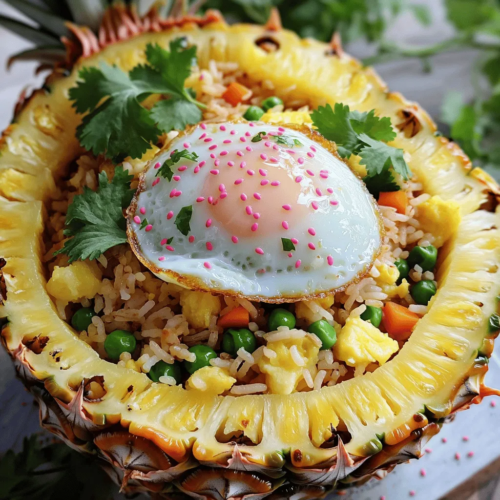 To make pineapple fried rice, you need a few key ingredients: - 2 cups cooked jasmine rice (preferably day-old) - 1 cup fresh pineapple, diced - 1/2 cup peas (fresh or frozen) - 1/2 cup carrots, finely diced - 1/2 bell pepper (any color), diced - 2 green onions, sliced - 3 cloves garlic, finely minced - 2 tablespoons soy sauce - 1 tablespoon sesame oil - 1 tablespoon olive oil - 1 teaspoon fresh ginger, grated - Salt and pepper, to taste - Fresh cilantro leaves, for garnish These ingredients create a vibrant mix of flavors and textures. The rice acts as a base, while the pineapple adds sweetness. The vegetables give crunch and color. You can make this dish your own by adding optional ingredients: - Fried egg (for topping) - Cashews or peanuts (for crunch) - Bell peppers (for more color) - Shrimp or chicken (for protein) - Red pepper flakes (for spice) Feel free to mix and match based on your taste. This flexibility makes the recipe fun and personal. I always prefer fresh pineapple for this dish. Fresh pineapple has a bright, juicy taste. It caramelizes well and adds a lovely sweetness. Canned pineapple works too if you are in a rush. Just make sure to drain it well. Canned pineapple can be sweeter, so adjust your soy sauce to balance the flavors. For the full recipe, check out the Tropical Pineapple Fried Rice section. Enjoy the process as you create this tropical delight! Start by gathering your ingredients. You need: - 2 cups cooked jasmine rice (preferably day-old) - 1 cup fresh pineapple, diced - 1/2 cup peas (fresh or frozen) - 1/2 cup carrots, finely diced - 1/2 bell pepper (any color), diced - 2 green onions, sliced - 3 cloves garlic, finely minced - 2 tablespoons soy sauce - 1 tablespoon sesame oil - 1 tablespoon olive oil - 1 teaspoon fresh ginger, grated - Salt and pepper, to taste - Fresh cilantro leaves, for garnish - Optional: fried egg, for topping Prep all your ingredients before cooking. Dice the pineapple and vegetables. Mince the garlic and ginger. This makes cooking smooth and easy. In a large skillet or wok, heat the olive oil over medium-high heat. Wait until the oil shimmers but doesn’t smoke. Add the minced garlic and grated ginger. Stir for about 30 seconds until they smell amazing and turn golden. Next, toss in the diced carrots, bell pepper, and peas. Stir-fry for 3 to 4 minutes. The veggies should soften but still have some crunch. Now, add the diced pineapple. Cook for another 2 minutes to caramelize it a bit. This brings out the pineapple's natural sweetness. Now, it’s time for the rice! Add the day-old jasmine rice to the pan. Break up any clumps with a spatula. Mix the rice with the veggies and pineapple well. Next, drizzle in the soy sauce and sesame oil. Toss everything together to coat. Season with salt and pepper to taste. Cook for another 2 to 3 minutes until everything is hot. Just before you finish, stir in the chopped green onions. They add a fresh crunch. Transfer your tropical pineapple fried rice to plates and garnish with cilantro. If you want to indulge, top each serving with a fried egg. When you cut into the egg, it adds a creamy richness. Enjoy this vibrant and tasty dish! I recommend using jasmine rice for your pineapple fried rice. It's light and fragrant. Day-old rice works best. Freshly cooked rice can be too moist. The grains of day-old rice are firmer and less sticky. This helps create a great texture. To boost flavor, use fresh ingredients. Fresh pineapple adds sweetness and juiciness. Use garlic and ginger for a fragrant base. Don’t skip the soy sauce; it adds depth to the dish. Mix all ingredients well to coat the rice evenly. This ensures each bite is packed with flavor. To keep your fried rice from getting soggy, use less oil. Too much oil can make the rice greasy. Make sure to stir-fry on high heat. This helps evaporate excess moisture. If your rice clumps, break it apart gently. You want each grain to shine in your dish. For the full recipe, follow the steps above and enjoy a delightful meal! {{image_4}} I love making vegetarian pineapple fried rice. It’s colorful and packed with flavor. You can use the same base recipe, swapping out the protein for more veggies. Add mushrooms, zucchini, or even corn. Fresh herbs like basil or mint can bring a bright touch. You still get that sweet and savory mix with the pineapple. It’s a great way to enjoy a filling meal without meat. Plus, it’s perfect for any occasion. If you want a heartier dish, add protein! Chicken, shrimp, or tofu work great in this recipe. For chicken, cut it into small pieces. Sauté it until golden before adding the garlic and ginger. For shrimp, toss them in right after the garlic. They cook quickly and add a nice touch. Tofu is a fantastic option too. Use firm tofu and fry it for a crispy bite. Each protein brings a unique taste that complements the pineapple. If you like heat, make a spicy version of pineapple fried rice. A sprinkle of red pepper flakes can do wonders. Start with a small amount and taste as you go. You can mix the flakes in with the garlic. This allows the spice to infuse into the oil. You can also add fresh chili peppers if you want a fresh kick. The heat will balance the sweetness of the pineapple, creating a delicious contrast. Try these variations to make pineapple fried rice your own. Each twist adds a new layer of flavor, making every bite exciting. For the complete recipe, check out the Full Recipe section. To keep your pineapple fried rice fresh, let it cool down first. Then, place it in an airtight container. Make sure to store it in the fridge. Proper storage helps maintain its flavor and texture. You can enjoy it within 3 to 4 days. When reheating, add a splash of water or broth. This addition helps steam the rice. Use a microwave or a skillet. If using a skillet, heat it on medium. Stir the rice often for even heating. This method keeps the rice moist and tasty. You can freeze pineapple fried rice for up to 3 months. Use a freezer-safe container or bag. Make sure to squeeze out excess air before sealing. To thaw, place it in the fridge overnight. Reheat it in a skillet for the best flavor. This method ensures your tropical delight stays delicious. For the Full Recipe, check out the detailed cooking steps. Pineapple fried rice stays good in the fridge for about 3 to 4 days. Store it in an airtight container. This helps keep it fresh and tasty. Always reheat it well before eating to enjoy its flavors again. Yes, you can use different types of rice. Jasmine rice works best for its aroma and texture. However, you can also try basmati or brown rice. Just make sure the rice is cooked and cooled before using it in the dish. Pineapple fried rice pairs well with many side dishes. Here are a few ideas: - Spring rolls - Thai salad - Grilled chicken or shrimp - Fresh fruit salad These sides complement the sweet and savory flavors of the fried rice. Pineapple fried rice can be gluten-free. Just ensure you use gluten-free soy sauce. Most other ingredients are naturally gluten-free. Always check labels if you have strict dietary needs. Yes, you can make pineapple fried rice ahead of time. Prepare it and store it in the fridge. Just reheat it when you're ready to serve. This makes it a great option for meal prep or gatherings. For the full recipe, check the previous section. Making pineapple fried rice is easy and fun. This dish bursts with tropical flavors. It combines sweet pineapple with savory rice, making a perfect meal. You can use fresh or day-old rice. Day-old rice is best because it stays firm. This method keeps the dish from getting soggy. To start, here are the ingredients you need: - 2 cups cooked jasmine rice (preferably day-old) - 1 cup fresh pineapple, diced - 1/2 cup peas (fresh or frozen) - 1/2 cup carrots, finely diced - 1/2 bell pepper (any color), diced - 2 green onions, sliced - 3 cloves garlic, finely minced - 2 tablespoons soy sauce - 1 tablespoon sesame oil - 1 tablespoon olive oil - 1 teaspoon fresh ginger, grated - Salt and pepper, to taste - Fresh cilantro leaves, for garnish - Optional: fried egg, for topping Follow these steps to create this dish: 1. Prepare Ingredients: Start by prepping all ingredients. Dice the pineapple, carrots, and bell pepper. Mince the garlic and ginger. This helps your cooking process go smoothly. 2. Heat the Pan: Use a large skillet or wok. Add olive oil and heat over medium-high. Wait until the oil is shiny but not smoking. 3. Sauté Aromatics: Add minced garlic and grated ginger to the hot oil. Stir quickly for about 30 seconds. You want them to smell great and turn golden. 4. Add Vegetables: Stir in diced carrots, bell pepper, and peas. Cook for 3-4 minutes. The veggies should soften but still be crunchy. 5. Incorporate Pineapple: Toss in the diced pineapple. Cook for another 2 minutes. This caramelizes the pineapple and boosts its sweetness. 6. Stir in Rice: Add day-old jasmine rice to the pan. Break apart any clumps. Mix the rice with the veggies and pineapple evenly. 7. Season: Drizzle soy sauce and sesame oil over the rice. Toss everything to coat well. Season with salt and pepper as desired. Cook for another 2-3 minutes. 8. Finish with Green Onions: Just before turning off the heat, mix in the chopped green onions. They add a fresh crunch to your dish. 9. Serve: Place the tropical pineapple fried rice on plates. Garnish with fresh cilantro leaves. For a special touch, add a fried egg on top. The yolk will add richness when you cut into it. This dish is not only tasty but also healthy. It is rich in vitamins from the vegetables and the pineapple. Each serving offers a good balance of carbs and protein. The fried egg adds extra protein, making it filling. For an eye-catching presentation, serve the fried rice in a hollowed-out pineapple half. This makes your meal look festive and fun. You can also sprinkle toasted sesame seeds on top. This adds a nice crunch and enhances the flavor. Enjoy your tropical delight! Pineapple fried rice is a fun dish to make. We covered its key ingredients, tips for cooking, and possible variations. With fresh or canned pineapple, you can customize every plate. Remember, choosing the right rice keeps it fluffy. Don’t forget to store leftovers well for later. Try different proteins or spices to suit your taste. Enjoy the balance of sweet and savory flavors. Cooking should be enjoyable, so experiment and make it your own! Pineapple fried rice will impress your family and friends.