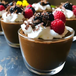 - 2 ripe avocados - 1/2 cup unsweetened cocoa powder - 1/2 cup maple syrup (or agave syrup for a milder sweetness) - 1/2 cup almond milk (or any plant-based milk of your choice) - 1 teaspoon pure vanilla extract - A pinch of sea salt - Optional toppings: coconut whipped cream, fresh berries (like raspberries or strawberries), finely shaved dark chocolate Health benefits of avocados Avocados are rich in healthy fats. They provide fiber, vitamins, and minerals. These nutrients help support heart health and digestion. Plus, they add a creamy texture to the mousse without dairy. Nutritional value of cocoa powder Cocoa powder is a powerful superfood. It is high in antioxidants, which fight free radicals. It also has magnesium, which supports muscle and nerve function. Plus, cocoa can help boost mood and energy levels. Benefits of using maple syrup Maple syrup is a natural sweetener. It has essential minerals like manganese and zinc. It offers a lower glycemic index than regular sugar. This means it can help maintain steady blood sugar levels. - First, cut the ripe avocados in half. - Carefully remove the pits. - Scoop out the creamy flesh and put it in your blender. - Next, add the unsweetened cocoa powder, maple syrup, almond milk, vanilla extract, and sea salt. - Blend on high speed until smooth and creamy. - If needed, pause to scrape down the sides of the blender. - Taste the mousse. Add more maple syrup for sweetness or more cocoa for a richer flavor. - Once it’s perfect, spoon the mousse into serving bowls or elegant glasses. - Cover the bowls and chill them in the fridge for at least 30 minutes. - This chilling time makes the mousse firmer and enhances flavors. - For a lovely presentation, serve in clear cups to show off the rich chocolate color. - Top with coconut whipped cream, fresh berries, or shaved dark chocolate for an eye-catching finish. - Arrange toppings artfully, like placing berries in a circle around the edge. To make your vegan chocolate avocado mousse perfect, start with ripe avocados. They need to be soft but not brown. Check for ripeness by gently pressing the skin. Adjust the sweetness by adding more maple syrup if needed. Start with the amount in the recipe. Taste and add more if you like it sweeter. You can also change the chocolate flavor by adding more cocoa powder. This will make it richer. For a creamy texture, blend well. Use a high-speed blender or food processor. Stop to scrape down the sides if needed. If the mousse is too thick, add a splash of almond milk. Blend again until smooth. Common mistakes include using unripe avocados or not blending enough. Avoid adding too much liquid at once. It can make the mousse runny. Serve your mousse chilled for the best taste. After blending, let it sit in the fridge for at least 30 minutes. This helps the flavors mix and makes it firmer. Pair your mousse with fresh berries like strawberries or raspberries. They add a nice tartness. Coconut whipped cream is another great topping that enhances the rich flavor. To make it kid-friendly, let them help with toppings. They can add berries or whipped cream. This makes it fun and engaging for them. Plus, they will love the taste! For the full recipe, check the section above. Enjoy creating this delicious dessert! {{image_4}} You can make this mousse even better with some fun flavor twists! Here are a few ideas: - Nut butter for richness: A spoonful of almond or peanut butter adds a creamy texture. It also gives a nutty flavor that pairs well with chocolate. Just blend it in with the other ingredients. - Spices like cinnamon or chili powder: A pinch of cinnamon gives a warm note. If you want a kick, try a small dash of chili powder. Both make the mousse unique and exciting. - Incorporating other fruits: You could blend in some banana or even a few strawberries. This adds natural sweetness and fresh flavor. Just remember to adjust the cocoa and sweetener as needed. This vegan chocolate avocado mousse is great for many diets. Here’s how to adapt it: - Making it gluten-free: All the main ingredients are already gluten-free. You can enjoy this mousse without worry! - Alternatives for nut allergies: Use sunflower seed butter instead of nut butter. You can also swap almond milk for oat or coconut milk. Both work well without nuts. - Vegan options for toppings: Top your mousse with coconut whipped cream or fresh fruit. You can also use dairy-free chocolate shavings for a tasty touch. For the full recipe, check out the details above. Enjoy experimenting with these variations! You can keep your vegan chocolate avocado mousse in the fridge for about 3 days. To keep it fresh, seal it tightly. Use plastic wrap or a lid to cover the bowl. This helps prevent air from making it brown. If you notice any browning, just stir it in before serving. Can you freeze chocolate avocado mousse? Yes, you can freeze it, but the texture may change. When you freeze it, store it in an airtight container. Make sure to leave some space at the top, as it will expand. To thaw and serve, move it to the fridge overnight. This way, it will melt slowly and keep its taste. Stir it well before serving to bring back its creamy texture. Enjoy your mousse even after freezing! For the full recipe, check out the [Full Recipe]. Is vegan chocolate avocado mousse healthy? Yes, vegan chocolate avocado mousse is healthy. It uses ripe avocados, cocoa powder, and maple syrup. Avocados provide healthy fats and fiber, while cocoa powder offers antioxidants. This dessert is lower in sugar than many traditional mousse recipes. Can I use other sweeteners? Absolutely! You can use other sweeteners like agave syrup or coconut sugar. Adjust the amount based on your taste. Each sweetener adds its own flavor, so feel free to experiment until you find your favorite. How do I know when the mousse is ready? The mousse is ready when it is smooth and creamy. After blending, taste it to check if the flavors are balanced. It should have a rich chocolate taste without any lumps. What to do if the mousse is too thick? If the mousse is too thick, add a splash of almond milk. Blend again until it reaches your desired consistency. This will help lighten the texture without losing the rich flavor. How to salvage if it tastes too bitter? If the mousse tastes too bitter, mix in more sweetener. Start with a small amount of maple syrup and blend again. This will help balance the chocolate flavor and make it more enjoyable. Can I make it in advance? Yes, you can make the mousse in advance. Store it in the fridge for up to three days. Just remember to cover it well to keep it fresh. Enjoy it chilled for the best texture and flavor. For the complete recipe, check out the Full Recipe section. This blog post covered everything you need to make delicious chocolate avocado mousse. We discussed the simple ingredients and their health benefits, plus step-by-step instructions for the perfect texture. You learned how to serve it and explore tasty variations. I shared tips to avoid common mistakes and gave storage advice. With these easy steps, you can impress anyone with a tasty, healthy dessert. Enjoy creating this mousse and feel good about what you make!