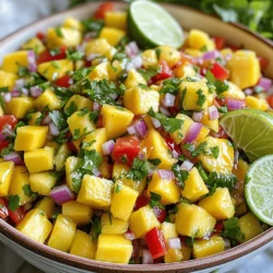 - Ripe mangoes - Red onion - Red bell pepper - Jalapeños - Fresh pineapple - Fresh cilantro - Lime juice - Honey or agave syrup - Salt and pepper Choosing the ripest mangoes: When selecting mangoes, look for ones that feel slightly soft. A ripe mango has a sweet aroma and vibrant color. Avoid any that are too hard or have dark spots. Importance of fresh ingredients: Fresh ingredients make a huge difference. They add bright flavors and crisp textures. Always use the freshest produce you can find. This choice enhances your salsa and makes it more enjoyable. Adjusting spice levels with jalapeños: Jalapeños can vary in heat. Start with one, then taste your salsa. You can always add more if you want extra spice. If you prefer less heat, remove the seeds and membranes from the jalapeños. This step helps control the heat level in your dish. For the complete preparation, check the Full Recipe. Start by preparing your ingredients. Dice the mangoes, red onion, red bell pepper, and fresh pineapple into small, uniform pieces. This step is key for even flavor. If the sizes are different, some bites will taste stronger than others. By keeping the pieces similar, you get a balanced taste in every scoop. Take a large mixing bowl and add the diced mangoes, red onion, and red bell pepper. Gently fold these together. Use a soft motion to mix. This keeps the pieces intact. You want your salsa to have nice chunks, not mush. Next, add the minced jalapeños. Adjust the quantity based on your spice preference. If you like heat, add more; if not, keep it light. Now, it’s time for the finishing touches. Drizzle the lime juice and honey over your mix. Stir carefully to coat everything evenly. Finally, season with salt and pepper to taste. This step can make or break your salsa, so taste as you go. Adjust until it’s just right for you. Let your salsa rest at room temperature for about 15 to 20 minutes. Why is this important? Resting allows the flavors to blend and deepen. The longer you let it sit, the better the taste. So, be patient! After the resting time, you'll have a fresh and flavorful Tropical Mango Salsa that you can enjoy with chips or as a topping on your favorite dishes. For the complete guide, refer to the Full Recipe. To make the best Tropical Mango Salsa, I focus on balance. The key is to balance sweetness with acidity. Ripe mangoes bring natural sweetness, while lime juice adds a sharp zing. Taste as you mix and adjust if needed. If it’s too sweet, add more lime juice. If it’s too tangy, add a touch of honey. When it comes to heat, adjusting jalapeños is vital. I recommend starting with one jalapeño, then tasting the salsa. If you want more heat, add another. Remember, you can always add more, but you can’t take it away! To serve your mango salsa, use colorful bowls. Bright colors make the dish look more appealing. A vibrant bowl adds to the fun of the meal. For garnishing, sprinkle extra cilantro on top. Add a lime wedge for a pop of color. These small touches make a big difference! If you want to prepare salsa in advance, it’s simple. Make it a few hours before your event. Store it in the fridge, covered. This way, the flavors meld beautifully. Just don’t add salt until right before serving. Salt can draw moisture from the mangoes and make them mushy. Enjoy the taste of fresh mango salsa with your favorite dishes! For the full recipe, check out the link. {{image_4}} You can make your mango salsa even more exciting by adding other fruits. Try using peaches for a sweet twist. Their juicy texture complements mango well. You can also mix in avocado for a creamy touch. Just chop it into small pieces to keep the salsa fresh. Adding herbs can change the taste too. Mint adds a cool, refreshing flavor. Basil brings a sweet, aromatic note. Both herbs work great with mango and add a new layer of taste to your salsa. This recipe is very flexible. If you want a vegan version, simply use agave syrup instead of honey. It keeps the sweetness without any animal products. If you're watching your sugar intake, go for low-sugar options. You can use stevia or monk fruit as a sweetener. Both are natural and won’t raise your blood sugar. Mango salsa has roots in many cultures. In Mexico, they often add cucumber and lime for a refreshing take. In the Caribbean, they use coconut for a tropical twist. Each region has unique flavors that make mango salsa special. By exploring these variations, you can create a mango salsa that reflects your taste and dietary needs. To get started, check out the Full Recipe for all the details! To keep your Tropical Mango Salsa fresh, store it in an airtight container. Place it in the fridge right after you make it. This helps keep the flavors bright. You can enjoy it for up to three days. If you notice any liquid forming at the bottom, just stir it gently before serving. For longer storage, freezing is a great choice. Scoop the salsa into freezer-safe bags or containers. Make sure to leave some space at the top, as it will expand. You can freeze it for up to three months. When you’re ready to eat it, move it to the fridge to thaw overnight. Day-old salsa can lose its zest. To bring it back to life, add a splash of lime juice. You can also mix in some fresh diced mango or cilantro. This will boost the flavor and add texture. Give it a gentle stir and enjoy it fresh again! For the full recipe, check the section above. To make your Tropical Mango Salsa less spicy, focus on the jalapeños. Start by using fewer jalapeños, just one instead of two. Remove the seeds and white membranes inside, as they hold most of the heat. If you want to avoid jalapeños, consider using bell peppers or a mild pepper like banana peppers. Both keep the salsa flavorful without the heat. Tropical Mango Salsa shines with grilled meats. It pairs perfectly with chicken, fish, or shrimp. You can also serve it with tacos for a fresh twist. It adds a nice touch to rice bowls or even as a topping for grilled vegetables. The sweet and tangy flavors enhance many dishes. You can use canned mangoes, but fresh mangoes taste better. Canned mangoes often have added sugars, which can change the flavor. Fresh mangoes offer a firmer texture and vibrant taste. If using canned, drain them well and chop them into small pieces for the best results. Homemade Tropical Mango Salsa lasts about three to five days in the fridge. Store it in an airtight container to keep it fresh. Look for signs of spoilage, like a slimy texture or off smell. If it looks or smells weird, it's best to throw it away. Enjoy your salsa while it's fresh for the best taste! For the full recipe, be sure to check the Tropical Mango Salsa section. Tropical mango salsa is a fun mix of fresh flavors. You learned how to choose ripe fruits and prep your salsa right. I shared tips for adjusting spice and balancing tastes. Fresh ingredients are key for the best flavor. Serve it in a colorful bowl for a nice touch. Try mixing in different fruits or herbs to keep it exciting. Enjoy making and sharing this tasty salsa at your next gathering!